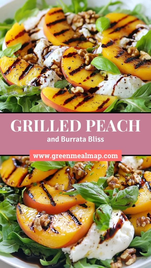 Elevate your summer meals with this delicious Grilled Peach Burrata Salad! This easy burrata cheese recipe combines juicy grilled peaches and peppery arugula for a refreshing summer salad with burrata that's perfect for any occasion. Drizzle with balsamic reduction for a flavorful twist. Perfect for outdoor dining or a light lunch, this arugula salad with peaches will impress your guests. Try it today and savor the taste of summer! #GrilledPeachSalad #BurrataCheeseRecipe #SummerSaladWithBurrata #BalsamicReductionSalad