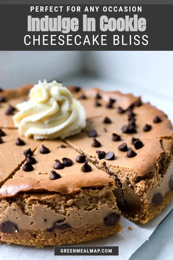 Indulge in this delicious chocolate chip cookie cheesecake, the perfect blend of creamy cheesecake with a cookie crust. This easy cheesecake dessert is a no-bake cheesecake recipe that will impress your guests! With layers of sweetness and mini chocolate chips, it's an ideal treat for any occasion. Don’t miss out on dessert recipes with chocolate chips that everyone will love! Save this recipe now! #ChocolateChipCookieCheesecake #EasyDessert #NoBakeCheesecake #DessertRecipes