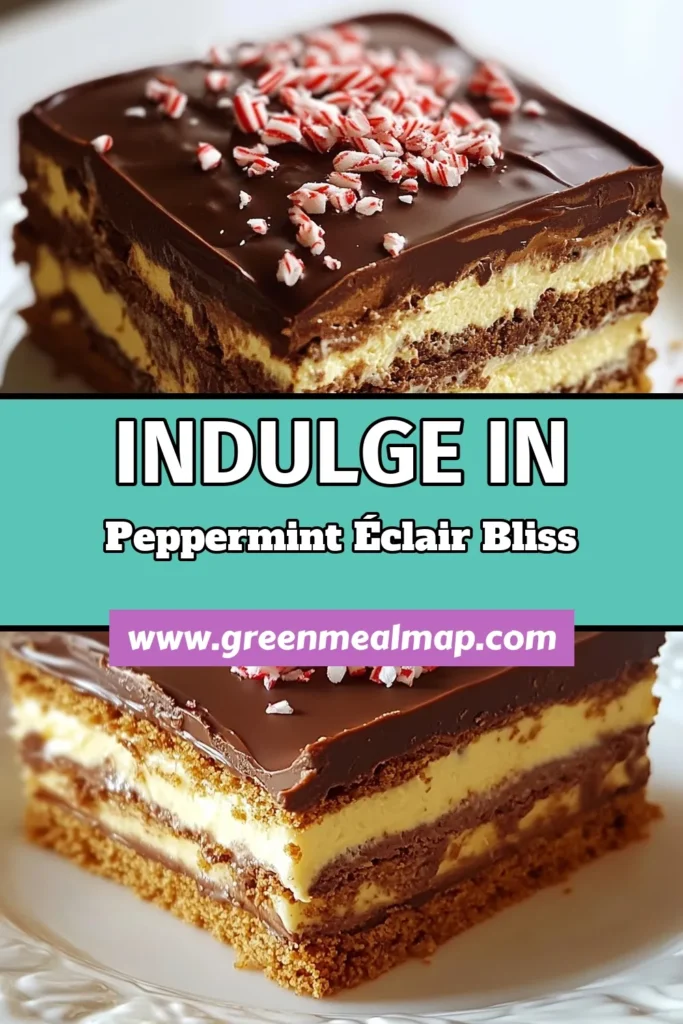 Indulge in the festive flavors of this Peppermint Chocolate Éclair Cake, an easy no-bake dessert recipe that will impress your guests! Made with chocolate graham crackers, rich chocolate pudding, and whipped cream, this delightful treat is perfect for holiday gatherings. Enjoy each sweet bite topped with crushed peppermint candies. Try this easy chocolate éclair cake for a crowd-pleasing dessert that everyone will love! Save this recipe now! #NoBakeDessert #ChocolateGrahamCrackers #PeppermintTreat #ChocolateEclairCake