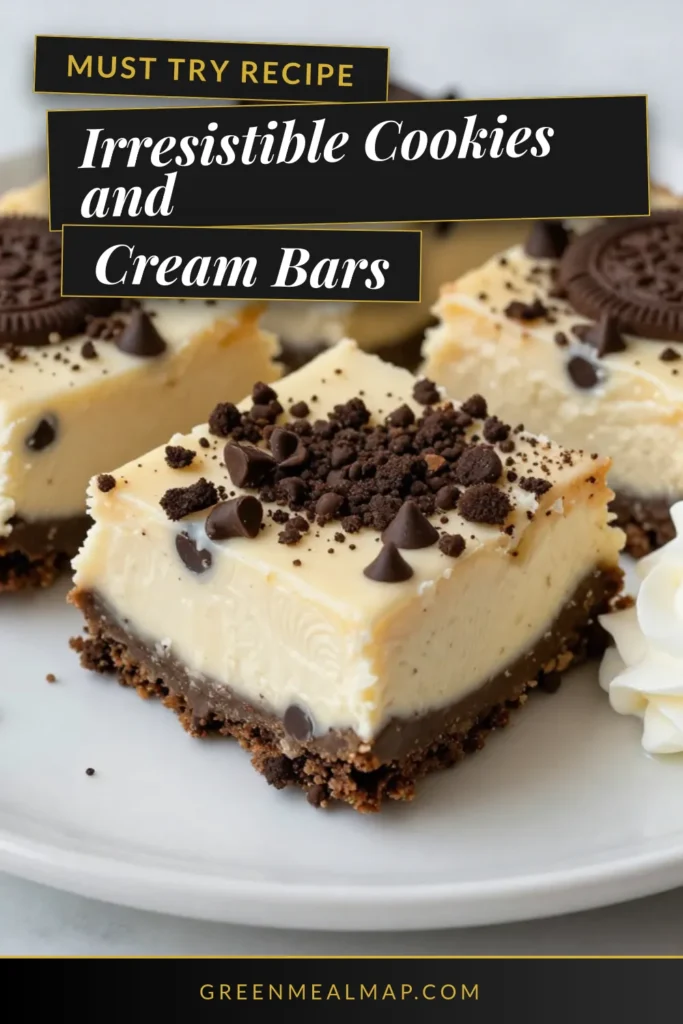 Indulge in the deliciousness of Cookies and Cream Cheesecake Bars, a mouthwatering no-bake cheesecake bars recipe that's simple to make! Featuring a crust made from chocolate sandwich cookies and creamy layers with mini chocolate chips, these easy cheesecake bars are perfect for dessert lovers. Try this delightful treat today and impress your friends and family! Save this cookies and cream dessert for your next gathering! #CookiesAndCream #NoBakeDessert #EasyRecipe #ChocolateLovers