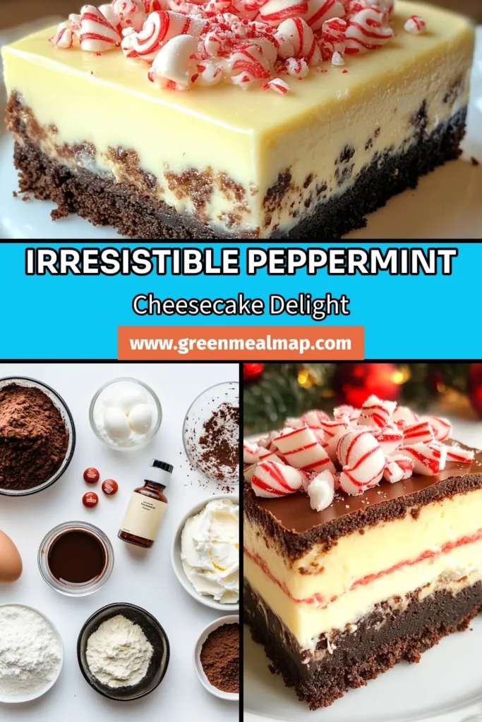 Indulge in this delightful peppermint brownie cheesecake, perfect for your holiday dessert recipes! This easy chocolate cheesecake features a rich brownie base topped with a creamy, no-bake cheesecake layer infused with peppermint. It's a festive treat that's sure to impress at any gathering. Try this simple recipe to create a delicious dessert that everyone will love. Save this peppermint brownie cheesecake for your next holiday get-together! #DessertIdeas #ChocolateDesserts #HolidayBaking #CheesecakeLovers