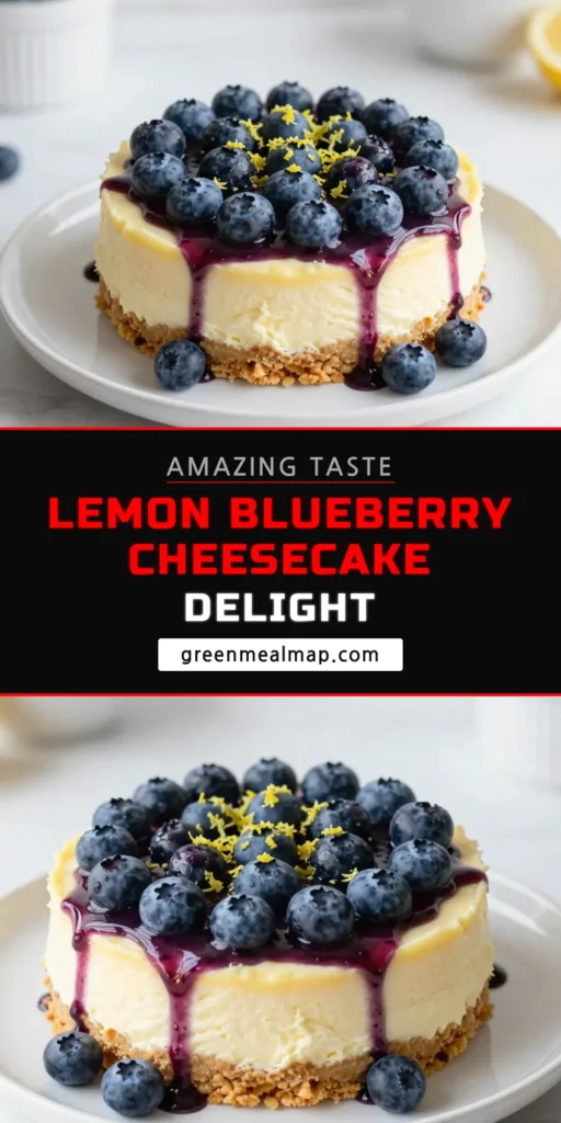 Indulge in this delightful Lemon Blueberry Cheesecake! Perfect for summer gatherings, this no-bake cheesecake recipe combines creamy cream cheese and zesty lemon for a refreshing treat. Add a homemade blueberry topping recipe for a burst of flavor. This easy cheesecake recipe is a showstopper and will impress your guests. Save this Lemon Blueberry Cheesecake for your next celebration! #CheesecakeRecipe #DessertIdeas #Baking #BlueberryDessert