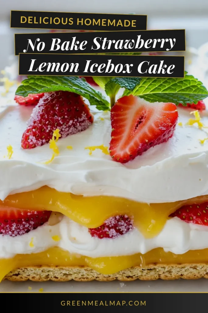 Indulge in this delicious Strawberry Lemon Icebox Cake, a perfect no-bake dessert for warm days! This easy Icebox Cake recipe layers fresh strawberry goodness with creamy lemon curd and light whipped cream for a refreshing treat. Ideal for any occasion, this Lemon Curd Dessert is not just simple to make but also a stunning centerpiece. Try it today and bring a taste of summer to your table! Save this recipe for later! #StrawberryLemonIceboxCake #NoBakeStrawberryCake #LemonCurdDessert #FreshStrawberryDessert