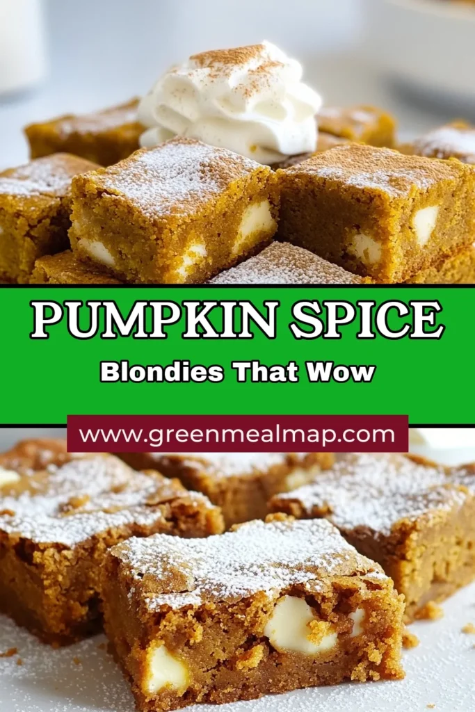 Indulge in this delicious pumpkin spice blondies recipe that captures the essence of fall! These easy pumpkin desserts are perfect for your autumn baking. Loaded with warm spices and optional white chocolate chips, these blondies are the ultimate pumpkin treats for autumn. Bake a batch today and delight your family and friends! Save this recipe for your cozy fall gatherings! #PumpkinSpiceBlondies #FallBaking #PumpkinDessert #BlondiesWithWhiteChocolate