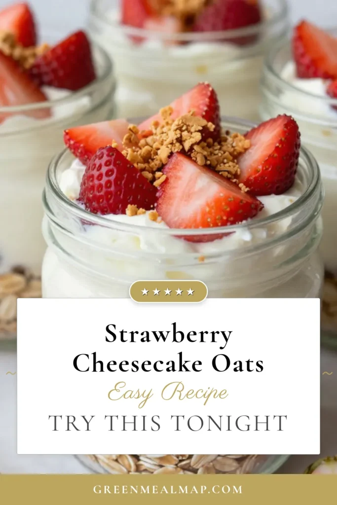 Indulge in a delicious and healthy breakfast with these strawberry cheesecake overnight oats. This easy overnight oats recipe combines creamy Greek yogurt and fresh strawberries for a delightful no-cook oatmeal recipe that's perfect for busy mornings. Made with rolled oats, almond milk, and a hint of cream cheese, it’s a nutritious way to start your day. Try this Greek yogurt oatmeal recipe today! Save this for your next breakfast inspiration! #OvernightOats #HealthyBreakfast #StrawberryCheesecake #NoCookOatmeal