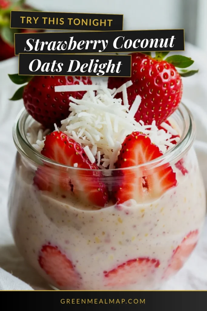Start your day with these delicious Strawberry Coconut Overnight Oats! This vegan strawberry oat recipe combines rolled oats, creamy coconut milk, and Greek yogurt oats with strawberries for a nutritious breakfast. It's an easy breakfast jar recipe packed with flavor and perfect for busy mornings. Just mix, chill, and enjoy! Save this healthy coconut milk oats recipe for your next meal prep! #OvernightOats #VeganRecipes #HealthyBreakfast #StrawberryOats