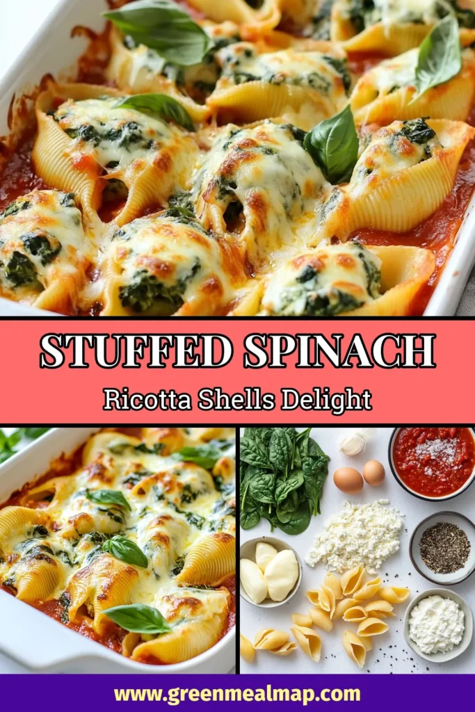 Savor the deliciousness of Spinach Ricotta Stuffed Shells, a delightful vegetarian pasta dish that everyone will love! This easy spinach ricotta recipe features jumbo pasta shells filled with a creamy, cheesy blend and topped with marinara sauce. Perfect for a cozy dinner, this baked pasta with marinara sauce is sure to impress. Try this jumbo pasta shells recipe today and add a tasty twist to your dinner table! #SpinachRicottaStuffedShells #VegetarianPasta #EasyPastaRecipe #ComfortFood