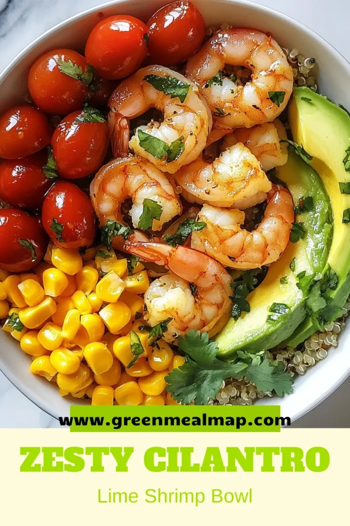 Discover the deliciousness of our cilantro lime shrimp bowl, a vibrant and nutritious dish that's perfect for any meal. This healthy shrimp recipe features succulent shrimp marinated in zesty lime and spices, served over a fluffy quinoa shrimp bowl topped with fresh avocado, cherry tomatoes, and corn. Try this easy lime shrimp recipe for a satisfying dinner that's both healthy and full of flavor. Save this avocado shrimp bowl recipe for your next cooking adventure! #CilantroLimeShrimp #HealthyShrimpRecipes #QuinoaShrimpBowl #LimeShrimpRecipe