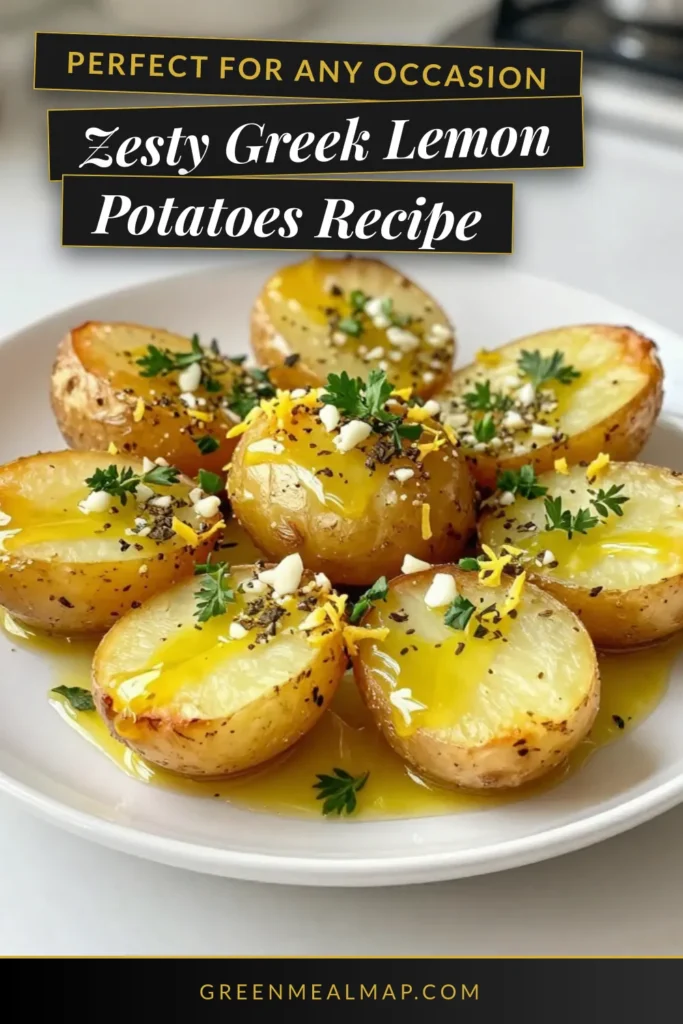 Discover the delightful taste of Greek Lemon Roasted Potatoes! This easy roasted potatoes recipe features tender roasted baby potatoes tossed in a zesty lemon-garlic mixture, perfect for a Mediterranean potato recipe. Elevate your meals with these flavorful lemon garlic potatoes that are sure to impress. Save this recipe for your next gathering and enjoy! #GreekLemonPotatoes #RoastedBabyPotatoes #MediterraneanRecipe #LemonGarlicPotatoes
