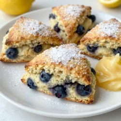 - 2 cups all-purpose flour - 1/2 cup granulated sugar - 1 tablespoon baking powder - 1/2 teaspoon salt - 1/2 cup cold unsalted butter, cubed - 1 cup fresh blueberries (or frozen) - Zest of 1 lemon The main ingredients create a perfect base for blueberry lemon scones. All-purpose flour gives structure. Sugar adds sweetness. Baking powder helps them rise, while salt balances flavor. Cold butter ensures a flaky texture. Blueberries burst with flavor, and lemon zest gives a fresh kick. - 1/2 cup buttermilk - 1 large egg - 1 teaspoon vanilla extract - 2 tablespoons lemon juice The wet ingredients blend well with the dry ones. Buttermilk keeps the scones moist. An egg helps bind everything together. Vanilla extract adds depth, while lemon juice enhances the lemon flavor. These elements make the scones rich and flavorful. - Coarse sugar for sprinkling The coarse sugar adds a crunchy top. It gives the scones a nice finish and extra sweetness. Sprinkling this on top before baking makes them look even better. This simple touch goes a long way in presentation and taste. {{ingredient_image_1}} First, set your oven to 400°F (200°C). This is important for even baking. While the oven heats, line a baking sheet with parchment paper. This helps prevent sticking and makes cleanup easy. In a large bowl, combine 2 cups of all-purpose flour, 1/2 cup of granulated sugar, 1 tablespoon of baking powder, and 1/2 teaspoon of salt. Whisk these dry ingredients together well. This step is key for mixing flavors and textures. Next, add 1/2 cup of cold, cubed unsalted butter to your flour mix. Using a pastry cutter or your fingers, work the butter into the flour until it looks like coarse crumbs. Then, gently fold in 1 cup of fresh blueberries and the zest of 1 lemon. Make sure they are spread evenly for great flavor in each bite. In a separate bowl, whisk together 1/2 cup of buttermilk, 1 large egg, 1 teaspoon of vanilla extract, and 2 tablespoons of lemon juice. Mix these well until everything is blended. This mixture will bring moisture to your dough. Now, pour the wet mixture into the bowl with the dry ingredients. Stir gently until just combined. Be careful not to over-mix. The dough should feel slightly sticky but not too wet. Turn the dough out onto a floured surface. Shape it into a 1-inch thick circle. Cut the dough into 8 wedges or use a round cutter for individual scones. Place the scones on your prepared baking sheet. Brush the tops with a bit of buttermilk. Sprinkle with coarse sugar for a sweet touch. Bake for 15-20 minutes. They should be golden brown. A toothpick should come out clean when inserted. Enjoy them warm! To get fluffy scones, keep a few things in mind. First, use cold ingredients. Cold butter helps to create a light texture. Next, avoid over-mixing the dough. Mix just until the wet and dry ingredients combine. Over-mixing can lead to tough scones. You want a sticky dough, not a firm one. Balancing the ingredients is key. Use a full cup of blueberries for sweetness and juiciness. The lemon zest adds fresh flavor. Make sure to fold it in gently with the blueberries. This way, you get bursts of flavor in each bite. Don't skip the lemon juice; it brings out the blueberry taste. Presentation is important for any dish. Dust the warm scones with powdered sugar before serving. This adds a nice touch. Serve them with lemon curd or clotted cream for added enjoyment. It makes for a delightful treat! Arrange the scones on a pretty plate to impress your guests. Pro Tips Use Cold Ingredients: Ensure your butter and buttermilk are cold to achieve a flaky texture in your scones. Don't Overmix: Mix the dough just until combined to keep the scones tender and light. Experiment with Add-ins: Feel free to substitute blueberries with other fruits like raspberries or add nuts for extra crunch. Brush with Buttermilk: Brushing the tops with buttermilk before baking gives the scones a beautiful golden color and a slight crisp. {{image_2}} To make gluten-free blueberry lemon scones, you can use different flours. Here are some great options: - Almond flour - Coconut flour - Gluten-free all-purpose flour These substitutes work well. Just remember to add a binding agent like xanthan gum or flaxseed meal. This helps the scones hold together and gives them a nice texture. For vegan blueberry lemon scones, you need to swap out dairy and eggs. Here are some plant-based replacements: - Use almond milk or oat milk instead of buttermilk. - Replace the egg with a flax egg. To make this, mix 1 tablespoon of ground flaxseed with 2.5 tablespoons of water. Let it sit for 5 minutes. These changes keep the scones moist and flavorful. You can add more zing to your scones with herbs or spices. Here are some ideas: - Add fresh thyme for a herbal touch. - Try ginger for a sweet and spicy kick. These ingredients can enhance the taste and make your scones even more special. Feel free to experiment and find your perfect flavor! To keep your blueberry lemon scones fresh, store them in an airtight container. Place a piece of parchment paper between layers to prevent sticking. They stay good for up to three days at room temperature. If you want them to last longer, put them in the fridge. They will stay fresh for about a week. Freezing is a great way to save scones for later. You can freeze them before or after baking. If you freeze unbaked scones, place them on a baking sheet first. Put the sheet in the freezer until they are solid. Then, transfer the scones to a freezer bag. They last up to three months this way. For baked scones, let them cool completely. Wrap them in plastic wrap and then in foil before freezing. They will also last about three months when frozen. To enjoy your scones warm, you can reheat them in several ways. For best results, preheat your oven to 350°F (175°C). Place the scones on a baking sheet and heat for about 10 minutes. If you want a quicker method, use a microwave. Heat them for about 15-20 seconds. However, this method may make them a bit soft, so keep that in mind. Enjoy your scones fresh and warm! Yes, you can use frozen blueberries. They work well in scones. Frozen berries may release more juice than fresh ones. This can change the color of the dough. If you use frozen blueberries, do not thaw them. Add them directly to the dough for the best results. Look for golden brown tops. A toothpick inserted into a scone should come out clean. The edges will also feel firm to the touch. If they are still wet inside, bake for a few more minutes. Keep an eye on them to avoid over-baking. I love serving these scones with lemon curd. Clotted cream also pairs well. A cup of tea is a delightful choice too. For a fun twist, try some fresh fruit on the side. Enjoying them warm makes the experience even better. In this blog post, we explored the delightful world of blueberry lemon scones. We covered the essential ingredients, step-by-step baking instructions, and tips for perfecting your scones. You can enjoy delicious variations, including gluten-free and vegan options. Remember, the key to great scones lies in not over-mixing and balancing flavors. Store them properly to keep them fresh for longer. Now, you have all the tools to create your own tasty treats! Enjoy baking and sharing these scones with friends and family.