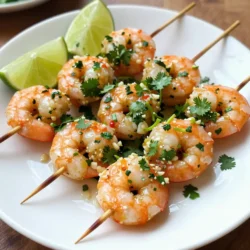 - 1 pound large shrimp, peeled and deveined - 1/4 cup fresh cilantro, finely chopped - Zest and juice of 2 limes - 2 tablespoons olive oil - 2 cloves garlic, minced - 1 teaspoon cumin - 1/2 teaspoon red pepper flakes (optional for heat) - Salt and pepper to taste - Skewers (wooden or metal) When measuring, use dry measuring cups for solid items. For liquids, use a clear measuring cup. This helps you see the amount better. Use a microplane for zesting limes. It gives you fine zest, perfect for flavor. For garlic, mince it small for even taste. A teaspoon or tablespoon measure works well for spices. Always choose fresh shrimp. Look for firm, shiny shells. The shrimp should smell like the ocean, not fishy. If using frozen shrimp, thaw them in the fridge overnight. This keeps them fresh and safe. Fresh shrimp cooks better and tastes great. They soak up the marinade well, giving you more flavor. {{ingredient_image_1}} Start by making the marinade. In a medium bowl, mix the following ingredients: - 1/4 cup fresh cilantro, finely chopped - Zest and juice of 2 limes - 2 tablespoons olive oil - 2 cloves garlic, minced - 1 teaspoon cumin - 1/2 teaspoon red pepper flakes (optional for heat) - Salt and pepper to taste Stir everything together until well blended. This mixture will give your shrimp a fresh and zesty flavor. Next, it's time to add the shrimp. You will need 1 pound of large shrimp, peeled and deveined. Toss the shrimp in the marinade until they are fully coated. Let the shrimp marinate for at least 15 to 30 minutes. This step helps the shrimp soak up the flavors. If you are short on time, even a quick 15-minute soak will work. Just remember, the longer the shrimp sit in the marinade, the more flavor they will absorb. Now, preheat your grill or grill pan to medium-high heat. If you use wooden skewers, soak them in water for at least 30 minutes to prevent burning. Thread the marinated shrimp onto the skewers, leaving space between each piece. This helps them cook evenly. Grill the skewers for about 2 to 3 minutes on each side. Watch them closely! Shrimp cook quickly. They are done when they turn opaque. If you overcook them, they can become tough. Once cooked, remove the skewers from the grill and let them rest for a minute. Serve hot with extra lime wedges. You can also garnish with more cilantro for a fresh touch. When you skewer shrimp, use metal or soaked wooden skewers. This helps prevent burning. Leave a small space between each shrimp. This allows heat to circulate and cook them evenly. If you want, you can add colorful veggies between the shrimp. Bell peppers or zucchini work great. They add flavor and make the skewers more fun! Grill the skewers on medium-high heat. This gives you a nice char and flavor. Cook the shrimp for 2-3 minutes on each side. They should turn opaque and curl slightly. Watch closely to avoid overcooking. Overcooked shrimp become tough and chewy. Aim for that perfect balance of juicy and tender. One common mistake is not marinating long enough. Letting shrimp soak for 15-30 minutes makes a big difference. It helps the shrimp soak up all the tasty flavors. Be careful not to use frozen shrimp without thawing first. Cooking shrimp from frozen can lead to uneven cooking. Lastly, check for freshness before buying shrimp. Look for a clean smell and firm texture. This ensures you get the best taste from your dish! Pro Tips Perfectly Cooked Shrimp: Keep an eye on the shrimp while grilling. They only need about 2-3 minutes per side; overcooking can make them tough. Enhance the Marinade: For an extra burst of flavor, let the shrimp marinate for longer, up to 1 hour, in the refrigerator. Choose the Right Skewers: If using wooden skewers, soak them in water for at least 30 minutes to prevent burning on the grill. Serving Suggestions: Pair the skewers with a fresh salad or avocado salsa for a refreshing meal that's perfect for summer. {{image_2}} To make spicy cilantro lime shrimp skewers, add more heat. You can use more red pepper flakes or add sliced jalapeños to the marinade. If you want a kick, try adding a dash of hot sauce. This will make your skewers stand out with bold flavors. The spicy kick pairs well with the fresh lime and cilantro. Adding vegetables can enhance your skewers. Bell peppers, red onions, and zucchini work well. Cut them into similar sizes as the shrimp. Toss them in the same marinade for extra flavor. Thread shrimp and veggies onto the skewers for a colorful meal. This adds nutrition and makes your dish more fun. You can try different marinades to mix things up. For a tropical twist, use coconut milk with lime juice. A soy sauce and ginger mix gives an Asian flair. You can also use a simple garlic and herb blend. Each marinade will change the taste while keeping it easy to make. Feel free to experiment with your favorite flavors! After cooking your shrimp skewers, let them cool. Place any leftovers in an airtight container. Store them in the fridge for up to three days. If you want to keep them longer, freezing is a great option. Just make sure to separate them with parchment paper. If you want to freeze marinated shrimp, do it before cooking. Place the shrimp in a freezer-safe bag. Add the marinade, then seal the bag tightly. You can freeze them for up to three months. When you’re ready, just thaw them in the fridge overnight before grilling. To reheat your shrimp skewers, use the oven or grill. Preheat the oven to 350°F. Place the skewers on a baking sheet and cover them with foil. Heat for about 10-15 minutes. If grilling, set the grill to medium heat. Grill the skewers for a few minutes until they are heated through. This keeps the shrimp juicy and flavorful. You should marinate shrimp for at least 15 to 30 minutes. This time lets the flavors soak in. If you can wait longer, up to an hour is even better. Just don’t go overboard. Too long can make shrimp mushy. Yes, you can use frozen shrimp. Just make sure to thaw them first. Place the shrimp in cold water for about 15 minutes. After they thaw, peel and devein them if needed. This shrimp works great with the marinade. Several side dishes complement cilantro lime shrimp skewers nicely. Here are a few ideas: - Rice: Serve with cilantro lime rice for a fresh taste. - Salad: A light green salad adds crunch and freshness. - Grilled Veggies: Zucchini and bell peppers taste great alongside the shrimp. - Tortillas: Serve with warm tortillas for a fun meal. These sides enhance the meal and make it more filling. In this post, we covered key ingredients for shrimp skewers and measuring tips. We explored how to prepare the marinade and grill shrimp to perfection. I shared tips for skewering, cooking times, and avoiding mistakes. Unique variations, including spicy options and adding vegetables, were suggested. Lastly, we discussed storing and reheating leftovers. Mastering shrimp skewers lets you enjoy tasty meals. With practice, you’ll make perfect skewers every time. Enjoy your cooking adventures!
