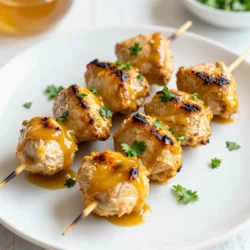 - 1 pound chicken breast, cut into 1-inch cubes - 1/3 cup honey - 1/4 cup Dijon mustard - 2 tablespoons olive oil - 2 tablespoons soy sauce - 2 garlic cloves, minced - 1 teaspoon smoked paprika - Salt and black pepper to taste - Wooden or metal skewers (if using wooden, soak them in water for 30 minutes) - Optional: fresh parsley, chopped (for garnish) For the chicken, you can use thighs if you prefer more flavor. If you want a sweeter taste, add more honey. For a spicier kick, use spicy mustard instead of Dijon. You can swap olive oil for another oil, like avocado oil. If you need a soy sauce alternative, try coconut aminos. You will need a medium bowl for mixing the marinade. A whisk helps to blend the ingredients well. Skewers are important for grilling. If you use wooden skewers, soak them in water for 30 minutes to prevent burning. Finally, a grill or grill pan is key to cooking the chicken evenly. {{ingredient_image_1}} First, grab a medium bowl. In it, whisk together 1/3 cup honey and 1/4 cup Dijon mustard. Next, add 2 tablespoons of olive oil and 2 tablespoons of soy sauce. Toss in 2 minced garlic cloves and 1 teaspoon of smoked paprika. Add salt and black pepper to taste. Mix this well until it blends nicely. Now, take 1 pound of chicken breast and cut it into 1-inch cubes. Place the chicken into the marinade, making sure every piece gets coated. Cover the bowl and refrigerate for at least 30 minutes. If you want more flavor, marinate for up to 2 hours. While the chicken is marinating, it’s time to prepare your grill. Preheat your grill or grill pan over medium-high heat. If you’re using wooden skewers, remember to soak them in water for 30 minutes. This step helps prevent burning on the grill. If you have metal skewers, you can skip this. Once your grill is hot, thread the marinated chicken pieces onto the skewers. Make sure to leave a little space between each piece. This helps them cook evenly. Place the skewers on the grill and cook for about 10-12 minutes. Turn them occasionally until the chicken is cooked through. Check that the internal temperature reaches 165°F (75°C). After grilling, remove the skewers and let them rest for a few minutes. If you like, garnish with fresh chopped parsley before serving. Enjoy! To make your honey mustard chicken skewers shine, marinate the chicken well. Use a medium bowl to mix honey, Dijon mustard, olive oil, soy sauce, minced garlic, smoked paprika, salt, and pepper. Whisk them together until they blend nicely. Add the chicken cubes and stir until they are fully coated. Cover the bowl with plastic wrap and place it in the fridge. For the best flavor, let it sit for at least 30 minutes. If you can, aim for 2 hours. This helps the chicken soak up all the sweet and tangy goodness. To ensure even cooking, it’s key to prepare your skewers properly. When threading the chicken onto the skewers, leave a little space between each piece. This step allows heat to circulate around the chicken. Preheat your grill or grill pan over medium-high heat. Once ready, place the skewers on the grill and keep an eye on them. Turn them every few minutes. This way, you’ll avoid burning and get nice grill marks. You want the chicken to reach 165°F (75°C) for safe eating. Garnishing brings your dish to life. After grilling, let the skewers rest for a few minutes. This helps keep them juicy. Then, sprinkle fresh chopped parsley over the skewers. The green adds color and freshness to the dish. You can also serve them with lemon wedges. A squeeze of lemon brightens the flavors. For a fun twist, try serving with a side of extra honey mustard for dipping. Enjoy the burst of flavor! Pro Tips Marinate Longer for More Flavor: For a more intense flavor, marinate the chicken for up to 2 hours. This allows the flavors to penetrate the meat better. Use a Meat Thermometer: To ensure your chicken is perfectly cooked, use a meat thermometer to check that the internal temperature reaches 165°F (75°C). Soak Skewers for Moisture: If using wooden skewers, soak them in water for at least 30 minutes before grilling. This prevents them from burning on the grill. Add Veggies for Color: Consider adding bell peppers, zucchini, or cherry tomatoes to your skewers. They add color and additional flavor to the dish. {{image_2}} Do you want to switch up the chicken? You can use shrimp or firm tofu. Both options soak up the honey mustard sauce well. For shrimp, use large ones and grill them for about 3-5 minutes. If you choose tofu, press it to remove water, then cut it into cubes. Marinate as you would chicken, and grill until golden. Want to add a twist to your skewers? Try adding herbs like rosemary or thyme. A splash of lemon juice gives it a fresh zing. You can also use spicy mustard for a kick. If you like sweetness, mix in some brown sugar or maple syrup. Feel free to experiment with your favorite flavors! No grill? No problem! You can cook these skewers in the oven. Preheat it to 400°F (200°C). Place the skewers on a baking sheet lined with foil. Bake for about 15-20 minutes, flipping halfway. For an air fryer, set it to 380°F (193°C) and cook for 8-10 minutes. Both methods yield juicy and tasty skewers! After you enjoy your honey mustard chicken skewers, store any leftovers in an airtight container. The chicken stays fresh in the fridge for about 3 to 4 days. Make sure to let the skewers cool down to room temperature before you put them away. This helps keep the chicken juicy. To reheat the chicken skewers, you can use your grill, oven, or microwave. If you use the grill or oven, heat them at medium heat until warm, about 5 to 7 minutes. This keeps the outside crispy. If you choose the microwave, heat them for 30 seconds at a time. Check the chicken often to avoid overcooking. If you want to save some skewers for later, freeze them! Wrap each skewer tightly in plastic wrap and then in foil. This helps keep the flavor and texture. They can last in the freezer for up to 3 months. When you're ready to cook, thaw them in the fridge overnight before reheating. You should marinate the chicken for at least 30 minutes. This allows the flavors to soak in. If you have time, marinate it for up to 2 hours. The longer it sits, the more tasty it gets. Yes, you can use other types of mustard. Yellow mustard works well if you want a milder taste. Spicy brown mustard can add a kick. Feel free to mix and match to find your favorite flavor. Many sides go great with these skewers. Here are a few ideas: - Grilled vegetables like bell peppers and zucchini - A fresh green salad with vinaigrette - Rice or quinoa for a filling option - Corn on the cob for a sweet touch These sides complement the sweet and tangy flavors of the chicken. This blog post covered the key steps for making honey mustard chicken skewers. We explored the ingredients, measurements, and the tools you need. You learned how to marinate the chicken, prepare the grill, and grill your skewers perfectly. Tips on even cooking and garnishing added extra flavor. We discussed variations with other proteins and cooking methods. Finally, you gained insights on storing leftovers and reheating them. Enjoy your grilling adventure, and remember that the best meals come from a mix of good practices and creativity!