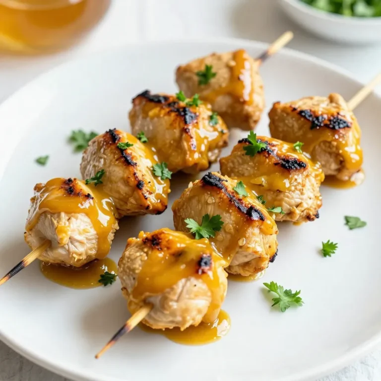 - 1 pound chicken breast, cut into 1-inch cubes - 1/3 cup honey - 1/4 cup Dijon mustard - 2 tablespoons olive oil - 2 tablespoons soy sauce - 2 garlic cloves, minced - 1 teaspoon smoked paprika - Salt and black pepper to taste - Wooden or metal skewers (if using wooden, soak them in water for 30 minutes) - Optional: fresh parsley, chopped (for garnish) For the chicken, you can use thighs if you prefer more flavor. If you want a sweeter taste, add more honey. For a spicier kick, use spicy mustard instead of Dijon. You can swap olive oil for another oil, like avocado oil. If you need a soy sauce alternative, try coconut aminos. You will need a medium bowl for mixing the marinade. A whisk helps to blend the ingredients well. Skewers are important for grilling. If you use wooden skewers, soak them in water for 30 minutes to prevent burning. Finally, a grill or grill pan is key to cooking the chicken evenly. {{ingredient_image_1}} First, grab a medium bowl. In it, whisk together 1/3 cup honey and 1/4 cup Dijon mustard. Next, add 2 tablespoons of olive oil and 2 tablespoons of soy sauce. Toss in 2 minced garlic cloves and 1 teaspoon of smoked paprika. Add salt and black pepper to taste. Mix this well until it blends nicely. Now, take 1 pound of chicken breast and cut it into 1-inch cubes. Place the chicken into the marinade, making sure every piece gets coated. Cover the bowl and refrigerate for at least 30 minutes. If you want more flavor, marinate for up to 2 hours. While the chicken is marinating, it’s time to prepare your grill. Preheat your grill or grill pan over medium-high heat. If you’re using wooden skewers, remember to soak them in water for 30 minutes. This step helps prevent burning on the grill. If you have metal skewers, you can skip this. Once your grill is hot, thread the marinated chicken pieces onto the skewers. Make sure to leave a little space between each piece. This helps them cook evenly. Place the skewers on the grill and cook for about 10-12 minutes. Turn them occasionally until the chicken is cooked through. Check that the internal temperature reaches 165°F (75°C). After grilling, remove the skewers and let them rest for a few minutes. If you like, garnish with fresh chopped parsley before serving. Enjoy! To make your honey mustard chicken skewers shine, marinate the chicken well. Use a medium bowl to mix honey, Dijon mustard, olive oil, soy sauce, minced garlic, smoked paprika, salt, and pepper. Whisk them together until they blend nicely. Add the chicken cubes and stir until they are fully coated. Cover the bowl with plastic wrap and place it in the fridge. For the best flavor, let it sit for at least 30 minutes. If you can, aim for 2 hours. This helps the chicken soak up all the sweet and tangy goodness. To ensure even cooking, it’s key to prepare your skewers properly. When threading the chicken onto the skewers, leave a little space between each piece. This step allows heat to circulate around the chicken. Preheat your grill or grill pan over medium-high heat. Once ready, place the skewers on the grill and keep an eye on them. Turn them every few minutes. This way, you’ll avoid burning and get nice grill marks. You want the chicken to reach 165°F (75°C) for safe eating. Garnishing brings your dish to life. After grilling, let the skewers rest for a few minutes. This helps keep them juicy. Then, sprinkle fresh chopped parsley over the skewers. The green adds color and freshness to the dish. You can also serve them with lemon wedges. A squeeze of lemon brightens the flavors. For a fun twist, try serving with a side of extra honey mustard for dipping. Enjoy the burst of flavor! Pro Tips Marinate Longer for More Flavor: For a more intense flavor, marinate the chicken for up to 2 hours. This allows the flavors to penetrate the meat better. Use a Meat Thermometer: To ensure your chicken is perfectly cooked, use a meat thermometer to check that the internal temperature reaches 165°F (75°C). Soak Skewers for Moisture: If using wooden skewers, soak them in water for at least 30 minutes before grilling. This prevents them from burning on the grill. Add Veggies for Color: Consider adding bell peppers, zucchini, or cherry tomatoes to your skewers. They add color and additional flavor to the dish. {{image_2}} Do you want to switch up the chicken? You can use shrimp or firm tofu. Both options soak up the honey mustard sauce well. For shrimp, use large ones and grill them for about 3-5 minutes. If you choose tofu, press it to remove water, then cut it into cubes. Marinate as you would chicken, and grill until golden. Want to add a twist to your skewers? Try adding herbs like rosemary or thyme. A splash of lemon juice gives it a fresh zing. You can also use spicy mustard for a kick. If you like sweetness, mix in some brown sugar or maple syrup. Feel free to experiment with your favorite flavors! No grill? No problem! You can cook these skewers in the oven. Preheat it to 400°F (200°C). Place the skewers on a baking sheet lined with foil. Bake for about 15-20 minutes, flipping halfway. For an air fryer, set it to 380°F (193°C) and cook for 8-10 minutes. Both methods yield juicy and tasty skewers! After you enjoy your honey mustard chicken skewers, store any leftovers in an airtight container. The chicken stays fresh in the fridge for about 3 to 4 days. Make sure to let the skewers cool down to room temperature before you put them away. This helps keep the chicken juicy. To reheat the chicken skewers, you can use your grill, oven, or microwave. If you use the grill or oven, heat them at medium heat until warm, about 5 to 7 minutes. This keeps the outside crispy. If you choose the microwave, heat them for 30 seconds at a time. Check the chicken often to avoid overcooking. If you want to save some skewers for later, freeze them! Wrap each skewer tightly in plastic wrap and then in foil. This helps keep the flavor and texture. They can last in the freezer for up to 3 months. When you're ready to cook, thaw them in the fridge overnight before reheating. You should marinate the chicken for at least 30 minutes. This allows the flavors to soak in. If you have time, marinate it for up to 2 hours. The longer it sits, the more tasty it gets. Yes, you can use other types of mustard. Yellow mustard works well if you want a milder taste. Spicy brown mustard can add a kick. Feel free to mix and match to find your favorite flavor. Many sides go great with these skewers. Here are a few ideas: - Grilled vegetables like bell peppers and zucchini - A fresh green salad with vinaigrette - Rice or quinoa for a filling option - Corn on the cob for a sweet touch These sides complement the sweet and tangy flavors of the chicken. This blog post covered the key steps for making honey mustard chicken skewers. We explored the ingredients, measurements, and the tools you need. You learned how to marinate the chicken, prepare the grill, and grill your skewers perfectly. Tips on even cooking and garnishing added extra flavor. We discussed variations with other proteins and cooking methods. Finally, you gained insights on storing leftovers and reheating them. Enjoy your grilling adventure, and remember that the best meals come from a mix of good practices and creativity!