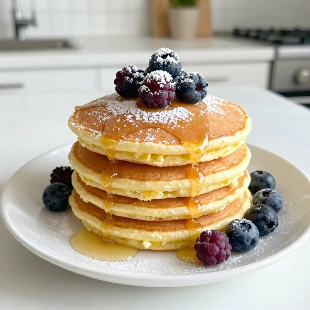 To make tasty lemon ricotta pancakes, you'll need: - 1 cup ricotta cheese - 1 cup all-purpose flour - 2 large eggs - 1/2 cup milk - 1 tablespoon baking powder - 1/4 cup sugar - Zest of 1 lemon - 2 tablespoons lemon juice - 1/2 teaspoon vanilla extract - A pinch of salt - Butter or oil for cooking You can swap some ingredients if needed: - Use Greek yogurt instead of ricotta for a tangy taste. - Substitute almond milk for regular milk for a dairy-free option. - Whole wheat flour works well instead of all-purpose flour for added fiber. - For a vegan version, replace eggs with flax eggs or a banana. To make these pancakes healthier, consider these tips: - Choose low-fat ricotta to cut calories. - Use gluten-free flour for a gluten-free version. - Add fresh fruits like blueberries or bananas to boost nutrition. - Reduce sugar to fit your diet; use ripe bananas for natural sweetness. {{ingredient_image_1}} First, grab a large mixing bowl. Add 1 cup of ricotta cheese to the bowl. Next, crack in 2 large eggs. Pour in 1/2 cup of milk. Add the zest of 1 lemon and 2 tablespoons of lemon juice. Finally, add 1/2 teaspoon of vanilla extract. Whisk these ingredients together well. You want a smooth mix, with no lumps. The zest adds bright flavor, while ricotta makes the pancakes soft. Now, take a separate bowl for the dry ingredients. Mix together 1 cup of all-purpose flour, 1 tablespoon of baking powder, 1/4 cup of sugar, and a pinch of salt. Stir them well. This mix gives the pancakes their structure. The baking powder makes them rise, creating that fluffy texture we love. Heat a non-stick skillet over medium heat. Add a little butter or oil to coat the pan. Once hot, pour about 1/4 cup of batter for each pancake. Cook for 2-3 minutes. Look for bubbles on top and edges that look set. This tells you it’s time to flip. Cook the other side for another 2-3 minutes until golden brown. Remove the pancakes from the skillet and keep them warm. Repeat this step for the rest of the batter. Enjoy the wonderful aroma filling your kitchen as you cook! To make your lemon ricotta pancakes fluffy, focus on mixing. Combine wet and dry ingredients until just mixed. A few lumps are fine; they help keep the pancakes light. The ricotta adds moisture and air, making them soft. Using fresh ingredients also helps, especially with the lemon. Always measure your flour correctly. Too much flour can lead to dense pancakes. The right heat is key when cooking pancakes. Use medium heat to cook them evenly. A non-stick skillet or griddle works best. Add a small amount of butter or oil to prevent sticking. Pour the batter in 1/4 cup amounts. Wait for bubbles to form; this shows they are ready to flip. Cook until golden brown on both sides for the best taste. Serve your pancakes stacked high for a nice look. Drizzle with maple syrup or honey for sweetness. Fresh berries like blueberries or strawberries add color and flavor. A sprinkle of powdered sugar can give a lovely touch. For extra zing, garnish with more lemon zest. Enjoy them warm for the best experience! Pro Tips Use Fresh Lemons: For the best flavor, use fresh lemons for zest and juice instead of bottled lemon juice. Don't Overmix: Gently stir the batter until just combined to keep the pancakes fluffy. A few lumps are fine! Control the Heat: Ensure your skillet is at medium heat. If it's too hot, the pancakes will burn before cooking through. Add Mix-Ins: Experiment with adding blueberries or chocolate chips to the batter for an extra flavor boost! {{image_2}} You can easily change the flavor of your lemon ricotta pancakes. Adding berries like blueberries or raspberries makes them sweet and bright. Just fold in one cup of fresh or frozen berries into the batter. Chocolate chips are another fun option. They add a creamy richness that pairs well with the lemon flavor. Try adding half a cup of mini chocolate chips for a sweet twist. If you want a twist on the classic lemon taste, consider using orange zest instead. This change gives your pancakes a fresh, citrusy flavor. Use the zest from one orange to keep the balance right. You can also mix in some cinnamon for warmth. Just add a teaspoon to the dry ingredients for a cozy touch. You can make these pancakes vegan with a few easy swaps. Replace the ricotta cheese with a plant-based option like tofu or almond yogurt. Use flax eggs instead of regular eggs. To make one flax egg, mix one tablespoon of ground flaxseed with three tablespoons of water and let it sit for a few minutes. Use non-dairy milk instead of regular milk, and your pancakes will still be fluffy and delicious! To keep your lemon ricotta pancakes fresh, let them cool completely. Stack the pancakes with parchment paper between each one. This step prevents them from sticking together. Then, place the stack in an airtight container. Store them in the fridge for up to three days. If you want to keep them longer, freezing is a great option. When you're ready to enjoy your pancakes again, you have a couple of easy options. For a quick reheat, use the microwave. Place a pancake on a microwave-safe plate, cover it with a damp paper towel, and heat for about 30 seconds. If you prefer a crispier texture, use a skillet. Heat it over low to medium heat, add a tiny bit of butter, and warm each pancake for about one minute on each side. Freezing lemon ricotta pancakes is simple and effective. After cooling, place them in a single layer on a baking sheet. Freeze them for about an hour until solid. Then, transfer the pancakes to a freezer-safe bag or container. Label the bag with the date. You can freeze them for up to two months. When you want to eat them, just follow the reheating instructions above. Enjoy the same fluffy goodness anytime! Yes, you can make Lemon Ricotta Pancakes ahead of time. Cook the pancakes as normal. After cooking, let them cool. Once cool, stack them between sheets of parchment paper. Place the stack in an airtight container. Store in the fridge for up to three days. You can also freeze them. For freezing, use a freezer bag or airtight container. They will last for up to three months. When ready to eat, reheat in a toaster or skillet. This makes breakfast quick and easy! These pancakes pair well with many toppings. Here are some ideas to try: - Maple syrup - Fresh berries (like strawberries or blueberries) - Sliced bananas - A dusting of powdered sugar - Whipped cream - Greek yogurt - A sprinkle of extra lemon zest Feel free to mix and match your favorites. The toppings add flavor and color. You can create a fun breakfast plate! To keep your pancakes light and fluffy, avoid overmixing the batter. Mix until just combined; some lumps are okay. The baking powder helps the pancakes rise. Fresh baking powder gives the best lift, so check the date. Let the batter rest for a few minutes before cooking. This allows the flour to hydrate and the baking powder to activate. Finally, use medium heat when cooking. High heat can cook the outside too fast, making the insides dense. Enjoy your fluffy pancakes! This article covered everything you need for delicious Lemon Ricotta Pancakes. We explored ingredients, substitutions, and health tips. You learned simple steps to mix, prepare, and cook the pancakes for great results. I shared tips to make them fluffy and the best ways to cook them. You discovered fun variations to change flavors and how to store pancakes. Pancakes can be easy and fun to make. Enjoy experimenting with new flavors and sharing them with others. Happy cooking!