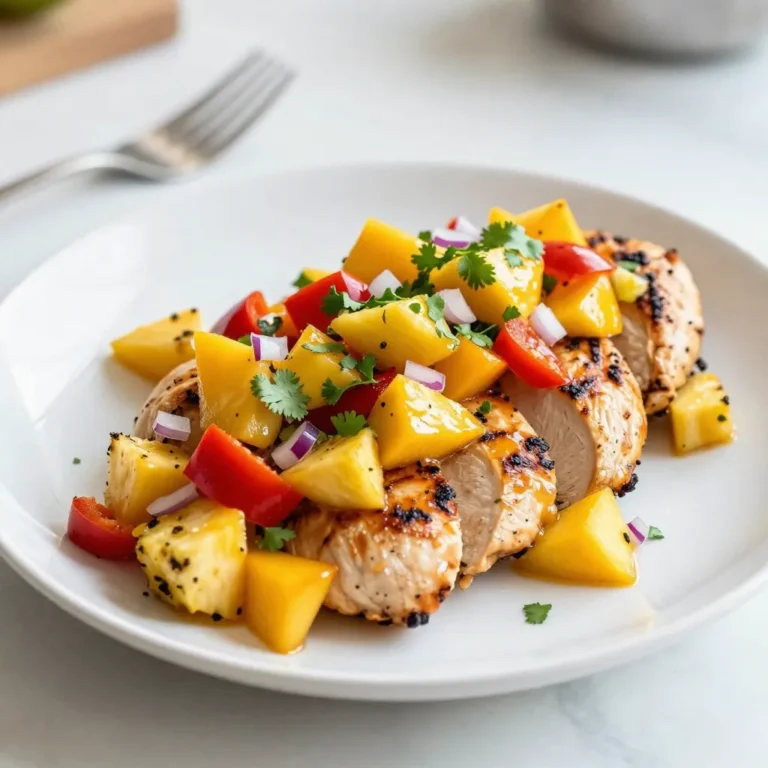 - 4 boneless, skinless chicken breasts - 1 ripe mango, diced - 1 cup fresh pineapple, diced - 1 red bell pepper, diced - 1/4 cup red onion, finely chopped - 1 jalapeño, deseeded and minced (optional for heat) - 2 tablespoons lime juice - 1 tablespoon olive oil - Salt and pepper to taste - Fresh cilantro, chopped The base of this dish starts with the chicken. I prefer boneless, skinless breasts for a lean option. They cook evenly and are easy to slice after grilling. Next, the salsa brings the magic. A ripe mango and fresh pineapple add a sweet twist. The red bell pepper gives it a nice crunch and color. Using red onion adds a sharp bite. If you like heat, add a minced jalapeño. I often opt for it, but it’s up to you. Lime juice brightens the flavors, while olive oil helps keep the chicken juicy. Finally, salt and pepper are essential. They enhance every ingredient. Fresh cilantro adds a pop of green. It also gives a fresh taste that balances the sweetness of the salsa. Gather all these ingredients, and you’re ready to create a colorful and tasty dish! {{ingredient_image_1}} To start, grab a medium bowl. Combine the diced mango, fresh pineapple, red bell pepper, red onion, and jalapeño if you want some heat. The sweet fruit pairs well with the crunch of the pepper. Next, squeeze in two tablespoons of lime juice. This adds a zesty kick. Don’t forget to add a pinch of salt and pepper. Toss everything gently and set it aside. Letting it sit helps the flavors mix and grow. Now, let’s get the chicken ready. First, pat the chicken breasts dry using paper towels. Drying them helps the seasoning stick. Rub each breast with olive oil. This adds flavor and helps with grilling. Season both sides generously with salt and pepper. Make sure every inch is coated. This step is key to a tasty chicken. Next, preheat your grill or a grill pan over medium-high heat. Once hot, place the chicken breasts on the grill. Grill them for about 6-7 minutes on each side. You want the chicken to reach an internal temperature of 165°F (75°C). This ensures it is safe to eat. After grilling, remove the chicken and let it rest for a few minutes. Resting keeps the juices in, making the chicken tender. Time to plate your delicious creation! Slice the grilled chicken breasts into strips. Arrange them nicely on a plate. Next, take that fresh Mango Pineapple Salsa and spoon it generously over the chicken. The colorful salsa adds a vibrant touch and a burst of flavor. To finish, sprinkle some freshly chopped cilantro on top of the salsa. This adds a pop of color and flavor. For a bright touch, serve the dish with lime wedges on the side. The extra lime gives a fresh zing that elevates the dish. Enjoy your Mango Pineapple Salsa Chicken, a true delight for the senses! When selecting chicken breasts, look for ones that are plump and pink. Avoid any that are slimy or have dark spots. Fresh chicken tastes best and cooks evenly. You can marinate the chicken for extra flavor. A simple mix of lime juice, olive oil, and spices works well. Let it sit for at least 30 minutes. This helps the chicken soak in all the good flavors. To adjust the sweetness, add more mango or pineapple. For a spicier kick, toss in extra jalapeño. Always taste as you go. Letting the salsa sit for 15-30 minutes allows the flavors to blend. This step is key to making the salsa really pop. To keep the chicken juicy, avoid overcooking. Use a meat thermometer to check for 165°F (75°C). If you don't have a grill, you can bake the chicken at 400°F (200°C) for 20-25 minutes. Another option is pan-searing. Just use a bit of oil in a hot skillet. This will give you a nice sear and keep the chicken moist. Pro Tips Choose Ripe Fruit: Make sure to select a ripe mango and pineapple for the best flavor. A ripe mango should give slightly when pressed and have a sweet aroma. Marinate for Extra Flavor: For a more intense flavor, consider marinating the chicken in lime juice, olive oil, and spices for at least 30 minutes before grilling. Use a Meat Thermometer: To ensure perfectly cooked chicken, use a meat thermometer to check that the internal temperature reaches 165°F (75°C). Customize Your Salsa: Feel free to add other ingredients to your salsa, such as diced avocado, mango, or even black beans for a unique twist. {{image_2}} You can swap fruits for a new twist. Try using diced papaya or kiwi. These fruits add sweetness and a unique flavor. Seasonal fruits can also shine. Use peaches in summer or apples in fall. Each fruit brings its own taste and texture. This keeps the dish fresh and fun! Want some heat? Add different peppers to the salsa. You can use serrano or habanero for more spice. Simply adjust the amount to match your heat level. If you prefer mild, stick to the jalapeño. Removing the seeds helps lower the heat too. This way, you can make the salsa just right for you! You can serve this dish in many ways. Pair it with rice or quinoa for a hearty meal. Both add great texture and soak up the salsa. Another option is to use it in tacos. Just fill a soft tortilla with the chicken and salsa. You can even make a salad with greens, chicken, and salsa. Each style gives a new experience to enjoy! To keep your leftovers fresh, store them right. First, let the chicken cool to room temperature. Then, place it in an airtight container. This helps keep moisture in. For the salsa, transfer it to a separate container. A glass jar works well. Make sure to seal both tightly. In the fridge, your chicken can last up to three days. Salsa stays fresh for about two days. If you want to save them longer, consider freezing. Chicken can be frozen for up to three months. Salsa can be frozen too but may change texture when thawed. When reheating chicken, use the oven for the best results. Preheat it to 350°F (175°C). Wrap the chicken in foil to keep it moist. Heat for about 15 to 20 minutes. For the salsa, avoid the microwave. Instead, let it sit at room temperature for a few minutes. This helps keep the flavors bright and fresh. Yes, you can use frozen chicken breasts. However, you need to adjust the cooking time. Frozen chicken takes longer to cook through. Make sure to cook it until the inside reaches 165°F (75°C). This ensures it's safe to eat and has good texture. Absolutely! This recipe is great for meal prep. You can cook the chicken and salsa in advance. Store them in separate containers. When ready to eat, just heat the chicken and top it with fresh salsa. To add heat, try a few options. You can increase the amount of jalapeño in the salsa. You can also add red pepper flakes or a dash of hot sauce. Each option gives a nice kick without overpowering the dish. Yes, canned pineapple works in a pinch. However, it may change the taste and texture. Canned pineapple is softer and sweeter. Make sure to drain it well to avoid excess juice in the salsa. This dish pairs well with several sides. You can serve it with rice or quinoa for a hearty meal. A simple green salad adds freshness, too. Consider chips and guacamole for a fun twist. This blog post covers how to make a flavorful Mango Pineapple Salsa Chicken. We explored the main ingredients, like chicken, mango, and pineapple. I provided step-by-step instructions for preparation and cooking. Tips on choosing quality chicken and perfecting your salsa are included. Variations let you customize your dish too. In conclusion, this recipe blends fresh ingredients to create a tasty meal. I hope you try it and enjoy the vibrant flavors!