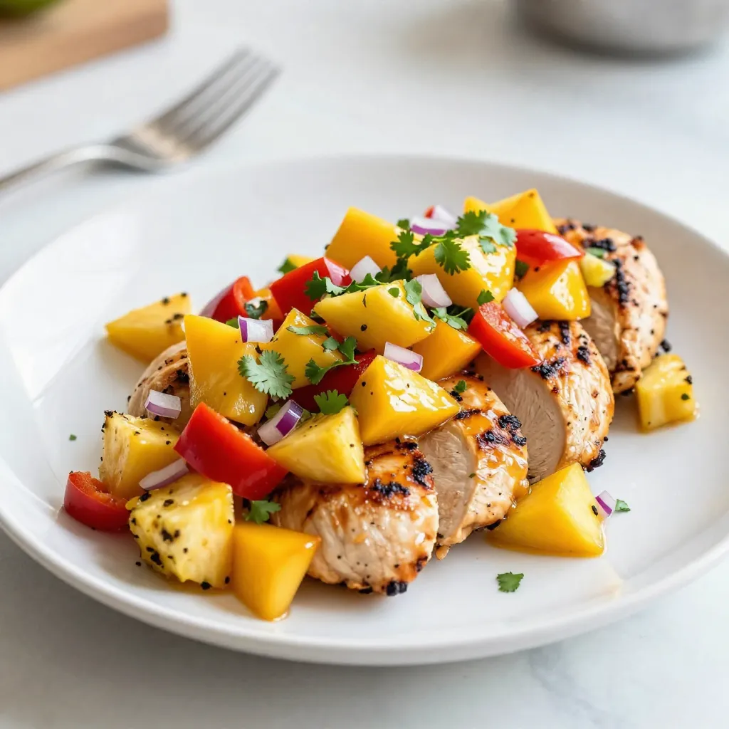 - 4 boneless, skinless chicken breasts - 1 ripe mango, diced - 1 cup fresh pineapple, diced - 1 red bell pepper, diced - 1/4 cup red onion, finely chopped - 1 jalapeño, deseeded and minced (optional for heat) - 2 tablespoons lime juice - 1 tablespoon olive oil - Salt and pepper to taste - Fresh cilantro, chopped The base of this dish starts with the chicken. I prefer boneless, skinless breasts for a lean option. They cook evenly and are easy to slice after grilling. Next, the salsa brings the magic. A ripe mango and fresh pineapple add a sweet twist. The red bell pepper gives it a nice crunch and color. Using red onion adds a sharp bite. If you like heat, add a minced jalapeño. I often opt for it, but it’s up to you. Lime juice brightens the flavors, while olive oil helps keep the chicken juicy. Finally, salt and pepper are essential. They enhance every ingredient. Fresh cilantro adds a pop of green. It also gives a fresh taste that balances the sweetness of the salsa. Gather all these ingredients, and you’re ready to create a colorful and tasty dish! {{ingredient_image_1}} To start, grab a medium bowl. Combine the diced mango, fresh pineapple, red bell pepper, red onion, and jalapeño if you want some heat. The sweet fruit pairs well with the crunch of the pepper. Next, squeeze in two tablespoons of lime juice. This adds a zesty kick. Don’t forget to add a pinch of salt and pepper. Toss everything gently and set it aside. Letting it sit helps the flavors mix and grow. Now, let’s get the chicken ready. First, pat the chicken breasts dry using paper towels. Drying them helps the seasoning stick. Rub each breast with olive oil. This adds flavor and helps with grilling. Season both sides generously with salt and pepper. Make sure every inch is coated. This step is key to a tasty chicken. Next, preheat your grill or a grill pan over medium-high heat. Once hot, place the chicken breasts on the grill. Grill them for about 6-7 minutes on each side. You want the chicken to reach an internal temperature of 165°F (75°C). This ensures it is safe to eat. After grilling, remove the chicken and let it rest for a few minutes. Resting keeps the juices in, making the chicken tender. Time to plate your delicious creation! Slice the grilled chicken breasts into strips. Arrange them nicely on a plate. Next, take that fresh Mango Pineapple Salsa and spoon it generously over the chicken. The colorful salsa adds a vibrant touch and a burst of flavor. To finish, sprinkle some freshly chopped cilantro on top of the salsa. This adds a pop of color and flavor. For a bright touch, serve the dish with lime wedges on the side. The extra lime gives a fresh zing that elevates the dish. Enjoy your Mango Pineapple Salsa Chicken, a true delight for the senses! When selecting chicken breasts, look for ones that are plump and pink. Avoid any that are slimy or have dark spots. Fresh chicken tastes best and cooks evenly. You can marinate the chicken for extra flavor. A simple mix of lime juice, olive oil, and spices works well. Let it sit for at least 30 minutes. This helps the chicken soak in all the good flavors. To adjust the sweetness, add more mango or pineapple. For a spicier kick, toss in extra jalapeño. Always taste as you go. Letting the salsa sit for 15-30 minutes allows the flavors to blend. This step is key to making the salsa really pop. To keep the chicken juicy, avoid overcooking. Use a meat thermometer to check for 165°F (75°C). If you don't have a grill, you can bake the chicken at 400°F (200°C) for 20-25 minutes. Another option is pan-searing. Just use a bit of oil in a hot skillet. This will give you a nice sear and keep the chicken moist. Pro Tips Choose Ripe Fruit: Make sure to select a ripe mango and pineapple for the best flavor. A ripe mango should give slightly when pressed and have a sweet aroma. Marinate for Extra Flavor: For a more intense flavor, consider marinating the chicken in lime juice, olive oil, and spices for at least 30 minutes before grilling. Use a Meat Thermometer: To ensure perfectly cooked chicken, use a meat thermometer to check that the internal temperature reaches 165°F (75°C). Customize Your Salsa: Feel free to add other ingredients to your salsa, such as diced avocado, mango, or even black beans for a unique twist. {{image_2}} You can swap fruits for a new twist. Try using diced papaya or kiwi. These fruits add sweetness and a unique flavor. Seasonal fruits can also shine. Use peaches in summer or apples in fall. Each fruit brings its own taste and texture. This keeps the dish fresh and fun! Want some heat? Add different peppers to the salsa. You can use serrano or habanero for more spice. Simply adjust the amount to match your heat level. If you prefer mild, stick to the jalapeño. Removing the seeds helps lower the heat too. This way, you can make the salsa just right for you! You can serve this dish in many ways. Pair it with rice or quinoa for a hearty meal. Both add great texture and soak up the salsa. Another option is to use it in tacos. Just fill a soft tortilla with the chicken and salsa. You can even make a salad with greens, chicken, and salsa. Each style gives a new experience to enjoy! To keep your leftovers fresh, store them right. First, let the chicken cool to room temperature. Then, place it in an airtight container. This helps keep moisture in. For the salsa, transfer it to a separate container. A glass jar works well. Make sure to seal both tightly. In the fridge, your chicken can last up to three days. Salsa stays fresh for about two days. If you want to save them longer, consider freezing. Chicken can be frozen for up to three months. Salsa can be frozen too but may change texture when thawed. When reheating chicken, use the oven for the best results. Preheat it to 350°F (175°C). Wrap the chicken in foil to keep it moist. Heat for about 15 to 20 minutes. For the salsa, avoid the microwave. Instead, let it sit at room temperature for a few minutes. This helps keep the flavors bright and fresh. Yes, you can use frozen chicken breasts. However, you need to adjust the cooking time. Frozen chicken takes longer to cook through. Make sure to cook it until the inside reaches 165°F (75°C). This ensures it's safe to eat and has good texture. Absolutely! This recipe is great for meal prep. You can cook the chicken and salsa in advance. Store them in separate containers. When ready to eat, just heat the chicken and top it with fresh salsa. To add heat, try a few options. You can increase the amount of jalapeño in the salsa. You can also add red pepper flakes or a dash of hot sauce. Each option gives a nice kick without overpowering the dish. Yes, canned pineapple works in a pinch. However, it may change the taste and texture. Canned pineapple is softer and sweeter. Make sure to drain it well to avoid excess juice in the salsa. This dish pairs well with several sides. You can serve it with rice or quinoa for a hearty meal. A simple green salad adds freshness, too. Consider chips and guacamole for a fun twist. This blog post covers how to make a flavorful Mango Pineapple Salsa Chicken. We explored the main ingredients, like chicken, mango, and pineapple. I provided step-by-step instructions for preparation and cooking. Tips on choosing quality chicken and perfecting your salsa are included. Variations let you customize your dish too. In conclusion, this recipe blends fresh ingredients to create a tasty meal. I hope you try it and enjoy the vibrant flavors!