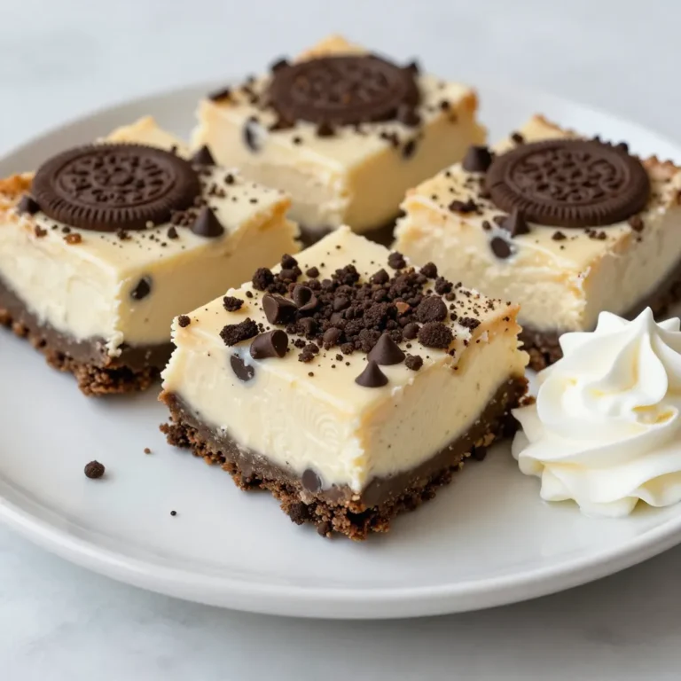 - 1 ½ cups chocolate sandwich cookies, crushed (plus extra for topping) - ½ cup unsalted butter, melted - 16 oz cream cheese, softened - ¾ cup granulated sugar - ½ cup sour cream - 2 large eggs - 2 teaspoons vanilla extract - 1 cup mini chocolate chips You can add a few fun toppings to make your cheesecake bars shine. Here are some ideas: - Whipped cream dollops for a creamy touch - Extra crushed cookies for added crunch - More mini chocolate chips for a chocolate boost - A drizzle of chocolate sauce for a sweet finish If you need to swap out ingredients, here are some easy ideas: - Use gluten-free sandwich cookies for a gluten-free option. - Swap cream cheese with a dairy-free cream cheese for a dairy-free treat. - Replace sour cream with plain Greek yogurt for a lighter option. - Use vanilla extract's alternative, like almond extract, for a different flavor. Feel free to mix and match these substitutions to suit your taste and needs! {{ingredient_image_1}} To make the crust, start by preheating your oven to 325°F (160°C). Line an 8x8 inch baking pan with parchment paper. Leave some paper hanging over the sides. This helps you lift the bars out later. In a medium bowl, mix 1 ½ cups of crushed chocolate sandwich cookies with ½ cup of melted unsalted butter. Stir until it looks like wet sand. Press this mixture firmly into the bottom of your baking pan. Make sure it’s even. Bake the crust for about 10 minutes. Afterward, let it cool slightly. In a large bowl, beat 16 oz of softened cream cheese with an electric mixer. Mix until it’s smooth and creamy. Gradually add ¾ cup of granulated sugar and keep mixing until well combined. Next, add ½ cup of sour cream, 2 large eggs, and 2 teaspoons of vanilla extract. Beat until everything is smooth. Then, gently fold in 1 cup of mini chocolate chips. This adds a fun texture and flavor to the filling. Pour the cheesecake mixture over your cooled crust. Use a spatula to smooth the top. For a nice touch, sprinkle some extra crushed cookies on top. Bake the bars for 30 to 35 minutes. The edges should be set, but the center should still jiggle a bit. Once done, take them out and let them cool at room temperature. Chill the bars in the fridge for at least 4 hours, or overnight is best. When ready, lift them out using the parchment paper. Cut into squares and enjoy! To get the creamiest cheesecake bars, use room-temperature cream cheese. This helps it blend smoothly. Beat the cream cheese well, but don’t overmix. Adding sour cream gives a rich flavor and creaminess. Fold in the mini chocolate chips gently. This keeps the batter light and fluffy. One common mistake is overbaking. You want the edges set but the center should jiggle. Letting the bars cool at room temperature before chilling is key too. Don’t skip this step! Also, make sure your baking pan is lined with parchment paper. This helps with easy removal later on. For a great presentation, serve the cheesecake bars on a decorative plate. A dollop of whipped cream on top adds flair and creaminess. Sprinkle mini chocolate chips for extra crunch. You can also add a few crushed cookies on top for that wow factor. Pro Tips Use Room Temperature Ingredients: Ensure your cream cheese is at room temperature for a smooth batter. This prevents lumps and helps the ingredients blend better. Don’t Overbake: Keep an eye on the cheesecake bars as they bake. They should be set around the edges but still have a slight jiggle in the center for a creamy texture. Chill Before Serving: Allow the cheesecake bars to chill for at least 4 hours, preferably overnight. This enhances the flavors and makes slicing easier. Add a Flavor Twist: Experiment by mixing in different flavors like peppermint extract or orange zest for a unique twist on the classic cookies and cream. {{image_2}} You can mix things up by adding fruit. Berries like strawberries or raspberries work well. Just chop them small and fold them into the cheesecake mix. You can also use fruit purees for a smooth texture. Try mixing a bit of lemon or orange zest for a fresh taste. This brightens the bars and gives them a fun twist. If you want a different crust, there are many choices. You can use graham crackers for a classic flavor. For a nutty touch, try crushed almonds or pecans. You can also make a crust using gluten-free cookies for a tasty, safe option. Just make sure to adjust the butter amount based on the cookie type. For a gluten-free version, use gluten-free sandwich cookies. They work just as well in the crust. For a dairy-free option, swap the cream cheese with a dairy-free cream cheese. You can use coconut cream instead of sour cream for a rich texture. These changes still keep the bars tasty and creamy. Enjoy the fun of baking while making them fit your needs! To keep your cookies and cream cheesecake bars fresh, store them in the fridge. Place them in an airtight container. This helps keep them moist and prevents them from absorbing odors. You can also cover the bars tightly with plastic wrap. Yes, you can freeze these bars for later. First, cut them into squares. Then, wrap each square in plastic wrap. Place the wrapped bars in a freezer-safe bag or container. This way, they stay fresh for up to three months. In the fridge, the cheesecake bars last about five days. If you freeze them, they stay good for three months. Make sure to label your container with the date, so you know when to enjoy them! Yes, you can! Try using vanilla wafers or graham crackers. Both work well. You can also blend in some crushed Oreos for more flavor. Just adjust the butter if needed. The crust will still be tasty and hold together. Look for the edges to be set and the center to jiggle a bit. It should not be completely firm. If you insert a toothpick, it should come out mostly clean. This means your bars are done but still creamy. Absolutely! In fact, they taste better after resting. Make them a day before your event. Just chill them in the fridge for at least four hours or overnight. This gives the flavors time to mix and the texture to set. Use a sharp knife for clean cuts. Dip the knife in hot water and wipe it dry before each cut. This helps prevent sticking. For neat squares, cut the bars while they are still cold. This makes them easier to handle and serve. You learned how to make cheesecake bars from scratch. We covered the ingredients you'll need, including measurements and substitutions. The step-by-step instructions guide you through the crust and filling. Tips help you avoid mistakes and serve with flair. We explored fun variations and shared storage tips to keep them fresh. Now, you can impress friends and family with your delicious dessert. Enjoy every bite!