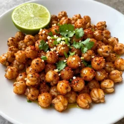 To make these tasty chili lime roasted chickpeas, you need the following: - 1 can (15 oz) chickpeas, drained and rinsed - 2 tablespoons olive oil - 1 teaspoon chili powder - 1/2 teaspoon smoked paprika - 1/4 teaspoon cumin - 1/4 teaspoon garlic powder - 1/2 teaspoon salt - Juice and zest of 1 lime - Fresh cilantro, chopped, for garnish You can swap chickpeas with other beans if you like. Use black beans or kidney beans for a twist. The olive oil can change too. Try avocado oil for a different flavor. If you want less spice, reduce the chili powder. You can also leave out the smoked paprika if you don’t have it. For a zesty kick, add more lime juice. Fresh ingredients make a big difference in flavor. Use firm and new chickpeas for the best crunch. Fresh lime juice and zest brighten up the dish. They add a pop of flavor that dried spices can't match. Fresh cilantro adds a nice touch at the end. Always choose high-quality oil as it enhances the overall taste. Using fresh ingredients ensures your chickpeas taste their best. {{ingredient_image_1}} Start by preheating your oven to 400°F (200°C). This step is key for crispiness. Next, take a can of chickpeas and drain it well. Rinse the chickpeas under cold water. This helps remove any excess salt or starch. After rinsing, pat them dry with a clean towel. Removing moisture makes them crunchier. In a large bowl, add the chickpeas. Pour in 2 tablespoons of olive oil. This oil helps the spices stick. Now, add the following spices: - 1 teaspoon chili powder - 1/2 teaspoon smoked paprika - 1/4 teaspoon cumin - 1/4 teaspoon garlic powder - 1/2 teaspoon salt Mix everything well. Toss the chickpeas until they are fully coated with the oil and spices. You want them to look vibrant and flavorful. Spread the seasoned chickpeas in a single layer on a lined baking sheet. Make sure they are not crowded. This helps them roast evenly. Place the baking sheet in the oven. Roast for 25-30 minutes. Stir halfway through to ensure even cooking. You'll know they are ready when they turn a nice golden brown and feel crispy. Once done, remove them from the oven. Immediately toss them with the juice and zest of one lime. This adds a bright flavor. Let them cool slightly before garnishing with fresh chopped cilantro. Enjoy your tasty snack! To get that perfect crunch, start by drying your chickpeas well. After rinsing, use a clean kitchen towel to pat them dry. Removing moisture is key. Next, choose the right amount of oil. Too much can make them soggy, while too little may not help them crisp up. Use about 2 tablespoons of olive oil for one can of chickpeas. Spread them in a single layer on the baking sheet. This helps the heat circulate evenly. Stir them halfway through roasting for even crispiness. You can easily switch up the spices for new flavors. Try adding cayenne pepper for heat or smoked paprika for a deeper taste. You can also mix in herbs like oregano or thyme. For a zesty twist, sprinkle some lemon zest in addition to lime. If you love garlic, increase the garlic powder, too. Each change will create a new flavor adventure! Experiment to find your favorite mix. One common mistake is not drying the chickpeas enough. This can lead to a chewy texture instead of crisp. Also, avoid overcrowding the baking sheet. If chickpeas are too close, they will steam rather than roast. Make sure to check them often while cooking. If they start to burn, lower the oven temperature slightly. Finally, remember to toss them with lime juice right after roasting. This adds flavor and keeps them tasty! Pro Tips Dry Chickpeas for Crispiness: Ensure chickpeas are thoroughly dried after rinsing to achieve maximum crispiness during roasting. Spice Variations: Experiment with different spices like cayenne for extra heat or nutritional yeast for a cheesy flavor twist. Storage Tips: Store leftover roasted chickpeas in an airtight container to maintain their crunch, but consume within a few days for best texture. Garnish Ideas: Try adding a sprinkle of feta cheese or a drizzle of tahini for an extra layer of flavor and visual appeal. {{image_2}} You can change the flavor of chili lime roasted chickpeas in many ways. Try adding different spices. For a sweet twist, add a teaspoon of cinnamon. If you like heat, mix in cayenne pepper. You can also use herbs like oregano or thyme for a fresh taste. For a zesty touch, try lemon zest instead of lime. Each option gives the chickpeas a new vibe. While roasting gives the best crunch, you can try air frying. Set your air fryer to 400°F. Cook the chickpeas for about 15-20 minutes. Shake the basket halfway through for even cooking. You can also try pan-frying them on the stove. Use a non-stick pan with a little oil. This method takes about 10 minutes. Each method offers a unique texture. Chili lime roasted chickpeas make a great snack. Serve them in a bowl for munching. You can also top salads or tacos with them for added crunch. Try using them in grain bowls with rice or quinoa. They can even be a tasty topping on soups. Get creative and enjoy these chickpeas in many new ways! To store your chili lime roasted chickpeas, let them cool completely. Place them in an airtight container. This keeps them fresh and crunchy. Avoid stacking them too high in the container. A single layer is best for crispness. When you're ready to enjoy leftovers, preheat your oven to 350°F (175°C). Spread the chickpeas on a baking sheet. Heat for about 10 minutes. This method helps regain their crunch. Avoid using the microwave. It makes them soft and chewy, which is not ideal. These roasted chickpeas taste best within three days. Keep them stored at room temperature. If you need to freeze them, place them in a freezer-safe bag. They will last for up to three months in the freezer. When ready to eat, thaw in the fridge overnight, then reheat in the oven. This keeps them tasty and crisp. Yes, you can use dried chickpeas. Soak them overnight in water. This softens them. After soaking, cook them until tender. It takes about 1 to 2 hours. Then rinse them well, just like canned ones. Remember, dried chickpeas need more time to prep, but they can taste even better. To add more heat, increase the chili powder. You can also try cayenne pepper. Start with a pinch and taste it. If you want more, add a bit more. Mixing in hot sauce after roasting is another option. Just toss the chickpeas with your favorite sauce for extra kick. Yes, chili lime roasted chickpeas are very healthy. They are high in protein and fiber. This makes them a great snack. Plus, they contain healthy fats from olive oil. Using spices adds flavor without extra calories. This snack is perfect for a crunchy treat that is good for you. In this blog post, we explored how to make chili lime roasted chickpeas. We covered essential ingredients and their substitutes, along with the importance of freshness. You learned easy steps for prepping, mixing, and roasting. Tips for crispy textures and flavor variations helped ensure success. I shared storage tips to keep leftovers fresh, plus answered common questions. Remember, using fresh ingredients and avoiding common mistakes makes all the difference. Enjoy your tasty and healthy snack!