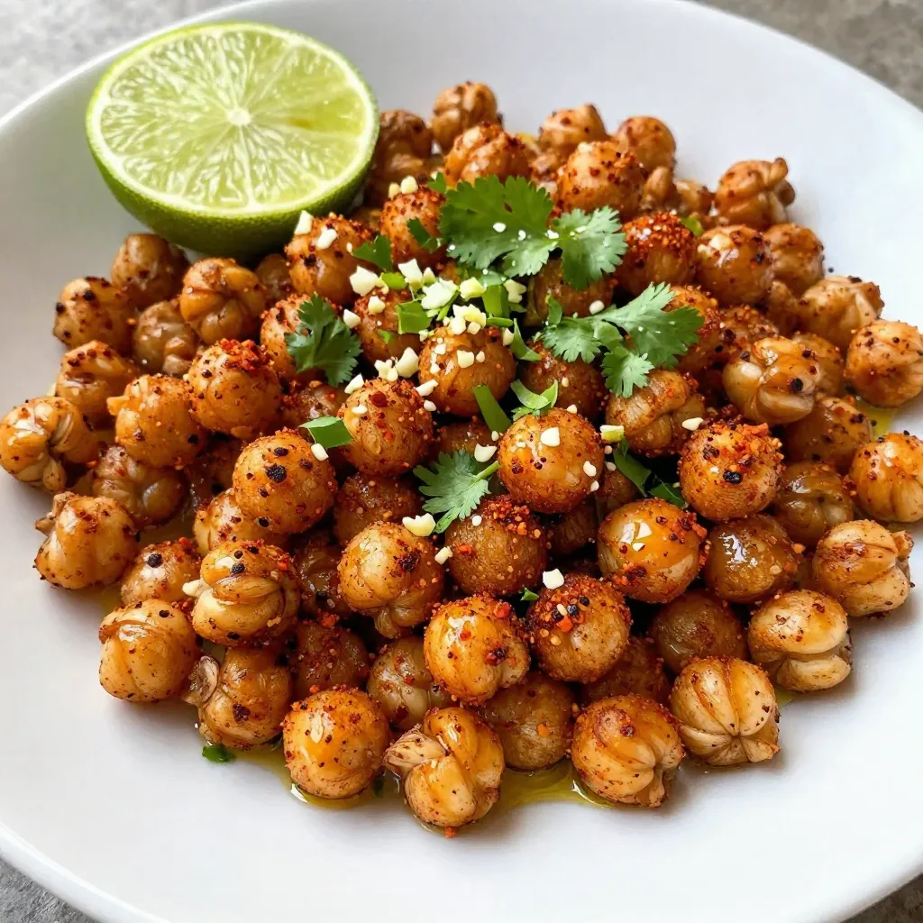 To make these tasty chili lime roasted chickpeas, you need the following: - 1 can (15 oz) chickpeas, drained and rinsed - 2 tablespoons olive oil - 1 teaspoon chili powder - 1/2 teaspoon smoked paprika - 1/4 teaspoon cumin - 1/4 teaspoon garlic powder - 1/2 teaspoon salt - Juice and zest of 1 lime - Fresh cilantro, chopped, for garnish You can swap chickpeas with other beans if you like. Use black beans or kidney beans for a twist. The olive oil can change too. Try avocado oil for a different flavor. If you want less spice, reduce the chili powder. You can also leave out the smoked paprika if you don’t have it. For a zesty kick, add more lime juice. Fresh ingredients make a big difference in flavor. Use firm and new chickpeas for the best crunch. Fresh lime juice and zest brighten up the dish. They add a pop of flavor that dried spices can't match. Fresh cilantro adds a nice touch at the end. Always choose high-quality oil as it enhances the overall taste. Using fresh ingredients ensures your chickpeas taste their best. {{ingredient_image_1}} Start by preheating your oven to 400°F (200°C). This step is key for crispiness. Next, take a can of chickpeas and drain it well. Rinse the chickpeas under cold water. This helps remove any excess salt or starch. After rinsing, pat them dry with a clean towel. Removing moisture makes them crunchier. In a large bowl, add the chickpeas. Pour in 2 tablespoons of olive oil. This oil helps the spices stick. Now, add the following spices: - 1 teaspoon chili powder - 1/2 teaspoon smoked paprika - 1/4 teaspoon cumin - 1/4 teaspoon garlic powder - 1/2 teaspoon salt Mix everything well. Toss the chickpeas until they are fully coated with the oil and spices. You want them to look vibrant and flavorful. Spread the seasoned chickpeas in a single layer on a lined baking sheet. Make sure they are not crowded. This helps them roast evenly. Place the baking sheet in the oven. Roast for 25-30 minutes. Stir halfway through to ensure even cooking. You'll know they are ready when they turn a nice golden brown and feel crispy. Once done, remove them from the oven. Immediately toss them with the juice and zest of one lime. This adds a bright flavor. Let them cool slightly before garnishing with fresh chopped cilantro. Enjoy your tasty snack! To get that perfect crunch, start by drying your chickpeas well. After rinsing, use a clean kitchen towel to pat them dry. Removing moisture is key. Next, choose the right amount of oil. Too much can make them soggy, while too little may not help them crisp up. Use about 2 tablespoons of olive oil for one can of chickpeas. Spread them in a single layer on the baking sheet. This helps the heat circulate evenly. Stir them halfway through roasting for even crispiness. You can easily switch up the spices for new flavors. Try adding cayenne pepper for heat or smoked paprika for a deeper taste. You can also mix in herbs like oregano or thyme. For a zesty twist, sprinkle some lemon zest in addition to lime. If you love garlic, increase the garlic powder, too. Each change will create a new flavor adventure! Experiment to find your favorite mix. One common mistake is not drying the chickpeas enough. This can lead to a chewy texture instead of crisp. Also, avoid overcrowding the baking sheet. If chickpeas are too close, they will steam rather than roast. Make sure to check them often while cooking. If they start to burn, lower the oven temperature slightly. Finally, remember to toss them with lime juice right after roasting. This adds flavor and keeps them tasty! Pro Tips Dry Chickpeas for Crispiness: Ensure chickpeas are thoroughly dried after rinsing to achieve maximum crispiness during roasting. Spice Variations: Experiment with different spices like cayenne for extra heat or nutritional yeast for a cheesy flavor twist. Storage Tips: Store leftover roasted chickpeas in an airtight container to maintain their crunch, but consume within a few days for best texture. Garnish Ideas: Try adding a sprinkle of feta cheese or a drizzle of tahini for an extra layer of flavor and visual appeal. {{image_2}} You can change the flavor of chili lime roasted chickpeas in many ways. Try adding different spices. For a sweet twist, add a teaspoon of cinnamon. If you like heat, mix in cayenne pepper. You can also use herbs like oregano or thyme for a fresh taste. For a zesty touch, try lemon zest instead of lime. Each option gives the chickpeas a new vibe. While roasting gives the best crunch, you can try air frying. Set your air fryer to 400°F. Cook the chickpeas for about 15-20 minutes. Shake the basket halfway through for even cooking. You can also try pan-frying them on the stove. Use a non-stick pan with a little oil. This method takes about 10 minutes. Each method offers a unique texture. Chili lime roasted chickpeas make a great snack. Serve them in a bowl for munching. You can also top salads or tacos with them for added crunch. Try using them in grain bowls with rice or quinoa. They can even be a tasty topping on soups. Get creative and enjoy these chickpeas in many new ways! To store your chili lime roasted chickpeas, let them cool completely. Place them in an airtight container. This keeps them fresh and crunchy. Avoid stacking them too high in the container. A single layer is best for crispness. When you're ready to enjoy leftovers, preheat your oven to 350°F (175°C). Spread the chickpeas on a baking sheet. Heat for about 10 minutes. This method helps regain their crunch. Avoid using the microwave. It makes them soft and chewy, which is not ideal. These roasted chickpeas taste best within three days. Keep them stored at room temperature. If you need to freeze them, place them in a freezer-safe bag. They will last for up to three months in the freezer. When ready to eat, thaw in the fridge overnight, then reheat in the oven. This keeps them tasty and crisp. Yes, you can use dried chickpeas. Soak them overnight in water. This softens them. After soaking, cook them until tender. It takes about 1 to 2 hours. Then rinse them well, just like canned ones. Remember, dried chickpeas need more time to prep, but they can taste even better. To add more heat, increase the chili powder. You can also try cayenne pepper. Start with a pinch and taste it. If you want more, add a bit more. Mixing in hot sauce after roasting is another option. Just toss the chickpeas with your favorite sauce for extra kick. Yes, chili lime roasted chickpeas are very healthy. They are high in protein and fiber. This makes them a great snack. Plus, they contain healthy fats from olive oil. Using spices adds flavor without extra calories. This snack is perfect for a crunchy treat that is good for you. In this blog post, we explored how to make chili lime roasted chickpeas. We covered essential ingredients and their substitutes, along with the importance of freshness. You learned easy steps for prepping, mixing, and roasting. Tips for crispy textures and flavor variations helped ensure success. I shared storage tips to keep leftovers fresh, plus answered common questions. Remember, using fresh ingredients and avoiding common mistakes makes all the difference. Enjoy your tasty and healthy snack!