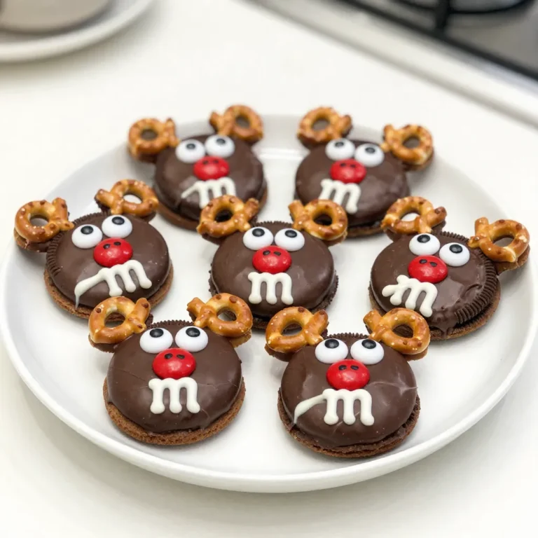 To make tasty Chocolate Covered Oreo Reindeer, you need: - 1 package of Oreo cookies - 1 cup semi-sweet chocolate chips - 1 cup white chocolate chips - 12 pretzel twists (for antlers) - 24 candy eyes - 12 red M&M's (for nose) - 1 tablespoon vegetable oil (optional, for smooth chocolate) You can add fun flavors or textures. Here are some ideas: - Use dark chocolate chips for a richer taste. - Add crushed peppermint candies for a minty twist. - Substitute peanut butter chips for added creaminess. Gather these tools to make your cooking easier: - Microwave-safe bowl - Fork for dipping - Baking sheet - Wax paper for cooling - Piping bag or small ziplock bag for drizzling - Refrigerator to chill the cookies These ingredients and tools help you create fun and festive treats for any holiday! {{ingredient_image_1}} To start, gather your chocolate chips. Use semi-sweet chocolate chips for a rich taste. If you want a smooth melt, add one tablespoon of vegetable oil. In a microwave-safe bowl, combine the chocolate and oil. Heat in the microwave for 30 seconds. After each time, stir the mixture. Continue until the chocolate is fully melted and smooth. This step is key for a nice coating. Next, grab your Oreo cookies. Using a fork, dip each Oreo into the melted chocolate. Make sure to fully submerge the cookie. This ensures even coating. Let any extra chocolate drip off. Place the dipped Oreos on a baking sheet lined with wax paper. Repeat this until all Oreos are coated. This creates a beautiful chocolate layer. While the chocolate is still wet, it’s time to add the fun parts. Insert two pretzel twists into the top of each Oreo for antlers. This gives them a reindeer look. Now, melt the white chocolate chips in the same way. Use a piping bag or a small ziplock bag with a corner snipped. Drizzle the melted white chocolate over the Oreos. This adds a nice touch to your reindeer. Quickly place two candy eyes on each one. Before the chocolate sets, add a red M&M for the nose. Finally, chill the baking sheet in the fridge for about 30 minutes. This helps the chocolate set and firm up. Once they are ready, carefully remove them from the wax paper. To melt chocolate well, use a microwave-safe bowl. Combine the semi-sweet chocolate chips with vegetable oil. This step helps keep the chocolate smooth. Microwave in 30-second bursts. Stop to stir each time. This helps prevent burning. If the chocolate is thick, add a bit more oil. Your goal is to have silky, smooth chocolate. When the chocolate is wet, add your decorations. Insert two pretzel twists for antlers right away. This helps them stick well. Use a piping bag for the white chocolate drizzle. If you don’t have one, use a small ziplock bag. Just snip off a corner. Quickly place two candy eyes and a red M&M for the nose. Working fast helps keep your reindeer looking cute. After the chocolate sets, place your reindeer on a festive plate. Use a decorative platter for a nice touch. You can add holiday-themed decorations like pine sprigs. Jingle bells also add fun! Arrange them in a group for a cheerful display. These treats are perfect for parties or as gifts. Enjoy showing off your tasty reindeer! Pro Tips Use Quality Chocolate: Opt for high-quality chocolate chips for better melting and a richer flavor. Work Quickly: Assemble your reindeer decorations while the chocolate is still warm to ensure everything sticks well. Customize Your Design: Feel free to use different candies or sprinkles to create unique reindeer designs for a fun twist. Store Properly: Keep your chocolate-covered reindeer in an airtight container in the fridge to maintain freshness and prevent melting. {{image_2}} You can change the chocolate for different flavors. I love using dark chocolate for a rich taste. You can also try milk chocolate for a sweeter treat. If you're feeling adventurous, use flavored chocolate like mint or orange. This adds a fun twist to the classic reindeer. Get creative with the decorations. Instead of pretzels for antlers, use mini candy canes or chocolate sticks. You can also swap out the candy eyes for colorful sprinkles or chocolate chips. Try different colors of M&M's for the nose. This way, you can match them to your holiday theme. These reindeer can fit any holiday! For Halloween, use orange and black candy. Add spooky eyes or Halloween-themed sprinkles. For Easter, use pastel colors and bunny-shaped candies. You can even add seasonal flavors like pumpkin spice or peppermint. Each holiday brings a new chance to have fun with this treat! To keep your chocolate covered Oreo reindeer fresh, store them in a cool place. A sealed container works best. Use wax paper between layers to avoid sticking. This keeps them safe and tasty! These festive treats last about one week at room temperature. If you put them in the fridge, they can stay fresh for up to two weeks. Just remember, the colder they are, the harder the chocolate gets. You can freeze these reindeer if you want to save them for later. Place them in an airtight container. They last up to three months in the freezer. When you’re ready to eat them, take them out and let them thaw at room temperature. This keeps the chocolate smooth and delicious! To keep the chocolate smooth, add 1 tablespoon of vegetable oil. This helps the chocolate stay fluid for longer. Microwave the chocolate in short bursts. Stir often to avoid hot spots. Working quickly also helps. If you notice it starting to cool, reheat gently for a few seconds. Yes, you can use any cookie you like! Vanilla wafers or chocolate chip cookies work great. Just ensure they are sturdy enough to hold the toppings. The key is to maintain the fun shape for your reindeer. Experiment with different flavors for a unique twist. If you don't have pretzels, try using mini candy canes or even almonds. You can cut the almonds in half to mimic antlers. Be creative with what you have on hand. The goal is to make your reindeer fun and festive! We covered how to make chocolate-covered Oreo reindeer. You learned all the ingredients, tools, and each step. Tips helped make smooth chocolate and fun decorations. You also saw variations for different holidays and how to store them. In closing, these treats are fun and easy to make. With a bit of creativity, you can impress friends and family. Enjoy making your sweet reindeer this year!