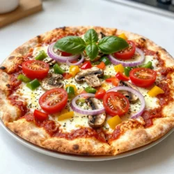 - Flatbreads: You can use 2 large whole wheat or gluten-free flatbreads. - Key Toppings: Include 1 cup of marinara sauce, 1 1/2 cups of shredded mozzarella cheese, 1/2 cup diced bell peppers (red, yellow, and green), 1/2 cup thinly sliced red onion, 1 cup halved cherry tomatoes, 1/2 cup sliced mushrooms, and 1/4 cup sliced black olives. - Seasonings and Garnishes: Use 1 teaspoon of dried oregano, 1 teaspoon of dried basil, 1 tablespoon of olive oil, salt and pepper to taste, and fresh basil leaves for garnish if you like. These ingredients make the flatbread pizza tasty and colorful. You can mix and match your favorite veggies. This way, you make it your own. I love adding seasonal veggies for extra flavor. The marinara sauce gives a nice base, while the cheese melts perfectly on top. Each bite is a delight. {{ingredient_image_1}} 1. Preheating the Oven and Preparing Baking Sheet Start by preheating your oven to 425°F (220°C). This heat will make your pizza crispy. Next, line a baking sheet with parchment paper. This helps with easy cleanup later. 2. Assembling the Flatbread with Sauce and Cheese Place the flatbreads on the baking sheet. Take the marinara sauce and spread it evenly on each flatbread. Leave a small edge around the sides. Now sprinkle the shredded mozzarella cheese on top of the sauce. Make sure it covers the sauce well. 3. Adding the Vegetable Topping Mix In a bowl, mix the diced bell peppers, sliced red onion, halved cherry tomatoes, sliced mushrooms, and black olives. Drizzle olive oil over the veggies. Add the dried oregano, dried basil, salt, and pepper. Toss them well so every piece is coated. Spread this veggie mix evenly on the cheese, covering it completely. 1. Optimal Baking Temperature and Time Place the baking sheet in your hot oven. Bake for about 12-15 minutes. This time will let the cheese melt and the flatbread get crispy. 2. Signs of Doneness to Look For Keep an eye on your pizza. The cheese should be bubbly and golden. The flatbread should look crispy and slightly browned. When these signs show, it’s time to take it out. Let it cool for a minute before slicing. Enjoy the vibrant flavors and textures of your Supreme Veggie Flatbread Pizza! - Best Practices for Crisping the Flatbread: To get a nice crisp, use a preheated oven at 425°F. Parchment paper helps prevent sticking. Leave space around the flatbreads on the baking sheet. This allows hot air to circulate. For extra crunch, bake directly on the oven rack for the last few minutes. - Achieving Even Cheese Melt and Vegetable Cook: Spread cheese evenly across the sauce. This helps it melt well. Cut vegetables into similar sizes for even cooking. Soak mushrooms and olives in olive oil for more flavor. Bake until cheese bubbles and turns golden. That’s when your flatbread is at its best! - Presentation Ideas for Serving: Slice the flatbread into squares. Place them on a wooden board for a rustic look. Drizzle with extra virgin olive oil for shine. You can also add a balsamic reduction for a sweet touch. Fresh basil leaves add color and flavor as a garnish. - Pairing Recommendations: Serve with a side of marinara sauce for dipping. A light salad with lemon dressing pairs well too. For drinks, consider sparkling water or a light white wine. These choices enhance the fresh veggie flavors. Enjoying them together makes every bite special! Pro Tips Use Fresh Ingredients: Always opt for fresh vegetables when preparing your flatbread pizza for enhanced flavor and nutrition. Experiment with Cheese: Try mixing different types of cheese, such as goat cheese or feta, for a unique flavor profile. Pre-cook Veggies: For a deeper flavor, lightly sauté your bell peppers and mushrooms before adding them to the pizza. Make it Your Own: Feel free to customize your flatbread pizza with other toppings like spinach, artichokes, or even a drizzle of pesto for added taste. {{image_2}} You can switch up your flatbread pizza with many toppings. Seasonal veggies add great flavor. Think of zucchini in summer or butternut squash in fall. You can mix and match to fit your taste. Want some protein? Add grilled chicken or roasted tofu. Both options work great. They make your pizza heartier and more filling. You can also use cooked sausage or pepperoni for a meaty touch. If you need gluten-free options, choose gluten-free flatbreads. They taste just as good! For dairy-free choices, use vegan cheese. It melts well and tastes great too. Both options let everyone enjoy this dish. For a vegan version, skip the cheese or use a plant-based alternative. Add extra veggies for more flavor. You can also top with fresh herbs after baking for a fresh kick. This way, everyone can love your supreme veggie flatbread pizza! To keep your Supreme Veggie Flatbread Pizza fresh, store it well. Let the pizza cool down before you wrap it. Use plastic wrap or foil for best results. Place it in an airtight container. This helps keep moisture out and flavor in. You can keep it in the fridge for up to three days. If you want to save it longer, freeze it. Wrap each piece tightly in plastic wrap, then foil. You can store it in the freezer for up to two months. When you’re ready to enjoy your leftovers, reheating is key. For best results, use the oven. Preheat it to 350°F (175°C). Place the pizza on a baking sheet. Heat it for about 10-15 minutes. This helps keep the flatbread crispy and the cheese melty. If you’re short on time, use the microwave. But be careful; it can make the crust soggy. To avoid this, place a paper towel underneath the pizza. This absorbs moisture and keeps it better. Enjoy your delicious pizza again! You can easily make flatbread at home. Mix flour, water, and salt in a bowl. Knead the dough for a few minutes. Let it rest for about 30 minutes. Roll the dough into thin rounds. Cook them in a hot pan for about 2-3 minutes on each side. Yes, you can use store-bought flatbreads. They save time and are very convenient. Choose whole wheat or gluten-free options for a healthy twist. Just check that they fit your taste and dietary needs. The best vegetable toppings are colorful and flavorful. Use bell peppers, red onion, cherry tomatoes, and mushrooms. Black olives add a nice touch too. Feel free to mix in your favorites, like spinach or zucchini. You know the flatbread pizza is done when the cheese is bubbly and golden. The edges of the flatbread should be crispy. It usually takes about 12-15 minutes in a hot oven. If it looks good, it’s ready! You now know how to make delicious flatbread pizzas at home. We covered ingredients, preparation, and baking. You learned tips for perfect texture and taste. Don't forget about the many ways to customize your flatbreads. Store and reheat leftovers properly for the best taste. Whether you prefer veggies, proteins, or gluten-free options, there’s something for everyone. Try experimenting with different toppings and share your creations. Enjoy your tasty flatbreads and impress your friends at your next meal!