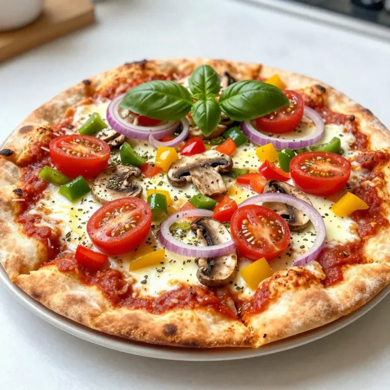- Flatbreads: You can use 2 large whole wheat or gluten-free flatbreads. - Key Toppings: Include 1 cup of marinara sauce, 1 1/2 cups of shredded mozzarella cheese, 1/2 cup diced bell peppers (red, yellow, and green), 1/2 cup thinly sliced red onion, 1 cup halved cherry tomatoes, 1/2 cup sliced mushrooms, and 1/4 cup sliced black olives. - Seasonings and Garnishes: Use 1 teaspoon of dried oregano, 1 teaspoon of dried basil, 1 tablespoon of olive oil, salt and pepper to taste, and fresh basil leaves for garnish if you like. These ingredients make the flatbread pizza tasty and colorful. You can mix and match your favorite veggies. This way, you make it your own. I love adding seasonal veggies for extra flavor. The marinara sauce gives a nice base, while the cheese melts perfectly on top. Each bite is a delight. {{ingredient_image_1}} 1. Preheating the Oven and Preparing Baking Sheet Start by preheating your oven to 425°F (220°C). This heat will make your pizza crispy. Next, line a baking sheet with parchment paper. This helps with easy cleanup later. 2. Assembling the Flatbread with Sauce and Cheese Place the flatbreads on the baking sheet. Take the marinara sauce and spread it evenly on each flatbread. Leave a small edge around the sides. Now sprinkle the shredded mozzarella cheese on top of the sauce. Make sure it covers the sauce well. 3. Adding the Vegetable Topping Mix In a bowl, mix the diced bell peppers, sliced red onion, halved cherry tomatoes, sliced mushrooms, and black olives. Drizzle olive oil over the veggies. Add the dried oregano, dried basil, salt, and pepper. Toss them well so every piece is coated. Spread this veggie mix evenly on the cheese, covering it completely. 1. Optimal Baking Temperature and Time Place the baking sheet in your hot oven. Bake for about 12-15 minutes. This time will let the cheese melt and the flatbread get crispy. 2. Signs of Doneness to Look For Keep an eye on your pizza. The cheese should be bubbly and golden. The flatbread should look crispy and slightly browned. When these signs show, it’s time to take it out. Let it cool for a minute before slicing. Enjoy the vibrant flavors and textures of your Supreme Veggie Flatbread Pizza! - Best Practices for Crisping the Flatbread: To get a nice crisp, use a preheated oven at 425°F. Parchment paper helps prevent sticking. Leave space around the flatbreads on the baking sheet. This allows hot air to circulate. For extra crunch, bake directly on the oven rack for the last few minutes. - Achieving Even Cheese Melt and Vegetable Cook: Spread cheese evenly across the sauce. This helps it melt well. Cut vegetables into similar sizes for even cooking. Soak mushrooms and olives in olive oil for more flavor. Bake until cheese bubbles and turns golden. That’s when your flatbread is at its best! - Presentation Ideas for Serving: Slice the flatbread into squares. Place them on a wooden board for a rustic look. Drizzle with extra virgin olive oil for shine. You can also add a balsamic reduction for a sweet touch. Fresh basil leaves add color and flavor as a garnish. - Pairing Recommendations: Serve with a side of marinara sauce for dipping. A light salad with lemon dressing pairs well too. For drinks, consider sparkling water or a light white wine. These choices enhance the fresh veggie flavors. Enjoying them together makes every bite special! Pro Tips Use Fresh Ingredients: Always opt for fresh vegetables when preparing your flatbread pizza for enhanced flavor and nutrition. Experiment with Cheese: Try mixing different types of cheese, such as goat cheese or feta, for a unique flavor profile. Pre-cook Veggies: For a deeper flavor, lightly sauté your bell peppers and mushrooms before adding them to the pizza. Make it Your Own: Feel free to customize your flatbread pizza with other toppings like spinach, artichokes, or even a drizzle of pesto for added taste. {{image_2}} You can switch up your flatbread pizza with many toppings. Seasonal veggies add great flavor. Think of zucchini in summer or butternut squash in fall. You can mix and match to fit your taste. Want some protein? Add grilled chicken or roasted tofu. Both options work great. They make your pizza heartier and more filling. You can also use cooked sausage or pepperoni for a meaty touch. If you need gluten-free options, choose gluten-free flatbreads. They taste just as good! For dairy-free choices, use vegan cheese. It melts well and tastes great too. Both options let everyone enjoy this dish. For a vegan version, skip the cheese or use a plant-based alternative. Add extra veggies for more flavor. You can also top with fresh herbs after baking for a fresh kick. This way, everyone can love your supreme veggie flatbread pizza! To keep your Supreme Veggie Flatbread Pizza fresh, store it well. Let the pizza cool down before you wrap it. Use plastic wrap or foil for best results. Place it in an airtight container. This helps keep moisture out and flavor in. You can keep it in the fridge for up to three days. If you want to save it longer, freeze it. Wrap each piece tightly in plastic wrap, then foil. You can store it in the freezer for up to two months. When you’re ready to enjoy your leftovers, reheating is key. For best results, use the oven. Preheat it to 350°F (175°C). Place the pizza on a baking sheet. Heat it for about 10-15 minutes. This helps keep the flatbread crispy and the cheese melty. If you’re short on time, use the microwave. But be careful; it can make the crust soggy. To avoid this, place a paper towel underneath the pizza. This absorbs moisture and keeps it better. Enjoy your delicious pizza again! You can easily make flatbread at home. Mix flour, water, and salt in a bowl. Knead the dough for a few minutes. Let it rest for about 30 minutes. Roll the dough into thin rounds. Cook them in a hot pan for about 2-3 minutes on each side. Yes, you can use store-bought flatbreads. They save time and are very convenient. Choose whole wheat or gluten-free options for a healthy twist. Just check that they fit your taste and dietary needs. The best vegetable toppings are colorful and flavorful. Use bell peppers, red onion, cherry tomatoes, and mushrooms. Black olives add a nice touch too. Feel free to mix in your favorites, like spinach or zucchini. You know the flatbread pizza is done when the cheese is bubbly and golden. The edges of the flatbread should be crispy. It usually takes about 12-15 minutes in a hot oven. If it looks good, it’s ready! You now know how to make delicious flatbread pizzas at home. We covered ingredients, preparation, and baking. You learned tips for perfect texture and taste. Don't forget about the many ways to customize your flatbreads. Store and reheat leftovers properly for the best taste. Whether you prefer veggies, proteins, or gluten-free options, there’s something for everyone. Try experimenting with different toppings and share your creations. Enjoy your tasty flatbreads and impress your friends at your next meal!
