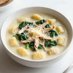 To make this creamy garlic chicken gnocchi soup, gather these ingredients: - 2 tablespoons olive oil - 1 medium onion, diced - 4 cloves garlic, minced - 2 medium carrots, diced - 2 celery stalks, diced - 1 teaspoon dried thyme - 1 teaspoon dried oregano - 4 cups chicken broth - 1 pound cooked chicken breast, shredded - 1 package (16 oz) potato gnocchi - 1 cup heavy cream - 2 cups fresh spinach - Salt and pepper to taste - Grated Parmesan cheese for garnish You can easily swap some ingredients to fit your taste or what you have. Here are a few options: - Use vegetable broth instead of chicken broth for a vegetarian version. - Swap heavy cream with coconut milk for a dairy-free soup. - If you can't find gnocchi, use small pasta like mini shells or orzo. - Fresh herbs like basil or parsley can replace dried thyme and oregano. Feel free to add seasonal ingredients for a fresh twist: - In spring, add peas or asparagus for a bright flavor. - In fall, try adding diced butternut squash for extra sweetness. - Use fresh tomatoes in summer to enhance the soup’s flavor. - Top with fresh herbs like chives or dill for added freshness. Experiment with these ideas to make the soup your own! {{ingredient_image_1}} First, gather your ingredients. You will need olive oil, onion, garlic, carrots, celery, thyme, oregano, chicken broth, cooked chicken, gnocchi, heavy cream, spinach, salt, pepper, and Parmesan cheese. Dice the onion, carrots, and celery. Mince the garlic. This prep makes cooking smooth and fast. 1. Heat the olive oil in a large pot over medium heat. 2. Add the diced onion and sauté for 3-4 minutes. Wait until it turns translucent. 3. Stir in the minced garlic, carrots, celery, thyme, and oregano. Cook for 5 minutes. This softens the veggies. 4. Pour in the chicken broth and bring it to a gentle boil. 5. Add the shredded chicken and gnocchi. Reduce the heat to a simmer. Cook for 3-5 minutes, or until the gnocchi floats. 6. Stir in the heavy cream and fresh spinach. Cook for another 2 minutes. The spinach will wilt nicely. 7. Season with salt and pepper to taste. 8. Serve hot, garnished with grated Parmesan cheese on top. To ensure the soup is creamy, don't boil it after adding the cream. Stir gently to mix. If the soup is too thick, add a bit more broth. Keep an eye on the gnocchi; they should be soft but not mushy. Fresh spinach adds a nice texture, but you can add it at the end for a crunchier bite. Enjoy each spoonful! One common mistake is not cooking the vegetables long enough. You want them to soften well. If you rush this step, your soup may taste bland. Another mistake is adding too much salt at once. Always taste as you go. Overcooking the gnocchi is also a trap. Once they float, they're done. If you let them cook too long, they can turn mushy. To adjust the flavors, start with the basics. Use salt and pepper to enhance the taste. If you want it richer, add more cream. Fresh herbs like parsley or basil can add a nice touch. A squeeze of lemon juice brightens the soup too. For more depth, consider adding a splash of white wine while cooking. For this recipe, you need a large pot. A wooden spoon helps mix everything well. A sharp knife makes dicing easier. A cutting board is essential for prep. Use measuring cups for accuracy, especially for broth and cream. A ladle helps serve the soup nicely. If you want to blend it, an immersion blender can create a creamy texture. Pro Tips Use Fresh Herbs: Fresh thyme and oregano can elevate the flavor of your soup significantly compared to dried herbs. Cooking Gnocchi: Ensure the gnocchi is cooked just until it floats to avoid a mushy texture. Customize Vegetables: Feel free to add other vegetables such as bell peppers or zucchini for added nutrition and flavor. Garnish Smartly: For an appealing presentation, add a drizzle of olive oil and a sprinkle of fresh herbs on top before serving. {{image_2}} To make this creamy garlic chicken gnocchi soup gluten-free, choose the right gnocchi. Look for potato gnocchi that is marked gluten-free. You can also make gnocchi from scratch using gluten-free flour. This way, you can enjoy a rich, creamy soup without any gluten. To turn this dish into a vegetarian delight, skip the chicken. Use vegetable broth instead of chicken broth. Add more veggies like mushrooms, zucchini, or bell peppers for flavor. You can also add tofu for protein. This version will still be creamy and satisfying. Feel free to get creative with your ingredients. Swap heavy cream for coconut milk for a dairy-free option. If you like a bit of spice, add red pepper flakes. You can also use kale instead of spinach for a different texture. Each swap can change the flavor profile and keep your soup exciting. To keep your creamy garlic chicken gnocchi soup fresh, store it in an airtight container. Let the soup cool to room temperature before sealing it. This prevents steam from building up, which can make it soggy. It stays good in the fridge for up to three days. If you want to freeze the soup, use freezer-safe containers. Leave some space at the top for expansion. The soup can last for around three months in the freezer. When you’re ready to eat, thaw it overnight in the fridge. To reheat the soup, pour it into a pot over medium heat. Stir occasionally to avoid burning. You can also use a microwave-safe bowl. Heat it in intervals, stirring in between. Add a splash of cream to bring back its creamy texture. Yes, you can use homemade gnocchi! Fresh gnocchi adds a special touch. It can make the soup even more flavorful. Just remember to cook it until it floats. This shows it is ready to eat. To add heat, try adding red pepper flakes. Start with a small amount and taste as you go. You can also use hot sauce. Just a few drops will do the trick. For a bolder flavor, add diced jalapeños. This will give your soup a nice kick. This soup pairs well with crusty bread. A fresh garden salad is also a great side. You can even add a cheese platter for a fun touch. If you want something warm, try garlic bread. It complements the creamy soup perfectly. Enjoy! This guide covered key ingredients, step-by-step cooking instructions, and helpful tips. You learned how to adjust flavors and avoid common mistakes. We also discussed variations like gluten-free and vegetarian options. Lastly, you found storage tips and answered common questions. With this knowledge, you can create delicious dishes with confidence. Embrace the process and get cooking!