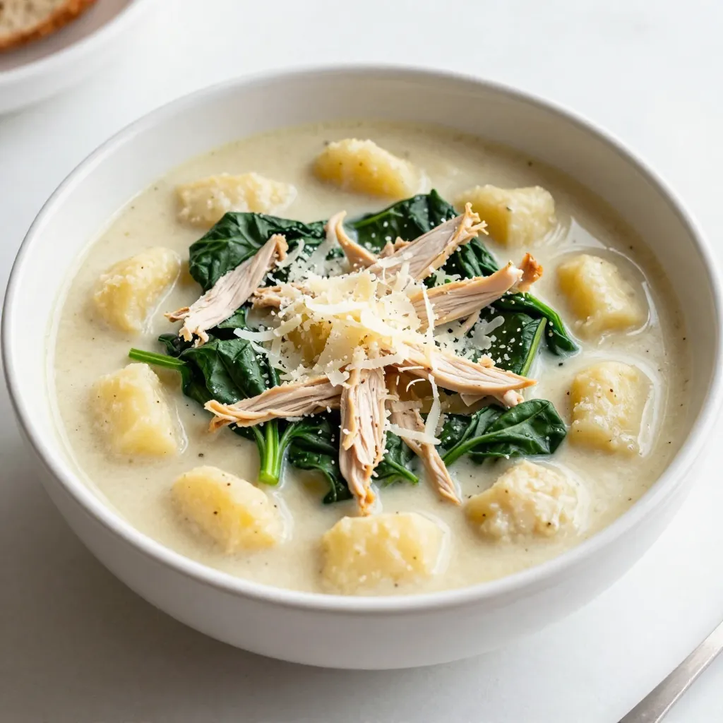 To make this creamy garlic chicken gnocchi soup, gather these ingredients: - 2 tablespoons olive oil - 1 medium onion, diced - 4 cloves garlic, minced - 2 medium carrots, diced - 2 celery stalks, diced - 1 teaspoon dried thyme - 1 teaspoon dried oregano - 4 cups chicken broth - 1 pound cooked chicken breast, shredded - 1 package (16 oz) potato gnocchi - 1 cup heavy cream - 2 cups fresh spinach - Salt and pepper to taste - Grated Parmesan cheese for garnish You can easily swap some ingredients to fit your taste or what you have. Here are a few options: - Use vegetable broth instead of chicken broth for a vegetarian version. - Swap heavy cream with coconut milk for a dairy-free soup. - If you can't find gnocchi, use small pasta like mini shells or orzo. - Fresh herbs like basil or parsley can replace dried thyme and oregano. Feel free to add seasonal ingredients for a fresh twist: - In spring, add peas or asparagus for a bright flavor. - In fall, try adding diced butternut squash for extra sweetness. - Use fresh tomatoes in summer to enhance the soup’s flavor. - Top with fresh herbs like chives or dill for added freshness. Experiment with these ideas to make the soup your own! {{ingredient_image_1}} First, gather your ingredients. You will need olive oil, onion, garlic, carrots, celery, thyme, oregano, chicken broth, cooked chicken, gnocchi, heavy cream, spinach, salt, pepper, and Parmesan cheese. Dice the onion, carrots, and celery. Mince the garlic. This prep makes cooking smooth and fast. 1. Heat the olive oil in a large pot over medium heat. 2. Add the diced onion and sauté for 3-4 minutes. Wait until it turns translucent. 3. Stir in the minced garlic, carrots, celery, thyme, and oregano. Cook for 5 minutes. This softens the veggies. 4. Pour in the chicken broth and bring it to a gentle boil. 5. Add the shredded chicken and gnocchi. Reduce the heat to a simmer. Cook for 3-5 minutes, or until the gnocchi floats. 6. Stir in the heavy cream and fresh spinach. Cook for another 2 minutes. The spinach will wilt nicely. 7. Season with salt and pepper to taste. 8. Serve hot, garnished with grated Parmesan cheese on top. To ensure the soup is creamy, don't boil it after adding the cream. Stir gently to mix. If the soup is too thick, add a bit more broth. Keep an eye on the gnocchi; they should be soft but not mushy. Fresh spinach adds a nice texture, but you can add it at the end for a crunchier bite. Enjoy each spoonful! One common mistake is not cooking the vegetables long enough. You want them to soften well. If you rush this step, your soup may taste bland. Another mistake is adding too much salt at once. Always taste as you go. Overcooking the gnocchi is also a trap. Once they float, they're done. If you let them cook too long, they can turn mushy. To adjust the flavors, start with the basics. Use salt and pepper to enhance the taste. If you want it richer, add more cream. Fresh herbs like parsley or basil can add a nice touch. A squeeze of lemon juice brightens the soup too. For more depth, consider adding a splash of white wine while cooking. For this recipe, you need a large pot. A wooden spoon helps mix everything well. A sharp knife makes dicing easier. A cutting board is essential for prep. Use measuring cups for accuracy, especially for broth and cream. A ladle helps serve the soup nicely. If you want to blend it, an immersion blender can create a creamy texture. Pro Tips Use Fresh Herbs: Fresh thyme and oregano can elevate the flavor of your soup significantly compared to dried herbs. Cooking Gnocchi: Ensure the gnocchi is cooked just until it floats to avoid a mushy texture. Customize Vegetables: Feel free to add other vegetables such as bell peppers or zucchini for added nutrition and flavor. Garnish Smartly: For an appealing presentation, add a drizzle of olive oil and a sprinkle of fresh herbs on top before serving. {{image_2}} To make this creamy garlic chicken gnocchi soup gluten-free, choose the right gnocchi. Look for potato gnocchi that is marked gluten-free. You can also make gnocchi from scratch using gluten-free flour. This way, you can enjoy a rich, creamy soup without any gluten. To turn this dish into a vegetarian delight, skip the chicken. Use vegetable broth instead of chicken broth. Add more veggies like mushrooms, zucchini, or bell peppers for flavor. You can also add tofu for protein. This version will still be creamy and satisfying. Feel free to get creative with your ingredients. Swap heavy cream for coconut milk for a dairy-free option. If you like a bit of spice, add red pepper flakes. You can also use kale instead of spinach for a different texture. Each swap can change the flavor profile and keep your soup exciting. To keep your creamy garlic chicken gnocchi soup fresh, store it in an airtight container. Let the soup cool to room temperature before sealing it. This prevents steam from building up, which can make it soggy. It stays good in the fridge for up to three days. If you want to freeze the soup, use freezer-safe containers. Leave some space at the top for expansion. The soup can last for around three months in the freezer. When you’re ready to eat, thaw it overnight in the fridge. To reheat the soup, pour it into a pot over medium heat. Stir occasionally to avoid burning. You can also use a microwave-safe bowl. Heat it in intervals, stirring in between. Add a splash of cream to bring back its creamy texture. Yes, you can use homemade gnocchi! Fresh gnocchi adds a special touch. It can make the soup even more flavorful. Just remember to cook it until it floats. This shows it is ready to eat. To add heat, try adding red pepper flakes. Start with a small amount and taste as you go. You can also use hot sauce. Just a few drops will do the trick. For a bolder flavor, add diced jalapeños. This will give your soup a nice kick. This soup pairs well with crusty bread. A fresh garden salad is also a great side. You can even add a cheese platter for a fun touch. If you want something warm, try garlic bread. It complements the creamy soup perfectly. Enjoy! This guide covered key ingredients, step-by-step cooking instructions, and helpful tips. You learned how to adjust flavors and avoid common mistakes. We also discussed variations like gluten-free and vegetarian options. Lastly, you found storage tips and answered common questions. With this knowledge, you can create delicious dishes with confidence. Embrace the process and get cooking!