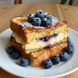 - 8 slices of thick bread (Challah or Brioche recommended) - 1 cup cream cheese, softened - 1/2 cup powdered sugar - 1 teaspoon vanilla extract - 4 large eggs - 1 cup milk - 1 teaspoon cinnamon - 1 cup fresh blueberries - 2 tablespoons butter (for cooking) - Maple syrup (for serving) You can switch the thick bread for whole wheat or gluten-free options. These make the dish healthier while still tasting great. For cream cheese, look for vegan brands if you want a dairy-free choice. Instead of powdered sugar, you can use honey or maple syrup for a different sweetness. These swaps keep the dish delicious while catering to your needs. {{ingredient_image_1}} To make the cream cheese mixture, start with a mixing bowl. Add 1 cup of softened cream cheese. Then, add 1/2 cup of powdered sugar. Beat these together until the mix is smooth and creamy. This step is key for a rich flavor. Next, stir in 1 teaspoon of vanilla extract. This adds a lovely aroma and taste. Set this mixture aside. Grab another bowl for the egg wash. Whisk together 4 large eggs, 1 cup of milk, and 1 teaspoon of cinnamon. Make sure everything blends well. The egg mixture should not be too thick or too thin. It needs to coat the bread perfectly. A consistent mixture helps create that ideal French toast texture. Now, it’s time to assemble the sandwiches. Take a slice of bread, and spread a thick layer of the cream cheese mixture on one side. Add a few fresh blueberries on top of the cream cheese. Place another slice of bread on top to form a sandwich. Repeat this for the remaining slices. Heat a skillet over medium heat and add 2 tablespoons of butter. Let the butter melt completely. Dip each sandwich into the egg wash, ensuring both sides are coated. Let any excess mixture drip off. Place the sandwiches on the skillet. Cook for about 3-4 minutes on each side. Look for a golden-brown color. This step is crucial for a delicious crunch. Once done, remove the sandwiches and cut them diagonally. Serve warm with maple syrup and more blueberries on top. To avoid soggy French toast, always use thick bread. Bread like challah or brioche holds up well. Make sure to dip each slice quickly in the egg mixture. Let the excess drip off before cooking. This helps keep the toast from getting too wet. For even cooking, preheat your skillet to medium heat. Use enough butter to coat the pan. Cook each side for about 3 to 4 minutes. Look for a golden-brown color. If your skillet is too hot, the outside may burn while the inside stays raw. When serving, stack the French toast slices. Add a drizzle of maple syrup on top. Scatter some fresh blueberries around the plate. This adds color and makes it look appealing. You can also sprinkle a bit of powdered sugar on top for a sweet touch. For great photos, use natural light. A simple white plate can really make the colors pop. Capture the syrup dripping down the sides for extra appeal. You can add lemon zest to the cream cheese mix. This gives a fresh taste and brightens the flavor. Chopped nuts like pecans or walnuts add crunch. They also enhance the texture of the French toast. Feel free to swap out blueberries with strawberries or raspberries. Each fruit adds its own unique flavor. You can also try flavored syrups, like blueberry or caramel, for extra sweetness. Pro Tips Use Day-Old Bread: Stale bread absorbs the egg mixture better, resulting in a creamier texture and preventing sogginess. Temperature Control: Keep the heat at medium to avoid burning the outside while ensuring the inside cooks through. Mix Up the Berries: Feel free to combine blueberries with other berries like strawberries or raspberries for a flavor twist. Make Ahead: Prepare the cream cheese mixture and sandwiches the night before, refrigerate, and cook in the morning for an easy breakfast. {{image_2}} You can use many types of bread for Blueberry Cheesecake French Toast. Each type brings its own flavor. For a richer taste, try thick slices of Challah or Brioche. These breads soak up the egg mixture well. You can also explore whole wheat or sourdough for a hearty option. If you're feeling adventurous, try a cinnamon raisin bread. It adds a sweet twist to the dish. Adding different spices or extracts can elevate your French toast. A splash of almond extract gives a nice nutty flavor. You can also add orange zest for a fresh touch. If you want to mix up the cream cheese, try adding lemon juice or even a bit of chocolate. These variations can create a whole new taste experience. This recipe can easily fit different diets. For a gluten-free option, use gluten-free bread. Many brands offer tasty alternatives that work well. If you need a dairy-free version, swap the cream cheese for a vegan option. You can use almond or cashew cream cheese. For a lower-sugar version, replace powdered sugar with a sugar substitute. This way, you can enjoy your treat without guilt! To keep your Blueberry Cheesecake French Toast fresh, store leftovers properly. First, let the French toast cool completely. This helps prevent moisture buildup. Place the slices in an airtight container. If you have multiple layers, use parchment paper between them. This keeps them from sticking. Store the container in the fridge for up to three days. When it's time to enjoy your leftovers, you want them warm and tasty. The best way to reheat is in the oven. Preheat your oven to 350°F (175°C). Place the slices on a baking sheet and cover with foil. Bake for about 10-15 minutes. This method keeps the texture nice. If you prefer the microwave, place a slice on a microwave-safe plate. Heat for about 30 seconds to 1 minute. Check often to avoid overheating, which can make it soggy. If you want to save your French toast for later, freezing is a great option. Place the cooled slices in a single layer on a baking sheet. Freeze for about 1-2 hours. Once frozen, transfer them to a freezer-safe bag or container. Be sure to remove excess air. This helps prevent freezer burn. Your French toast will stay good in the freezer for up to two months. To thaw, take it out and let it sit in the fridge overnight before reheating. How to make Blueberry Cheesecake French Toast in advance? You can prepare the cream cheese filling the night before. Mix cream cheese, powdered sugar, and vanilla. Store it in the fridge. Assemble the sandwiches in the morning. Dip them in the egg mixture and cook them. This saves time and still tastes fresh. Can I use frozen blueberries instead of fresh? Yes, you can use frozen blueberries. They work well. Just add them to the cream cheese layer like fresh ones. Keep in mind that frozen berries may release more juice. This can make your French toast a bit more moist. What can I substitute for eggs in this recipe? If you need an egg substitute, use 1/4 cup of unsweetened applesauce. You can also try mashed banana or flaxseed meal mixed with water. These options help bind the bread while keeping it soft and tasty. Can I serve this with other toppings? Absolutely! You can top it with whipped cream, extra blueberries, or nuts. Try adding sliced bananas or a drizzle of chocolate syrup. Maple syrup is classic, but feel free to get creative. What side dishes pair well with Blueberry Cheesecake French Toast? Fresh fruit salad or crispy bacon complements the sweetness. You can also serve it with yogurt for a creamy side. Light greens with a citrus dressing add a nice contrast too. How to adjust this recipe for larger servings? To make more servings, simply double the ingredients. You can use a larger skillet or cook in batches. Keep the cooking time the same for each sandwich. This way, everyone gets to enjoy it warm. Can I make this recipe as a bake-ahead casserole? Yes! Layer the cream cheese and blueberry mixture between slices of bread in a baking dish. Pour the egg mixture over it. Cover and refrigerate overnight. Bake it in the morning for a delicious casserole. This blog post covers a delightful Blueberry Cheesecake French Toast recipe. You learned about essential ingredients, helpful substitutions, and easy-to-follow steps. We discussed tips for perfecting texture, presentation, and flavor variations. Remember, cooking is about creativity. Feel free to adjust the recipe to fit your taste. For storage and reheating, simple methods keep leftovers fresh. Enjoy making this tasty dish, and share it with friends or family!