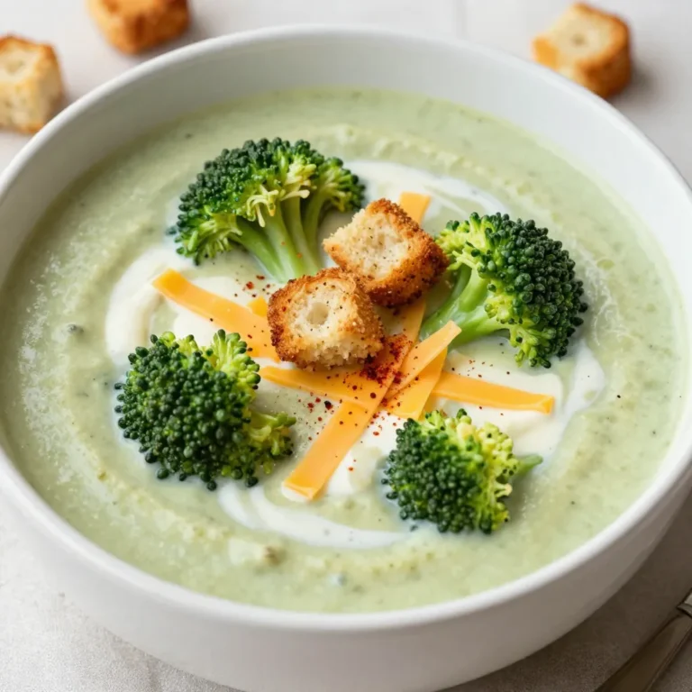 Here are the ingredients you need for the creamy broccoli cheddar soup. Gather them before you start cooking. - 1 medium onion, chopped - 2 cloves garlic, minced - 4 cups fresh broccoli florets - 4 cups vegetable broth - 1 cup heavy cream - 2 cups sharp cheddar cheese, grated - 1 teaspoon Dijon mustard - 1 teaspoon paprika - Salt and pepper to taste - 2 tablespoons olive oil - Optional: Croutons for topping Each ingredient plays a key role. The onion and garlic bring great flavor. Fresh broccoli gives the soup a nice texture. The vegetable broth forms the base. Heavy cream makes it rich and smooth. Sharp cheddar adds a tasty finish. Dijon mustard and paprika give it a slight kick. Don't forget salt and pepper for extra taste. If you want, add croutons on top for a fun crunch. Make sure your ingredients are fresh. Fresh broccoli makes a big difference. Good cheese also helps the soup taste amazing. Now that you have everything, you are ready to cook! {{ingredient_image_1}} Step 1: Sauté the onion Start by heating two tablespoons of olive oil in a large pot over medium heat. Add one chopped medium onion. Stir and cook until the onion turns soft and clear, which takes about five minutes. This step builds a great flavor base for the soup. Step 2: Add garlic Next, add two minced garlic cloves to the pot. Stir it in and let it cook for one more minute. You want the garlic to smell nice, but don’t let it burn. Step 3: Cook broccoli and broth Now, it's time for the broccoli. Add four cups of fresh broccoli florets and four cups of vegetable broth. Bring the mix to a boil. Once it boils, cover the pot and let it simmer for ten to fifteen minutes. You want the broccoli to be tender when done. Step 4: Purée the soup After the broccoli is tender, take an immersion blender and blend the soup until it is smooth. If you don’t have one, pour the soup into a blender in small batches. Just be careful with the hot soup! Step 5: Incorporate cream and seasonings Return the blended soup to medium heat. Pour in one cup of heavy cream, and add one teaspoon of Dijon mustard and one teaspoon of paprika. Stir it well to mix all the flavors together. Step 6: Melt in the cheddar Now for the best part! Gradually add two cups of grated sharp cheddar cheese. Stir it in until the cheese melts and the soup is creamy. This makes the soup rich and tasty. Step 7: Season to taste Finally, taste the soup and add salt and pepper as you like. This step lets you adjust the flavor to your preference. Now your Creamy Broccoli Cheddar Soup is ready to serve! To make your soup smooth, use an immersion blender. This tool allows you to blend the soup right in the pot. It saves time and mess. If you don't have one, transfer small batches to a blender. Just be careful, as hot soup can splash. For the right consistency, start with less cream. Add it slowly until you reach your desired creaminess. If the soup feels too thick, add a bit more broth. If it’s too thin, let it simmer for a few extra minutes to thicken. You can spice up your soup with different seasonings. Try adding a pinch of nutmeg for warmth or some crushed red pepper for heat. Both enhance the rich flavors. When it comes to cheese, sharp cheddar shines bright. You could also mix in some Gruyère or Monterey Jack for variety. These cheeses melt well and add depth to the soup's flavor. Pro Tips Choose Fresh Broccoli: Fresh broccoli florets not only taste better but also retain more nutrients. Look for vibrant green color and firm texture when selecting your broccoli. Blend for Creaminess: Using an immersion blender allows you to blend the soup directly in the pot, making it easier and minimizing cleanup. If using a regular blender, let the soup cool slightly before blending in batches. Cheese Selection: Opt for a sharp cheddar cheese for a more robust flavor. You can also mix in a bit of Gruyère or Monterey Jack for added depth. Customize Toppings: Get creative with your toppings! Try adding crispy bacon bits, toasted nuts, or a drizzle of truffle oil for an extra gourmet touch. {{image_2}} You can make this soup lighter by using low-fat dairy. Substitute heavy cream with low-fat milk or a plant-based milk. This change keeps the soup creamy but cuts down on fat. Adding extra veggies is another great option. Spinach, carrots, or even zucchini can boost the nutrients. Simply chop them up and throw them in with the broccoli. They'll cook down and blend well with the soup. If you need a gluten-free version, ensure your vegetable broth is gluten-free. Most brands are, but it’s always good to check the label. For a vegan option, swap the heavy cream with coconut milk or cashew cream. Use a vegan cheese that melts well for that cheesy flavor. You can also skip the cheese altogether and enhance the taste with nutritional yeast. To keep your Creamy Broccoli Cheddar Soup fresh, store it in the fridge. Use an airtight container for best results. The soup can stay good for about three to four days. If you want to save it longer, consider freezing it. To freeze the soup, let it cool completely. Then, pour it into freezer-safe containers. Leave a little space at the top, as the soup may expand when it freezes. You can freeze the soup for up to three months. When you're ready to enjoy the soup again, there are a few good methods to heat it. You can use the stove or microwave. For the stove, pour the soup into a pot and heat it over low to medium heat. Stir often to prevent it from sticking. If you prefer the microwave, place the soup in a microwave-safe bowl. Heat it in short intervals, stirring in between. This way, it warms evenly. To keep the creaminess intact while reheating, add a splash of heavy cream or milk. This helps the soup stay smooth and rich. Avoid boiling the soup, as high heat can separate the cream. Can I make this soup in advance? Yes, you can make this soup ahead of time. Just store it in the fridge. It stays good for about three days. When you are ready to eat, heat it gently on the stove. If you freeze it, it can last up to three months. Just remember to let it cool completely before freezing. How do I fix a soup that’s too thick? If your soup is too thick, add more broth or water. Stir it in slowly until you reach your desired consistency. You can also add more cream for a richer taste. Just be careful not to dilute the flavor too much. What can I serve with Creamy Broccoli Cheddar Soup? This soup pairs well with crusty bread or a fresh salad. You can also enjoy it with a grilled cheese sandwich. For a fun twist, add some croutons on top for crunch. Caloric content and serving size One serving of this soup has about 400 calories. This gives you a nice and filling meal. Each batch serves four people. If you are sharing, you can easily make enough for everyone. Health benefits of broccoli and cheese Broccoli is a superfood packed with vitamins. It has vitamin C and fiber, which are great for your health. Cheese adds calcium and protein, making this soup a balanced option. Together, they create a tasty and nutritious dish that warms you up. This blog post shows how to make a delicious Creamy Broccoli Cheddar Soup. We covered the ingredients, step-by-step instructions, and helpful tips. You learned variations for healthier options and how to store and reheat leftovers. Creamy Broccoli Cheddar Soup is not only tasty but packed with nutrients. Now, you can enjoy this cozy dish any time. Experiment with flavors and make it your own. You’ll love sharing this recipe with family and friends. Your kitchen will soon smell wonderful!