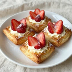 - 1 sheet of puff pastry, thawed - 8 oz cream cheese, softened - 1/4 cup powdered sugar - 1/2 teaspoon vanilla extract - 1 cup fresh strawberries, hulled and sliced - 1 tablespoon lemon juice - 1 egg, beaten (for egg wash) - Optional: additional powdered sugar for dusting To make Strawberry Cream Cheese Danish, gather these ingredients. Puff pastry is the base. It gives the danish its flaky texture. You need one sheet, thawed and ready to roll out. Next, prepare the cream cheese filling. You will use 8 ounces of softened cream cheese. Mix this with 1/4 cup of powdered sugar. Add in 1/2 teaspoon of vanilla extract for flavor. This mixture makes the filling rich and sweet. Then, focus on the strawberries. You need 1 cup of fresh strawberries. Slice and hull them, then toss with 1 tablespoon of lemon juice. This step brightens their flavor. You can add a bit of powdered sugar if you want them sweeter. Finally, prepare the egg wash. You will beat one egg to brush over the danishes. This helps them turn golden brown when baked. Optionally, keep some powdered sugar nearby for dusting after baking. With these ingredients, you can create a delicious treat that is sure to impress. {{ingredient_image_1}} First, you need to preheat your oven to 400°F (200°C). This helps your danish bake evenly. While the oven heats, prepare your baking sheet by lining it with parchment paper. This prevents sticking and makes cleanup easy. Roll out your thawed puff pastry on a lightly floured surface. Aim for a smooth texture. Next, cut the pastry into four equal squares. This will be the base for your delicious filling. In a mixing bowl, take your softened cream cheese. Add 1/4 cup of powdered sugar and 1/2 teaspoon of vanilla extract. Mix these ingredients together until you get a smooth and creamy filling. This will add a rich taste to your danish. Now, take 1 cup of fresh strawberries, hulled and sliced. Place them in a separate bowl. Toss the strawberries with 1 tablespoon of lemon juice. If you want them sweeter, add a bit of extra powdered sugar. This enhances their flavor. Place a dollop of the cream cheese filling in the center of each pastry square. Then, arrange a few strawberry slices on top. Fold the corners of the pastry squares toward the center to create a diamond shape. Pinch the corners to seal them well. Brush the tops of your danishes with a beaten egg. This gives them a golden color when baked. Then, place them in your preheated oven. Bake for about 15-20 minutes. Look for a golden brown color and puffed-up pastry. Once done, take them out and let them cool slightly. Enjoy your tasty treat! To make puff pastry shine, handle it with care. Start with a cold surface. Lightly flour your counter before rolling out the dough. Roll it evenly to avoid thick spots. Cut the pastry into squares, but don’t waste any dough scraps. You can re-roll them to make more pastries! Always keep the dough chilled until you are ready to bake. This helps it puff up nicely. If you want a natural twist, try honey or maple syrup. These sweeteners pair well with strawberries. Toss the sliced strawberries with lemon juice and a drizzle of your chosen sweetener. This adds flavor and keeps the fruit fresh. You can also use agave nectar for a lighter touch. Adjust the amount based on your taste. Serving is just as important as baking. For a lovely look, dust your danish with powdered sugar. Add fresh mint leaves on the side for color and flavor. You can also serve them on a nice platter, arranged with strawberries around them. This makes each bite feel special. Use a small plate for each danish to make it feel personal. Don’t forget to enjoy them warm! Pro Tips Use Cold Puff Pastry: Ensure your puff pastry is cold when working with it to achieve the best rise and flakiness during baking. Experiment with Fruits: While strawberries are delicious, feel free to try other fruits like blueberries or raspberries for a unique twist. Sweeten to Taste: Adjust the amount of powdered sugar in the cream cheese mixture to suit your sweetness preference. Don’t Skip the Egg Wash: Brushing the pastries with egg wash before baking gives them a lovely golden color and shiny finish. {{image_2}} You can change the fruit in your Danish. Blueberries and raspberries are great choices. They both add a juicy burst of flavor. Blueberries make the pastry sweet and tangy. Raspberries give it a nice tartness. You can mix and match these fruits too. This creates a fun twist with every bite. If you want to switch up the cheese, try using mascarpone or ricotta. Mascarpone is creamy and rich. It adds a lovely texture. Ricotta is lighter and has a mild taste. Both options work well in this recipe. They let the fruit shine while still being creamy. Adding lemon zest or almond extract gives your Danish more flavor. Lemon zest brightens the dish and pairs well with strawberries. It adds a fresh, zesty note. Almond extract gives a nutty flavor. It creates a warm and cozy feeling in each bite. Just a little goes a long way. To keep your strawberry cream cheese danishes fresh, place them in an airtight container. Store them in the fridge for up to three days. Make sure they cool down completely before sealing. If you leave them out, they can get soggy. You want to enjoy their crispy texture, so refrigeration is key. You can freeze your danishes either before or after baking. If you freeze them before baking, assemble the danishes, but do not bake. Wrap each one in plastic wrap and place them in a freezer-safe bag. They can stay frozen for up to three months. If you freeze them after baking, let them cool first. Then, wrap them and store them in the same way. When you’re ready to eat, just thaw and reheat. To enjoy your leftovers, preheat your oven to 350°F (175°C). Place the danishes on a baking sheet. Heat them for about 10-15 minutes. This will help restore their flaky texture. You can also use a microwave, but that may make them soft. If you want a quick snack, a short time in the microwave works, too. Enjoy your tasty treat! Yes, you can prepare some parts ahead. You can make the cream cheese filling a day before. Store it in the fridge. The puff pastry can also be cut into squares ahead. Just keep them covered to stop them from drying out. Look for a golden brown color on the pastry. The edges should be puffed and crisp. If the pastry feels light and airy, it’s ready. A good test is to touch it lightly; it should feel firm and not doughy. These danishes pair well with coffee or tea. You could also serve them with fresh fruit or whipped cream. For a more festive touch, add a drizzle of chocolate or a scoop of vanilla ice cream. You can make a delicious Strawberry Cream Cheese Danish with simple steps. We covered everything from ingredients to storage tips. Remember to prep your oven, assemble the pastry with care, and try different fruit options to keep it fun. Enjoy each bite fresh or as leftovers. With these methods, you'll impress anyone who tries your tasty danish. Take this guide and make your own delightful treats today!
