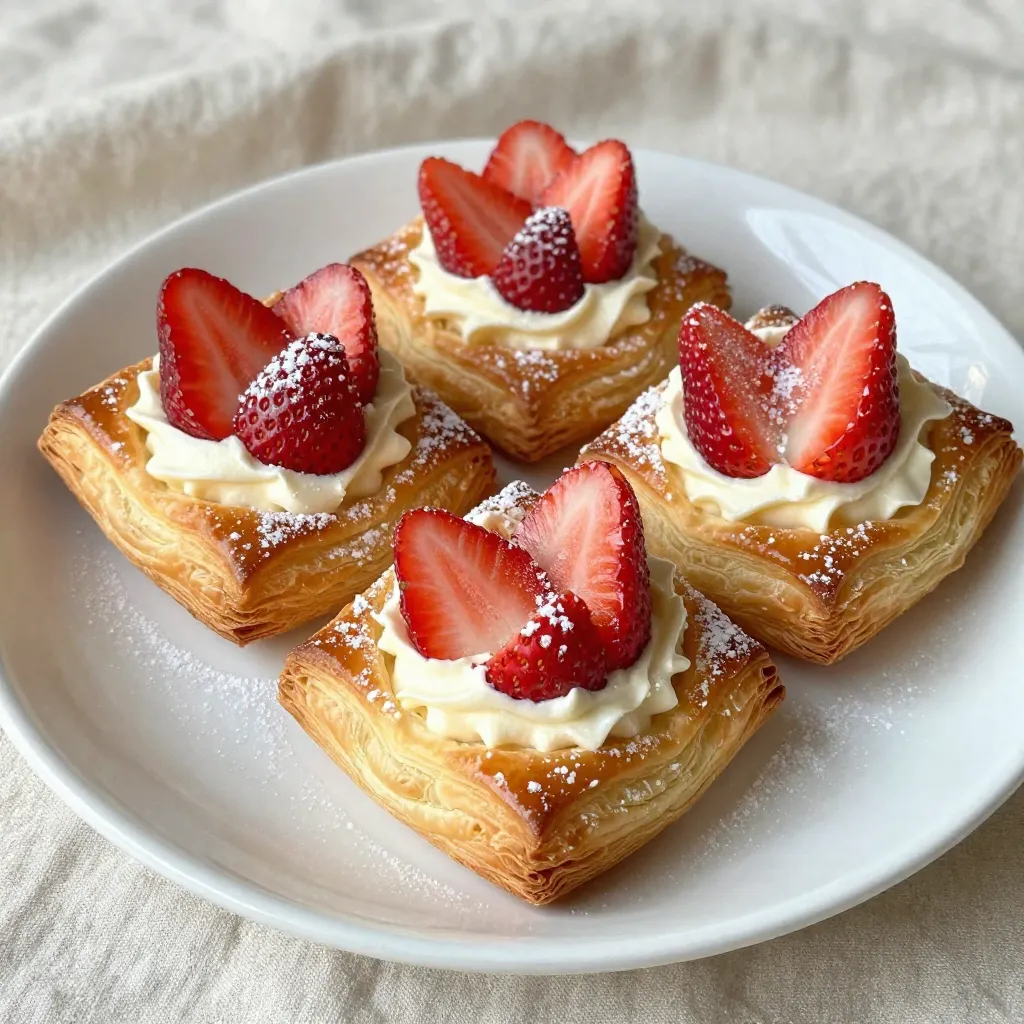 - 1 sheet of puff pastry, thawed - 8 oz cream cheese, softened - 1/4 cup powdered sugar - 1/2 teaspoon vanilla extract - 1 cup fresh strawberries, hulled and sliced - 1 tablespoon lemon juice - 1 egg, beaten (for egg wash) - Optional: additional powdered sugar for dusting To make Strawberry Cream Cheese Danish, gather these ingredients. Puff pastry is the base. It gives the danish its flaky texture. You need one sheet, thawed and ready to roll out. Next, prepare the cream cheese filling. You will use 8 ounces of softened cream cheese. Mix this with 1/4 cup of powdered sugar. Add in 1/2 teaspoon of vanilla extract for flavor. This mixture makes the filling rich and sweet. Then, focus on the strawberries. You need 1 cup of fresh strawberries. Slice and hull them, then toss with 1 tablespoon of lemon juice. This step brightens their flavor. You can add a bit of powdered sugar if you want them sweeter. Finally, prepare the egg wash. You will beat one egg to brush over the danishes. This helps them turn golden brown when baked. Optionally, keep some powdered sugar nearby for dusting after baking. With these ingredients, you can create a delicious treat that is sure to impress. {{ingredient_image_1}} First, you need to preheat your oven to 400°F (200°C). This helps your danish bake evenly. While the oven heats, prepare your baking sheet by lining it with parchment paper. This prevents sticking and makes cleanup easy. Roll out your thawed puff pastry on a lightly floured surface. Aim for a smooth texture. Next, cut the pastry into four equal squares. This will be the base for your delicious filling. In a mixing bowl, take your softened cream cheese. Add 1/4 cup of powdered sugar and 1/2 teaspoon of vanilla extract. Mix these ingredients together until you get a smooth and creamy filling. This will add a rich taste to your danish. Now, take 1 cup of fresh strawberries, hulled and sliced. Place them in a separate bowl. Toss the strawberries with 1 tablespoon of lemon juice. If you want them sweeter, add a bit of extra powdered sugar. This enhances their flavor. Place a dollop of the cream cheese filling in the center of each pastry square. Then, arrange a few strawberry slices on top. Fold the corners of the pastry squares toward the center to create a diamond shape. Pinch the corners to seal them well. Brush the tops of your danishes with a beaten egg. This gives them a golden color when baked. Then, place them in your preheated oven. Bake for about 15-20 minutes. Look for a golden brown color and puffed-up pastry. Once done, take them out and let them cool slightly. Enjoy your tasty treat! To make puff pastry shine, handle it with care. Start with a cold surface. Lightly flour your counter before rolling out the dough. Roll it evenly to avoid thick spots. Cut the pastry into squares, but don’t waste any dough scraps. You can re-roll them to make more pastries! Always keep the dough chilled until you are ready to bake. This helps it puff up nicely. If you want a natural twist, try honey or maple syrup. These sweeteners pair well with strawberries. Toss the sliced strawberries with lemon juice and a drizzle of your chosen sweetener. This adds flavor and keeps the fruit fresh. You can also use agave nectar for a lighter touch. Adjust the amount based on your taste. Serving is just as important as baking. For a lovely look, dust your danish with powdered sugar. Add fresh mint leaves on the side for color and flavor. You can also serve them on a nice platter, arranged with strawberries around them. This makes each bite feel special. Use a small plate for each danish to make it feel personal. Don’t forget to enjoy them warm! Pro Tips Use Cold Puff Pastry: Ensure your puff pastry is cold when working with it to achieve the best rise and flakiness during baking. Experiment with Fruits: While strawberries are delicious, feel free to try other fruits like blueberries or raspberries for a unique twist. Sweeten to Taste: Adjust the amount of powdered sugar in the cream cheese mixture to suit your sweetness preference. Don’t Skip the Egg Wash: Brushing the pastries with egg wash before baking gives them a lovely golden color and shiny finish. {{image_2}} You can change the fruit in your Danish. Blueberries and raspberries are great choices. They both add a juicy burst of flavor. Blueberries make the pastry sweet and tangy. Raspberries give it a nice tartness. You can mix and match these fruits too. This creates a fun twist with every bite. If you want to switch up the cheese, try using mascarpone or ricotta. Mascarpone is creamy and rich. It adds a lovely texture. Ricotta is lighter and has a mild taste. Both options work well in this recipe. They let the fruit shine while still being creamy. Adding lemon zest or almond extract gives your Danish more flavor. Lemon zest brightens the dish and pairs well with strawberries. It adds a fresh, zesty note. Almond extract gives a nutty flavor. It creates a warm and cozy feeling in each bite. Just a little goes a long way. To keep your strawberry cream cheese danishes fresh, place them in an airtight container. Store them in the fridge for up to three days. Make sure they cool down completely before sealing. If you leave them out, they can get soggy. You want to enjoy their crispy texture, so refrigeration is key. You can freeze your danishes either before or after baking. If you freeze them before baking, assemble the danishes, but do not bake. Wrap each one in plastic wrap and place them in a freezer-safe bag. They can stay frozen for up to three months. If you freeze them after baking, let them cool first. Then, wrap them and store them in the same way. When you’re ready to eat, just thaw and reheat. To enjoy your leftovers, preheat your oven to 350°F (175°C). Place the danishes on a baking sheet. Heat them for about 10-15 minutes. This will help restore their flaky texture. You can also use a microwave, but that may make them soft. If you want a quick snack, a short time in the microwave works, too. Enjoy your tasty treat! Yes, you can prepare some parts ahead. You can make the cream cheese filling a day before. Store it in the fridge. The puff pastry can also be cut into squares ahead. Just keep them covered to stop them from drying out. Look for a golden brown color on the pastry. The edges should be puffed and crisp. If the pastry feels light and airy, it’s ready. A good test is to touch it lightly; it should feel firm and not doughy. These danishes pair well with coffee or tea. You could also serve them with fresh fruit or whipped cream. For a more festive touch, add a drizzle of chocolate or a scoop of vanilla ice cream. You can make a delicious Strawberry Cream Cheese Danish with simple steps. We covered everything from ingredients to storage tips. Remember to prep your oven, assemble the pastry with care, and try different fruit options to keep it fun. Enjoy each bite fresh or as leftovers. With these methods, you'll impress anyone who tries your tasty danish. Take this guide and make your own delightful treats today!