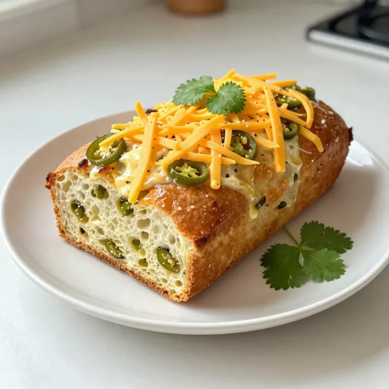 - 3 cups all-purpose flour - 1 tablespoon baking powder - 1 teaspoon salt - 1 teaspoon garlic powder - 1 cup sharp cheddar cheese, shredded - 1-2 jalapeños, finely chopped (remove seeds for less heat) - 12 oz non-alcoholic beer (or sparkling water) - 1/4 cup honey - 1/4 cup unsalted butter, melted This recipe has simple ingredients that create big flavors. You start with all-purpose flour, which gives the bread a nice texture. Baking powder makes it rise well. Salt adds a touch of flavor, while garlic powder gives it a savory kick. The star of the show is the sharp cheddar cheese. It melts into the bread, adding creaminess and depth. Jalapeños bring a spicy note, but remember to remove the seeds if you want less heat. Next, you’ll need some non-alcoholic beer or sparkling water. This adds a unique flavor and helps the bread rise. Honey sweetens the mix, while melted unsalted butter adds richness. With these ingredients, you can make a delicious and easy Jalapeño Cheddar Beer Bread. You’ll enjoy the blend of flavors in every bite! {{ingredient_image_1}} 1. Preheat your oven to 375°F (190°C). Grease a 9x5 inch loaf pan with butter or cooking spray. 2. In a large mixing bowl, whisk together the following dry ingredients: - 3 cups all-purpose flour - 1 tablespoon baking powder - 1 teaspoon salt - 1 teaspoon garlic powder 3. Next, add the fun stuff! Stir in: - 1 cup sharp cheddar cheese, shredded - 1-2 jalapeños, finely chopped (remove seeds for less heat) 4. In another bowl, mix the wet ingredients. Combine: - 12 oz non-alcoholic beer (or sparkling water) - 1/4 cup honey Mix until the honey is fully dissolved. 5. Pour the wet ingredients into the dry mix. Gently combine until just mixed. It's okay if there are a few lumps. 1. Pour the batter into your prepared loaf pan. Smooth the top with a spatula. 2. For a special touch, sprinkle extra cheddar cheese and jalapeño slices on top. 3. Bake in the preheated oven for 40-45 minutes. Check for doneness by inserting a toothpick in the center. It should come out clean. 4. Let the bread cool in the pan for about 10 minutes. Then, transfer it to a wire rack to cool completely. Enjoy your tasty Jalapeño Cheddar Beer Bread! How do I avoid dense bread? To keep your bread light, do not overmix the batter. Mix gently until the flour is just combined. Lumps are okay! Why is ingredient temperature important? Using room temperature ingredients helps the batter mix evenly. Cold ingredients can make the bread dense. How much resting time do I need for better texture? Let the batter sit for a few minutes before baking. This gives the flavors time to blend. What are the best ways to enjoy Jalapeño Cheddar Beer Bread? Enjoy this bread warm, straight from the oven. It pairs well with butter or a spread. What are good pairing options? Try jalapeño-infused olive oil for a spicy kick. You can also add fresh herbs like cilantro or chives for color and flavor. Pro Tips Cheese Choice: Use a mix of sharp and mild cheddar for a more complex flavor profile. Jalapeño Heat: Adjust the amount of jalapeños to your heat preference; remove seeds for a milder bread. Beer Selection: Experiment with different types of non-alcoholic beers for varied flavors; a stout can add richness. Serving Suggestion: Serve warm with butter or a dip and garnish with fresh herbs for an appealing presentation. {{image_2}} You can change the cheese to fit your taste. Try mozzarella for a milder flavor. Pepper jack gives it more heat. Even a mix of cheeses can add depth. For the beer, you can use a light lager or a stout. If you prefer non-alcoholic options, sparkling water works well too. This keeps the bread light and fluffy. Add extra herbs and spices for a unique twist. Try oregano or thyme for a floral note. If you want a kick, add cayenne pepper or smoked paprika. These flavors can boost the bread. You can also mix in different veggies. Diced bell peppers or corn can add sweetness. If you want protein, try adding cooked bacon or sausage. These additions make the bread heartier and more filling. To keep your Jalapeño Cheddar Beer Bread fresh, store it properly. First, let the bread cool completely. Wrap it tightly in plastic wrap or aluminum foil. You can also place it in an airtight container. This helps keep moisture in and air out. If you want to freeze the bread, slice it first. This makes it easy to thaw just what you need. Wrap each slice in plastic wrap, then place them in a freezer bag. This way, the bread stays fresh for up to three months. When it’s time to enjoy your bread again, reheating is key. For the best texture, preheat your oven to 350°F (175°C). Place the bread on a baking sheet. Heat it for about 10-15 minutes. This warms it through and keeps the crust crispy. If you have individual slices, you can use the microwave. Heat a slice for about 15-20 seconds. This method is quick, but the crust might not be as crisp. Enjoy your bread warm for the best flavor! Can I make this bread gluten-free? Yes, you can use a gluten-free flour blend instead of all-purpose flour. Look for blends that include xanthan gum. This helps mimic the texture of traditional bread. How do I adjust the heat level with jalapeños? To lower the heat, remove the seeds and ribs from the jalapeños before chopping. For more heat, leave some seeds in or add extra jalapeños. Can I use a different type of pan? You can use a round pan or muffin tins if you prefer. Just adjust the baking time. Muffins will take less time to bake. How to know when the bread is fully baked? The bread is done when the top is golden brown. Insert a toothpick in the center; it should come out clean if baked properly. What’s the best way to serve this bread? Serve the bread warm, sliced with butter or jalapeño-infused olive oil for dipping. Garnish with fresh herbs like cilantro or chives for extra flavor. Jalapeño Cheddar Beer Bread combines simple ingredients for a tasty treat. We covered each step, from mixing to baking. I shared tips for texture and flavor. Try different cheeses or add herbs for variety. Remember to store it right for freshness. Enjoying this bread is easy with butter or olive oil. Whether you serve it at a gathering or as a snack, it will please everyone. Happy baking!
