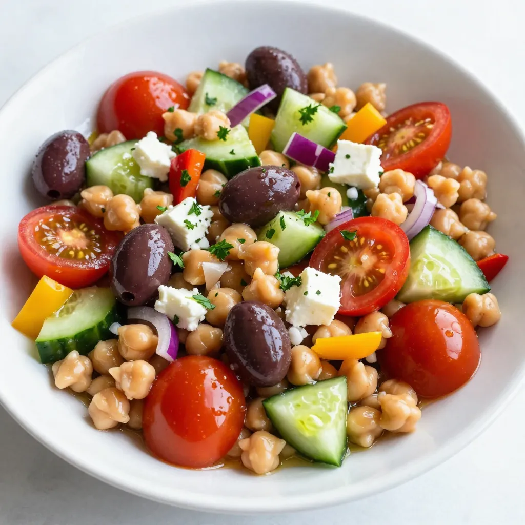 - 1 can (15 oz) chickpeas, drained and rinsed - 1 cup cherry tomatoes, halved - 1 cucumber, diced - 1/2 red onion, finely chopped - 1/2 bell pepper (any color), diced - 1/4 cup Kalamata olives, pitted and sliced - 1/4 cup feta cheese, crumbled (optional) - 3 tablespoons olive oil - 2 tablespoons lemon juice - 1 teaspoon dried oregano - Salt and pepper to taste - Fresh parsley, chopped, for garnish Chickpeas are the star of this salad. They add great texture and protein. I always use canned chickpeas for ease. Just drain and rinse them to remove any excess salt. Cherry tomatoes bring bright flavor and color. Halve them to create bite-sized pieces. You can also use any ripe tomatoes. Each option adds a juicy burst. Cucumbers add crunch and freshness. Diced cucumbers balance the creaminess of the feta cheese. The red onion gives a sweet, sharp flavor. I chop it finely to avoid overpowering the salad. Bell peppers give a sweet, crisp bite. Use any color you prefer. Kalamata olives add a briny taste and a chewy texture. They enhance the Mediterranean flair. Feta cheese is an optional ingredient. It adds creaminess and tang. If you’re dairy-free, skip this or choose a vegan alternative. The dressing is simple. Olive oil and lemon juice create a bright base. Dried oregano adds a nice herb flavor. Season with salt and pepper to taste. This mix ties all the ingredients together. Garnish with fresh parsley for a pop of color and flavor. This salad is not only tasty but also vibrant. {{ingredient_image_1}} Start by grabbing a large mixing bowl. In this bowl, combine the drained chickpeas, halved cherry tomatoes, diced cucumber, finely chopped red onion, and diced bell pepper. Each of these ingredients brings color and taste. Next, add the sliced Kalamata olives. If you love cheese, sprinkle in the crumbled feta for extra creaminess. Gently toss the mixture to blend all those fresh flavors. Now, it’s time to prepare the dressing. In a small bowl, whisk together three tablespoons of olive oil, two tablespoons of lemon juice, one teaspoon of dried oregano, and a pinch of salt and pepper. This dressing adds a zesty kick. Drizzle it over the salad. Toss the salad again to make sure every bite is coated. Once everything is mixed, take a moment to enjoy your work. Let the salad sit for about 15 minutes. This resting time allows the flavors to meld. You will notice how the dressing soaks into the veggies and chickpeas. The salad becomes even tastier after marinating. For serving, you have options. You can present the salad in a large bowl or plate it on individual dishes. To make it pop, garnish with extra feta and freshly chopped parsley. This adds a bright burst of color and freshness. Trust me, it looks as good as it tastes! Using canned chickpeas makes this salad quick and easy. They are ready to eat after rinsing. Dried chickpeas need soaking and cooking, which takes more time. If you prefer dried chickpeas, plan ahead. Chop your veggies in uniform sizes. This helps them mix well. For tomatoes, cut them in half. Dice cucumber and bell pepper into small pieces. Finely chop the red onion for a nice bite. Taste your salad as you go. Adjust the seasoning to your liking. Add more salt, pepper, or lemon juice if needed. This helps balance the flavors. Try different herbs and spices. Fresh basil or cilantro can add a new twist. A pinch of cumin or smoked paprika can also enhance the taste. Don’t be afraid to experiment! Store the salad in an airtight container. It keeps well in the fridge for up to three days. Serve it cold for the best taste. Let the salad rest for at least 15 minutes before serving. This allows the flavors to mix well. For a fresh touch, add parsley just before serving. Pro Tips Fresh Ingredients: Use fresh, in-season vegetables for the best flavor and texture in your salad. Chill Before Serving: Refrigerate the salad for at least 30 minutes before serving to enhance the flavors. Customize Your Olives: Experiment with different types of olives, such as green or stuffed olives, to add a unique twist. Extra Crunch: Add toasted pine nuts or sunflower seeds for an added crunch and nutritional boost. {{image_2}} You can easily change the beans or veggies in this salad. For example, try black beans or kidney beans. You can also add more crunch by using carrots or radishes. If you want a dairy-free and vegan option, skip the feta cheese. You can replace it with avocado or leave it out completely. This keeps the salad fresh and still full of flavor. The dressing can change the whole vibe of your salad. If you want something different, try a balsamic vinaigrette. You can also mix in some honey or mustard for a twist. For a spicy kick, add a pinch of red pepper flakes. These changes can make the salad feel new and exciting, each time you serve it. You can enjoy this salad as a side dish or make it a main meal. Serve it alongside grilled chicken or fish for a filling plate. You can also pile it into wraps or sandwiches. Just scoop the salad into a tortilla or pita bread, and you have a tasty lunch. The options are endless, making this salad a versatile choice for any meal. To keep your Mediterranean chickpea salad fresh, store leftovers in an airtight container. Glass or plastic containers work well. Make sure the lid seals tightly to keep air out. This helps maintain the flavors and crispness of the veggies. In the fridge, your salad stays fresh for about 3 days. The flavors will blend nicely over time. If you want to store it longer, freezing is not ideal. The veggies may become mushy. You usually don't need to reheat this salad. If you prefer it warm, gently toss it in a pan over low heat. Keep it moving to avoid cooking the veggies. Enjoy it fresh and cool for the best taste! You can prepare this salad in advance. Just follow these steps. Mix the chickpeas, tomatoes, cucumber, onion, and bell pepper. Add olives and feta cheese if you like. Make the dressing by whisking olive oil, lemon juice, oregano, salt, and pepper. Store each part in separate containers in the fridge. Combine them when you are ready to serve. This keeps the veggies fresh and crisp. No, this salad is best served cold. The flavors mix well when chilled. Warm temperatures can make the veggies soft. However, you can enjoy the salad right after you make it. Just let it rest for 15 minutes. This allows the flavors to blend nicely. Chickpeas are very healthy. They are high in protein and fiber. This helps you feel full longer. They also support digestive health. Chickpeas are rich in vitamins and minerals. They provide iron, magnesium, and B vitamins. Eating chickpeas can help lower cholesterol and improve heart health. Plus, they are great for your skin! In this blog post, we explored how to make a refreshing Mediterranean Chickpea Salad. We covered the key ingredients, provided step-by-step instructions, and shared helpful tips for preparation and storage. This salad is versatile; you can swap ingredients or change dressings for a unique twist. Remember to store leftovers properly to maintain freshness. Enjoy this dish as a side or main course, and feel free to experiment with flavors. You’ll love how easy it is to create a flavorful, healthy meal.