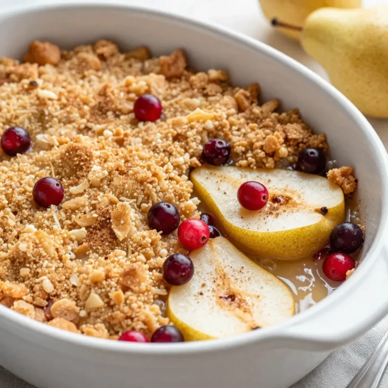 - 4 ripe pears, peeled and sliced - 1 cup fresh or frozen cranberries - 1 tablespoon lemon juice - ½ cup brown sugar, divided - 1 teaspoon cinnamon - ¼ teaspoon nutmeg - 1 teaspoon vanilla extract - 1 cup rolled oats - ½ cup all-purpose flour - ½ cup unsalted butter, melted - ½ cup chopped nuts (walnuts or pecans) - Pinch of salt I love using ripe pears in this recipe. They add sweetness and a soft texture. Fresh or frozen cranberries give a nice tart flavor. The lemon juice brightens the fruit and keeps it fresh. Brown sugar adds a deep flavor and a bit of moisture. Cinnamon and nutmeg give warmth and spice to each bite. Vanilla extract rounds out the flavors, making it cozy. The rolled oats and flour create a great crisp topping. Unsalted butter adds richness and helps the topping brown. Chopped nuts like walnuts or pecans bring crunch and extra flavor. A pinch of salt balances all the sweetness. If you can't find pears, apples work well too. You can swap cranberries for blueberries or cherries. Use white sugar if you don’t have brown sugar. For a nut-free version, leave out the nuts or use seeds. You can replace the butter with coconut oil for a dairy-free option. {{ingredient_image_1}} Start by peeling and slicing four ripe pears. Make sure they are soft but not mushy. If you use frozen cranberries, no need to thaw them. In a large bowl, combine the sliced pears and cranberries. Add one tablespoon of lemon juice to keep the fruit bright. Sprinkle in ¼ cup of brown sugar, one teaspoon of cinnamon, ¼ teaspoon of nutmeg, and one teaspoon of vanilla extract. Toss everything until the fruit is well coated. This mix makes the base for our crisp. Pour the fruit mixture into a greased 9x9-inch baking dish. In another bowl, mix one cup of rolled oats and ½ cup of all-purpose flour. Add the remaining ¼ cup of brown sugar and a pinch of salt. Melt ½ cup of unsalted butter and pour it into the bowl. If you like, chop some walnuts or pecans and add them to the mix. Stir everything until it looks like coarse crumbs. This will be the crunchy topping for your crisp. Preheat your oven to 350°F (175°C). Sprinkle the oat mixture evenly over the fruit layer in the baking dish. Bake in the preheated oven for 30-35 minutes. Look for a golden brown topping and bubbly fruit. When done, remove it from the oven and let it cool for a few minutes. Enjoy the warm crisp with a scoop of vanilla ice cream on top! To get a perfect crisp topping, use old-fashioned rolled oats. They create a great texture. Mix the oats with flour, brown sugar, and melted butter. This mix should feel crumbly. Add chopped nuts for crunch. Walnuts or pecans work best. Spread the topping evenly over the fruit. This ensures every bite has flavor. You can add more flavor to your crisp. Try adding a pinch of ginger for warmth. A splash of almond extract can also boost sweetness. If you love spices, add more cinnamon or a dash of allspice. Dried fruits like raisins or apricots can give a nice chew. Feel free to get creative with your mix! Serve your Spiced Pear Cranberry Crisp warm. A scoop of vanilla ice cream is a must. It melts into the crisp and adds creaminess. Top with extra chopped nuts for a nice finish. You can also drizzle with caramel sauce for a sweet touch. Enjoy it as a cozy dessert on chilly nights! Pro Tips Choose Ripe Pears: Make sure to select ripe pears for the best flavor and texture. They should yield slightly to pressure when squeezed gently. Nutty Variation: Experiment with different nuts like almonds or pecans for added flavor and crunch. Toast them lightly before adding for an enhanced taste. Make Ahead: You can prepare the fruit mixture and crumble topping ahead of time. Assemble and bake when you're ready to serve for a warm dessert. Serving Suggestions: Serve with a scoop of vanilla ice cream or whipped cream to complement the warm, spiced flavors of the crisp. {{image_2}} You can change the fruit in this recipe for fun. Try using apples for a sweeter taste. You can also mix in some berries like blueberries or raspberries. Each fruit adds its own flavor twist. For a fall vibe, add some cooked pumpkin or butternut squash. The blend of flavors keeps the dish exciting and fresh. If you need a gluten-free option, swap the all-purpose flour for a gluten-free blend. Look for a mix that works well in baking. For oats, use certified gluten-free oats to ensure safety. These simple swaps let you enjoy the crisp without worry. It still tastes great and holds its texture. To make this recipe vegan, replace the butter with coconut oil or plant-based butter. You can also use maple syrup instead of brown sugar for sweetness. This gives a rich flavor and keeps the dish fully plant-based. Using plant-based milk can add moisture if needed. Enjoy a delicious dessert that fits your diet! To store leftover Spiced Pear Cranberry Crisp, let it cool completely first. Then, cover it tightly with plastic wrap or foil. You can also use an airtight container. Keep it in the fridge for up to three days. This way, the flavors stay fresh for your next treat. When you’re ready to enjoy your crisp again, preheat your oven to 350°F (175°C). Place the leftover crisp in an oven-safe dish. Cover it lightly with foil to keep it moist. Bake for about 15-20 minutes, or until hot. If you prefer the microwave, heat it in short bursts, about 30 seconds at a time, until warm. To freeze Spiced Pear Cranberry Crisp, let it cool completely. Then, wrap it well in plastic wrap, followed by foil. This helps prevent freezer burn. You can freeze it for up to three months. When ready to eat, thaw it overnight in the fridge. Bake it as directed to restore its delightful texture. Yes, you can use canned fruit. Just choose pears packed in juice or water. Drain the fruit well before using. This helps keep the crisp from getting too watery. Canned fruit may also be softer than fresh, so reduce the baking time to avoid mushiness. To keep the topping crispy, make sure to mix the oats and flour well. Use melted butter to bind the topping ingredients without making it too wet. Also, avoid covering the crisp while it bakes. This lets steam escape and keeps the topping crunchy. If you notice it getting soggy, bake it a bit longer. You can serve it warm with a scoop of vanilla ice cream. A dollop of whipped cream also works great. For a twist, add a drizzle of caramel sauce on top. You can enjoy it for breakfast with yogurt or as a dessert after dinner. Serve it plain, or add extra chopped nuts for crunch. This blog post covered everything you need for a great Spiced Pear Cranberry Crisp. I detailed the ingredients and explained why each one matters. You learned how to prep and bake your crisp with easy steps. I shared tips for a perfect topping and fun flavor boosts. We discussed variations to fit your needs, like gluten-free and vegan options. Finally, I covered how to store leftovers and answered common questions. Enjoy making this crisp your way, and savor every bite!