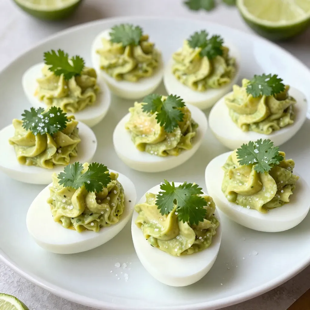 To make Avocado Lime Deviled Eggs, you will need these items: - 6 large eggs - 1 ripe avocado - 2 tablespoons lime juice - 1 tablespoon Greek yogurt - 1 teaspoon Dijon mustard - Salt and pepper to taste - 1 small jalapeño, finely chopped (optional for heat) - Fresh cilantro leaves for garnish These ingredients come together to create a creamy, zesty filling that enhances the classic deviled egg. The ripe avocado adds richness while the lime juice provides a refreshing kick. Greek yogurt gives a nice tang and creaminess without too much fat. Dijon mustard adds a subtle depth of flavor. You can adjust the salt and pepper based on your taste. If you enjoy a little heat, the jalapeño is a great addition. The cilantro leaves on top add a pop of color and a fresh taste. Gather these ingredients, and you’re ready to create a simple yet delicious treat. {{ingredient_image_1}} Start by placing six large eggs in a pot. Cover them with cold water. Turn the heat to high and bring the water to a boil. Once it boils, cover the pot. Remove it from heat and let the eggs sit for 12 minutes. After 12 minutes, the eggs need to cool down. Transfer them to an ice bath. Let them chill for about 5 to 7 minutes. This step makes peeling much easier. Now it’s time to peel the eggs. Gently tap each egg on the counter to crack the shell. Peel the eggs under running water. This helps the shells come off smoothly. Next, cut each egg in half lengthwise. Carefully remove the yolks and place them in a mixing bowl. Add one ripe avocado, two tablespoons of lime juice, one tablespoon of Greek yogurt, one teaspoon of Dijon mustard, and salt and pepper to taste. If you want some heat, add a finely chopped jalapeño. Take a fork or a handheld mixer and mash all the ingredients together. Mix until it’s smooth and creamy. This is where the flavor comes together. Now, grab a spoon or a piping bag. Fill each hollowed-out egg white with the avocado-lime mixture. Make sure to fill them evenly for a nice look. For the final touch, sprinkle a bit of extra salt on top if you like. Garnish each egg with a fresh cilantro leaf. This adds color and flavor. Arrange the deviled eggs on a serving platter. You can enjoy them right away or refrigerate them until you are ready to serve. They make a tasty treat for any gathering! Peeling hard-boiled eggs can be tricky. To make it easy, start with fresh eggs. After boiling, cool them in an ice bath for 5-7 minutes. This helps separate the shell from the egg. Next, gently tap each egg on a counter to crack the shell. Peeling under running water can help too. The water gets between the egg and shell. This makes the shell come off smoothly. Choosing the right avocado is key. Look for avocados that feel slightly soft when you press them. They should yield a bit but not be mushy. Check for dark green to black skin, which usually means they are ripe. If they are too firm, leave them on the counter for a day or two. Once ripe, use them right away or store in the fridge to slow the ripening. If you want to add heat, jalapeños are a great choice. Start with a small amount, like half of a finely chopped jalapeño. Taste the mixture before adding more. If you prefer less heat, you can skip the jalapeño altogether. For a milder flavor, remove the seeds and ribs from the jalapeño before chopping. This will reduce the spice level while still adding a nice flavor. Pro Tips Use Fresh Ingredients: Always select ripe avocados and fresh lime juice for the best flavor in your deviled eggs. Perfect Egg Cooking: For perfectly hard-boiled eggs, consider using a kitchen timer and an ice bath to stop the cooking process quickly. Customizable Heat: Adjust the spice level by adding more or less jalapeño according to your preference. You can also substitute with a dash of hot sauce. Presentation Matters: For an elegant touch, use a piping bag to fill the egg whites, creating a beautiful swirl with the avocado-lime mixture. {{image_2}} You can easily change the flavor of your avocado lime deviled eggs. Try adding a pinch of garlic powder for a nice kick. A splash of hot sauce can bring some heat and zest. You can also mix in some smoked paprika for a smoky taste. If you want it to be creamier, add more Greek yogurt or a bit of cream cheese. The key is to experiment and find what you love. Garnishes make your deviled eggs stand out. Instead of cilantro, try fresh dill or green onions for a different look. You can also add crumbled feta cheese on top for a salty twist. Another fun idea is to sprinkle some crispy bacon bits for added crunch. Each garnish can add a new layer of flavor and make your dish more appealing. If you don’t have Greek yogurt, you can substitute it with sour cream. It gives a similar creamy texture. You can also use mashed cottage cheese for a lighter option. If you are looking for dairy-free alternatives, try using avocado oil or tahini. Each substitute will change the flavor, but the base will still be delicious. To keep your avocado lime deviled eggs fresh, store them in the fridge. Place them in an airtight container. Cover the eggs with plastic wrap if there’s no lid. This helps to prevent them from absorbing other smells in the fridge. Always keep them chilled until you are ready to serve. Avocado lime deviled eggs stay good for about 2 to 3 days in the fridge. After that, they may lose their taste and texture. If you notice browning on the avocado filling, it’s time to toss them. Always check for any off smells before eating them. Freezing the avocado lime filling is not recommended. Avocado does not freeze well and can change in texture. Instead, prepare the filling fresh each time. If you want to save time, you can boil the eggs ahead of time. Store the boiled egg whites in the fridge until you are ready to fill them. You can skip the Greek yogurt. Just use an extra ripe avocado. This keeps the eggs creamy. You can also use silken tofu for a vegan option. Blend it well with lime juice, mustard, salt, and pepper for flavor. Yes, you can make these eggs ahead of time. Prepare the filling and store it in the fridge. Keep the egg whites separate until you are ready to serve. This keeps the eggs fresh and tasty. Just fill them right before serving. These deviled eggs go well with many sides. Try fresh salads, like a simple green salad. Chips and salsa also work great. You can pair them with guacamole or a fruit platter for a fun touch. To make this recipe vegan, use a ripe avocado. Replace the eggs with chickpea flour mixed with water. This creates a similar texture. Add lime juice, mustard, and spices for flavor. You can also use vegan yogurt for creaminess. Avocado lime deviled eggs combine rich flavors and healthy ingredients. We covered the steps, tips, and storage for these tasty treats. You can mix the filling, adjust spice levels, or even try variations. Remember, these eggs last about four days in the fridge. Enjoy making them for your next gathering. They are sure to impress! Stick to fresh ingredients for the best taste. Try different garnishes to find your favorite. Enjoy experimenting and savoring this delicious dish!