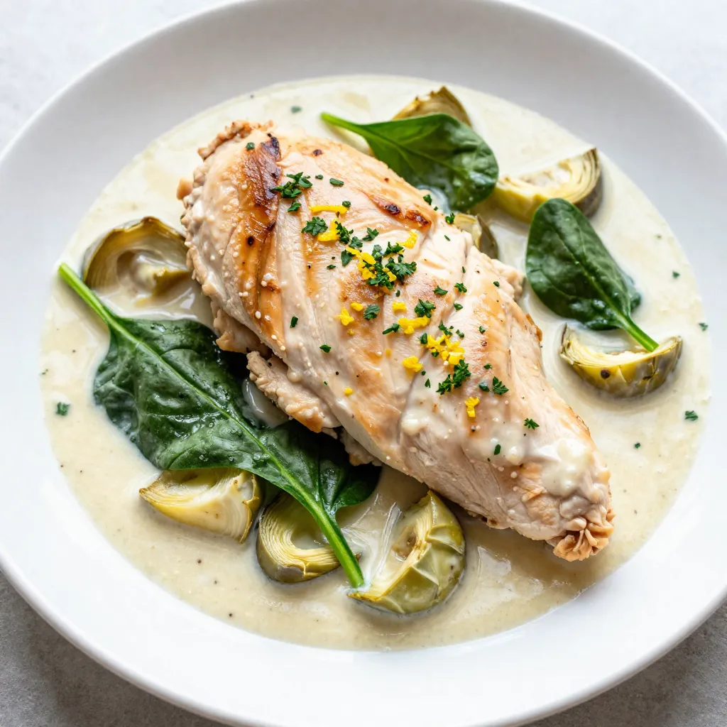 To make this dish, you need: - 4 boneless, skinless chicken breasts - 1 can (14 oz) artichoke hearts, drained and quartered - 1 cup heavy cream - 1 cup chicken broth - 1 tablespoon lemon zest - 2 tablespoons fresh lemon juice - 4 cloves garlic, minced - 1 cup fresh spinach These ingredients create the heart of our creamy lemon artichoke chicken. The chicken breasts provide a nice base, while the artichokes add a unique flavor. Heavy cream and chicken broth combine to form a rich sauce. You will also need: - 1 tablespoon olive oil - Salt and pepper to taste Olive oil helps to sear the chicken. Salt and pepper are vital for enhancing the dish's flavor. Seasoning the chicken well ensures every bite tastes great. To elevate your meal, consider the following: - Fresh parsley, chopped (for garnish) - Fluffy rice or garlic bread (as sides) Garnishing with fresh parsley adds color and freshness. Serving the chicken with rice or garlic bread helps soak up the delicious sauce. Enjoying a side with this dish makes it even more satisfying! {{ingredient_image_1}} To start, take your chicken breasts and season both sides with salt and pepper. This simple step adds flavor to the chicken. Next, it's time to sear the chicken. In a large skillet, heat up some olive oil over medium-high heat. Once the oil is hot, add the seasoned chicken breasts. Cook them for 6 to 7 minutes on each side. You want them to be golden brown and fully cooked. After that, remove the chicken from the skillet and set it aside. This step helps lock in the juices. Cooking the chicken well is key to a great meal. Make sure your skillet is hot before adding the chicken. This helps create a nice crust. A good crust adds texture and flavor. Don't rush this part. Let the chicken cook without moving it too much. After searing, let it rest. This keeps the chicken moist and tender. Now, let’s make the sauce! Lower the heat to medium in the same skillet. Add minced garlic and sauté for about 1 minute. You want it to smell great, but don’t let it burn! Next, add the quartered artichoke hearts to the skillet. Stir gently to mix them with the garlic. Then, pour in the chicken broth and heavy cream. Mix everything well to combine. Now, stir in the lemon zest and lemon juice. This adds a bright, fresh flavor to the sauce. Bring it to a gentle simmer. Once the sauce is simmering, return the cooked chicken to the skillet. Spoon the creamy artichoke sauce over the chicken. Let it simmer for about 5 minutes to heat everything through. Finally, fold in the fresh spinach. It will wilt quickly in the warm sauce. This adds color and nutrients to your meal. Adjust the seasoning with salt and pepper if needed. Your creamy lemon artichoke chicken is now ready to serve! To get the creamiest sauce, use heavy cream. It gives a rich texture. Adding lemon juice adds brightness without thinning it. Heat the sauce gently. This keeps it from curdling. Stir often while it simmers. You can also add more chicken broth for a lighter sauce. For juicy chicken, start with thin breasts. This helps them cook evenly. Always season with salt and pepper first. Sear the chicken in hot olive oil. This creates a nice crust. Cook each side for 6-7 minutes. Avoid moving it around too much. Let it rest before slicing. This keeps the juices inside. Add fresh herbs for more flavor. Basil or thyme work well with lemon. You can also mix in capers for a briny touch. For heat, sprinkle red pepper flakes. They add a nice kick. Lastly, serve with fluffy rice or crusty bread. This helps soak up the creamy sauce. Pro Tips Use Fresh Ingredients: Fresh lemon juice and zest will elevate the flavor of the dish, giving it a vibrant taste that complements the creamy sauce. Don’t Overcook Spinach: Add the spinach towards the end of cooking to retain its color and nutrients, ensuring it wilts perfectly without becoming mushy. Adjust Creaminess: If you prefer a lighter sauce, you can substitute half of the heavy cream with Greek yogurt or a lower-fat cream alternative. Perfect Pairings: Serve this dish with a side of garlic bread or over a bed of rice or pasta to soak up the delicious creamy sauce. {{image_2}} If you follow a gluten-free diet, you can easily adjust this recipe. Use gluten-free chicken broth instead of regular broth. Many brands offer gluten-free options. Always check the labels to be sure. This change keeps the dish delicious and safe for your needs. Heavy cream makes this dish rich, but you can swap it out. For a lighter option, use half-and-half. You can also use coconut cream for a dairy-free choice. Just note that coconut cream will add a slight coconut flavor, which can be nice! For a vegetarian twist, leave out the chicken. Use firm tofu or jackfruit instead. Cook them in the same way as the chicken. You can also add more veggies like mushrooms or zucchini for extra flavor. The creamy lemon artichoke sauce pairs well with these choices. To keep your creamy lemon artichoke chicken fresh, let it cool first. Place it in an airtight container. Make sure to store it in the fridge. It will last for about 3 to 4 days. If you want to keep it longer, consider freezing it. When you’re ready to enjoy leftovers, reheat gently. You can use the microwave or a skillet. If using a skillet, add a splash of chicken broth to keep it moist. Heat over low until warmed through. Avoid high heat, as it may dry out the chicken. Freezing is a great option for longer storage. Portion the chicken into freezer-safe bags or containers. Make sure to remove as much air as possible. Label them with the date. You can freeze it for up to 3 months. When ready to eat, thaw it overnight in the fridge before reheating. Yes, you can use frozen artichokes. Just thaw them first. Frozen artichokes tend to have a firmer texture. This can add a nice bite to your dish. They also have great flavor. Cut them into quarters like canned artichokes. Drain any excess water before adding them to the skillet. To spice it up, add red pepper flakes. Start with a pinch and taste as you go. You can also use hot sauce for a kick. Another option is to add diced jalapeños for heat. If you like bold flavors, try adding a splash of sriracha. Balance the heat with the creamy sauce. This dish pairs well with several sides. Here are some great options: - Fluffy rice - Garlic bread - Quinoa - Steamed broccoli - Roasted vegetables - A fresh garden salad These sides soak up the creamy sauce and add color to your plate. Choose what you love and enjoy! This recipe for Creamy Lemon Artichoke Chicken covers key ingredients, step-by-step instructions, and helpful tips. You can customize it with variations and clear storage info. Use frozen artichokes or make it spicier as you like. This dish is not only tasty but also easy to make. With these tips, you can craft your own perfect meal. Enjoy making this dish for yourself or to impress others!