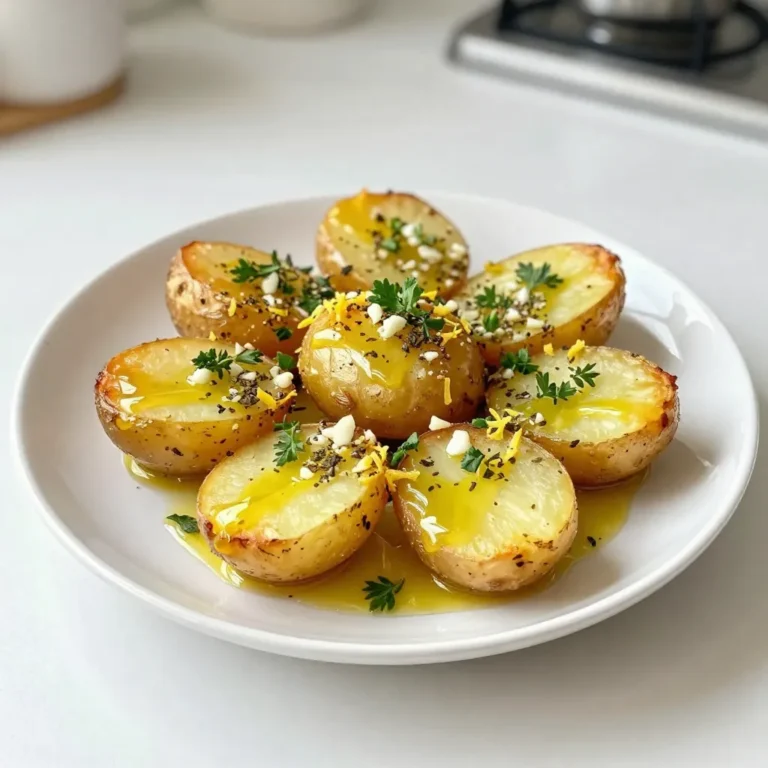 To make Greek Lemon Roasted Potatoes, you need these simple ingredients: - 2 lbs baby potatoes, halved - 1/4 cup olive oil - 3 tablespoons fresh lemon juice - Zest of 1 lemon - 4 cloves garlic, minced - 1 teaspoon dried oregano - 1 teaspoon fresh thyme leaves - Salt and pepper to taste - Fresh parsley, chopped for garnish This list gives you all you need for a bright and zesty side dish. Each ingredient plays a role in building flavor. If you don’t have an ingredient, don’t worry! Here are some easy swaps: - You can use regular potatoes instead of baby potatoes. Just cut them into smaller pieces. - Instead of olive oil, try avocado oil for a different taste. - If you lack fresh lemon juice, use bottled juice. But fresh is best for flavor. - Dried thyme works if you don’t have fresh thyme. Use half as much. - For a kick, add a pinch of red pepper flakes. These swaps still keep the dish tasty and fresh. For the best flavor, choose fresh ingredients. Here are some tips: - Select firm, smooth baby potatoes. Avoid any with dark spots or wrinkles. - Fresh lemons should feel heavy for their size. Look for bright yellow skin. - Check garlic cloves. They should be plump and firm, not sprouted. - If you use dried herbs, check the expiration date for potency. Using high-quality ingredients makes your Greek Lemon Roasted Potatoes shine! {{ingredient_image_1}} Start by washing 2 pounds of baby potatoes. Halve each potato to help them cook evenly. This size gives a nice balance of soft inside and crispy outside. In a large mixing bowl, combine the halved potatoes with: - 1/4 cup olive oil - 3 tablespoons fresh lemon juice - Zest of 1 lemon - 4 cloves garlic, minced - 1 teaspoon dried oregano - 1 teaspoon fresh thyme leaves - Salt and pepper to taste Toss everything well. You want each potato to be coated fully. This mix gives the potatoes a zesty and aromatic flavor. Preheat your oven to 400°F (200°C). Spread the coated potatoes in a single layer on a baking sheet lined with parchment paper. This helps with easy cleanup and crispiness. Roast the potatoes for about 40 to 45 minutes. Turn them halfway through for even cooking. They should turn golden brown and crispy on the outside. After roasting, let them cool for a few minutes. Garnish with chopped fresh parsley before serving. Enjoy the bright flavors! To get that perfect crispy potato, start with baby potatoes. Halve them for even cooking. Toss them well with olive oil, lemon juice, and spices. A hot oven makes a big difference. Set it to 400°F (200°C). Spread the potatoes in a single layer on the baking sheet. This helps them brown nicely. Turn them halfway through cooking for even crispness. To boost flavor, consider adding more herbs. Fresh rosemary or dill works well. You can also add a pinch of red pepper flakes for heat. For a tangy twist, mix in some feta cheese before serving. This adds creaminess and depth. A sprinkle of lemon zest at the end brings that fresh zing. These lemon roasted potatoes shine as a side dish. They pair great with grilled meats or fish. Serve them alongside a fresh Greek salad for a full meal. You can also enjoy them as a snack. Drizzle some extra lemon juice over them before serving to elevate the taste. Don't forget to garnish with fresh parsley; it looks and tastes fantastic! Pro Tips Choose the Right Potatoes: For the best texture, use waxy baby potatoes that will hold their shape while roasting. Don't Skip the Zest: Adding lemon zest enhances the citrus flavor and creates a more aromatic dish. Adjust Cooking Time: Depending on your oven, check the potatoes a few minutes early to prevent over-roasting. Garnish for Freshness: Adding fresh parsley not only enhances presentation but also adds a burst of freshness to the dish. {{image_2}} You can change the herbs in Greek lemon roasted potatoes to suit your taste. Instead of oregano, try rosemary or dill for a fresh twist. Parsley adds a nice touch, too. Just mix in your favorite herbs when you prepare the potatoes. This way, you can explore new flavors each time you cook. Adding vegetables can make this dish even better. Toss in some sliced bell peppers or red onions for more color and taste. Carrots or zucchini can also work well. Just make sure they cook evenly with the potatoes. You want them tender and tasty, just like the potatoes. These potatoes are already vegan and gluten-free, which is great! If you want to make them even healthier, use less oil or add more lemon juice. You can also swap in sweet potatoes for a sweeter flavor. This way, everyone can enjoy this delicious side dish. After you enjoy your Greek Lemon Roasted Potatoes, let them cool. Place them in an airtight container. They will stay fresh in the fridge for up to three days. Make sure to store them without any extra sauce. This helps keep their texture. When you’re ready to eat the leftovers, preheat your oven to 350°F (175°C). Spread the potatoes on a baking sheet. Heat them for about 15-20 minutes. This will make them warm and crispy again. You can also use a microwave, but the oven gives better results. If you want to save some for later, you can freeze them. Place cooled potatoes in a freezer-safe bag. Squeeze out as much air as you can before sealing. They will last for about a month in the freezer. When you’re ready to eat them, thaw overnight in the fridge. Then reheat as mentioned above. You can prepare Greek Lemon Roasted Potatoes a day before. Simply mix the ingredients and coat the potatoes. Cover the bowl and place it in the fridge. When ready to cook, preheat your oven. Spread the potatoes on a baking sheet and roast. If you want, let them sit at room temperature for 15 minutes before baking. This will help them cook evenly. Yes, you can use different potatoes. Yukon Gold and red potatoes also work well. They have a creamy texture and absorb flavors nicely. Just ensure they are cut into similar sizes for even cooking. You may need to adjust the cooking time based on the potato type. Always check for doneness by poking them with a fork. Greek Lemon Roasted Potatoes pair great with grilled chicken or lamb. They also complement fish dishes nicely. A fresh Greek salad adds a nice crunch and balances the meal. For a vegetarian option, serve them with roasted vegetables. These potatoes also work well with tzatziki sauce for extra flavor. Enjoy experimenting with different pairings! This article covered how to make delicious Greek Lemon Roasted Potatoes. We explored each step, from ingredient selection to roasting methods. I shared tips for achieving perfect crispiness and flavorful variations. Storing and reheating leftovers is simple. Don’t forget the answers to common questions about preparation and serving. Now, you can create tasty dishes that impress everyone at your table. Happy cooking!
