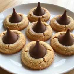 To make yummy Peanut Butter Blossoms, you need a few key items. Here’s a simple list: - 1 cup creamy peanut butter - 1 cup granulated sugar - 1 cup brown sugar, packed - 1 large egg - 1 teaspoon vanilla extract - 1 teaspoon baking soda - 1/4 teaspoon salt - 2 cups all-purpose flour - 48 milk chocolate Hershey's Kisses, unwrapped - Granulated sugar for rolling These ingredients work together to create that classic taste. The creamy peanut butter gives the cookie its rich flavor. The mix of granulated and brown sugar adds sweetness and depth. The egg helps bind everything together, while the flour gives the cookie its shape. You can change the recipe to suit your taste. Here are some fun ideas: - Chopped Nuts: Add 1/2 cup of chopped peanuts for extra crunch. - Chocolate Chips: Mix in 1 cup of chocolate chips for a double chocolate treat. - Sprinkles: Roll the dough balls in colorful sprinkles instead of sugar for a festive look. These add-ins can make your cookies even more special. You can try them based on the season or your mood. Choosing good chocolate is key for Peanut Butter Blossoms. I always go for Hershey's Kisses. They melt nicely and taste great. Here are some tips: - Milk Chocolate: This is the classic choice. It pairs well with peanut butter. - Dark Chocolate: For a richer flavor, dark chocolate is a great option. - Flavored Kisses: Try caramel or almond Kisses for a twist. Each type of chocolate will change the cookie's taste. Don’t be afraid to experiment! {{ingredient_image_1}} Start by preheating your oven to 350°F (175°C). Line a baking sheet with parchment paper. In a large bowl, mix 1 cup of creamy peanut butter, 1 cup of granulated sugar, and 1 cup of packed brown sugar. Stir until smooth and creamy. Next, add in 1 large egg and 1 teaspoon of vanilla extract. Mix these until they blend well. In another bowl, whisk together 1 teaspoon of baking soda, 1/4 teaspoon of salt, and 2 cups of all-purpose flour. Gradually add this dry mix into the peanut butter blend. Stir until a dough forms. Now, shape the dough into 1-inch balls. Roll each ball in granulated sugar until coated evenly. This adds sweetness and a nice crunch! Place the sugar-coated balls on the baking sheet. Make sure to space them about 2 inches apart. This gives the cookies room to spread while baking. Bake them in the preheated oven for 10 to 12 minutes. Look for tops that are lightly crackled but not overcooked. Once done, take the baking sheet out of the oven. Immediately press a Hershey's Kiss into the center of each cookie. The heat will melt the chocolate slightly, making it extra gooey. After this, let the cookies cool on a wire rack. Cooling helps them set properly and keeps them soft. Enjoy your delicious Peanut Butter Blossoms! To get soft cookies, mix your dough just right. Overmixing will make them tough. After you bake, let them cool on the tray for a few minutes. This lets them set and stay soft. Press the Hershey's Kisses in gently right after baking. The heat will help them melt a bit, giving a nice touch. If you want extra softness, try adding a little more peanut butter. One common mistake is not measuring ingredients properly. Use measuring cups and spoons for accuracy. Another issue is baking too long. The cookies should be slightly soft when you take them out. If you wait too long, they will become hard. Lastly, don’t skip the rolling in sugar. This adds a nice crunch and sweetness. Serve your Peanut Butter Blossoms on a pretty plate. You can add some extra granulated sugar around them for a nice look. A sprinkle of cocoa powder or a few chocolate chips can also make them pop. For a fun twist, wrap each cookie in colored cellophane tied with a ribbon. This makes them great for gifts or parties. Pro Tips Use Room Temperature Ingredients: Ensure that your egg and peanut butter are at room temperature for better mixing and a smoother dough. Don’t Overbake: Keep an eye on your cookies as they bake; they should be lightly crackled on top. Overbaking can lead to dry cookies. Chill the Dough: If you find the dough is too sticky, chill it for about 30 minutes before rolling into balls to make handling easier. Experiment with Flavors: Try adding a pinch of cinnamon or a splash of maple syrup to the dough for an extra layer of flavor. {{image_2}} You can make gluten-free Peanut Butter Blossoms by swapping regular flour for a gluten-free blend. Look for a blend that works well in cookies. This keeps the texture chewy and delicious. Follow the same steps in the recipe. The taste remains rich and peanut buttery, just like the original. If you need a nut-free cookie, try sun butter instead of peanut butter. Sun butter comes from sunflower seeds and has a similar creamy feel. Use it in the same amount as peanut butter. This way, you can enjoy the cookies without any nut worries. The cookies will still have that sweet, rich flavor. You can change the flavor by using different chocolates. Instead of milk chocolate Kisses, try dark chocolate or white chocolate. Each type of chocolate brings a new twist. For a fun mix, use mini chocolate chips in the dough. This adds even more chocolate goodness to every bite! To keep your Peanut Butter Blossoms fresh, store them in an airtight container. This helps keep the cookies soft and chewy. Place parchment paper between layers to avoid sticking. If you have extra cookies, you can separate them with wax paper. This way, they stay nice and neat. If you want to save some cookies for later, freezing works great. Allow the cookies to cool completely first. Then, place them in a single layer on a baking sheet. Freeze for about an hour. Once frozen, transfer them to a freezer bag. Make sure to remove as much air as possible. You can freeze these for up to three months. When you want to eat one, let it thaw at room temperature. Baked Peanut Butter Blossoms last about a week at room temperature. Keep them in an airtight container to maintain their texture. If you store them in the fridge, they may last up to two weeks. Just remember, the colder they get, the firmer they will become. Always check for freshness before eating. Yes, you can use natural peanut butter. It gives a nice flavor. However, it may change the cookie's texture. Natural peanut butter is runnier than creamy peanut butter. This could make your dough too wet. If you use it, you might need to add a little more flour. Always check the dough consistency before baking. You can tell the cookies are done when they look crackled. They should be lightly golden, not dark. Bake them for 10 to 12 minutes. If the edges are firm, they are ready. If you touch the tops gently, they should spring back. Don’t wait until they look brown; this can make them hard. If you don’t have Hershey's Kisses, use chocolate chips. You can also try peanut butter cups. For a fun twist, use caramel candies or white chocolate. Just make sure they fit in the center of the cookie. The key is to add a sweet bite on top. In this blog post, we covered the key ingredients for Peanut Butter Blossoms, including chocolate choices and variations. I shared step-by-step instructions for preparing the dough and baking the cookies. You learned tips for soft cookies and common mistakes to avoid. We explored fun variations for dietary needs and flavor. Finally, I offered advice on storage and answered your FAQs. Remember, baking is fun and creative! Experiment and make these cookies your own. Enjoy every bite!