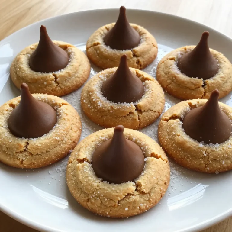 To make yummy Peanut Butter Blossoms, you need a few key items. Here’s a simple list: - 1 cup creamy peanut butter - 1 cup granulated sugar - 1 cup brown sugar, packed - 1 large egg - 1 teaspoon vanilla extract - 1 teaspoon baking soda - 1/4 teaspoon salt - 2 cups all-purpose flour - 48 milk chocolate Hershey's Kisses, unwrapped - Granulated sugar for rolling These ingredients work together to create that classic taste. The creamy peanut butter gives the cookie its rich flavor. The mix of granulated and brown sugar adds sweetness and depth. The egg helps bind everything together, while the flour gives the cookie its shape. You can change the recipe to suit your taste. Here are some fun ideas: - Chopped Nuts: Add 1/2 cup of chopped peanuts for extra crunch. - Chocolate Chips: Mix in 1 cup of chocolate chips for a double chocolate treat. - Sprinkles: Roll the dough balls in colorful sprinkles instead of sugar for a festive look. These add-ins can make your cookies even more special. You can try them based on the season or your mood. Choosing good chocolate is key for Peanut Butter Blossoms. I always go for Hershey's Kisses. They melt nicely and taste great. Here are some tips: - Milk Chocolate: This is the classic choice. It pairs well with peanut butter. - Dark Chocolate: For a richer flavor, dark chocolate is a great option. - Flavored Kisses: Try caramel or almond Kisses for a twist. Each type of chocolate will change the cookie's taste. Don’t be afraid to experiment! {{ingredient_image_1}} Start by preheating your oven to 350°F (175°C). Line a baking sheet with parchment paper. In a large bowl, mix 1 cup of creamy peanut butter, 1 cup of granulated sugar, and 1 cup of packed brown sugar. Stir until smooth and creamy. Next, add in 1 large egg and 1 teaspoon of vanilla extract. Mix these until they blend well. In another bowl, whisk together 1 teaspoon of baking soda, 1/4 teaspoon of salt, and 2 cups of all-purpose flour. Gradually add this dry mix into the peanut butter blend. Stir until a dough forms. Now, shape the dough into 1-inch balls. Roll each ball in granulated sugar until coated evenly. This adds sweetness and a nice crunch! Place the sugar-coated balls on the baking sheet. Make sure to space them about 2 inches apart. This gives the cookies room to spread while baking. Bake them in the preheated oven for 10 to 12 minutes. Look for tops that are lightly crackled but not overcooked. Once done, take the baking sheet out of the oven. Immediately press a Hershey's Kiss into the center of each cookie. The heat will melt the chocolate slightly, making it extra gooey. After this, let the cookies cool on a wire rack. Cooling helps them set properly and keeps them soft. Enjoy your delicious Peanut Butter Blossoms! To get soft cookies, mix your dough just right. Overmixing will make them tough. After you bake, let them cool on the tray for a few minutes. This lets them set and stay soft. Press the Hershey's Kisses in gently right after baking. The heat will help them melt a bit, giving a nice touch. If you want extra softness, try adding a little more peanut butter. One common mistake is not measuring ingredients properly. Use measuring cups and spoons for accuracy. Another issue is baking too long. The cookies should be slightly soft when you take them out. If you wait too long, they will become hard. Lastly, don’t skip the rolling in sugar. This adds a nice crunch and sweetness. Serve your Peanut Butter Blossoms on a pretty plate. You can add some extra granulated sugar around them for a nice look. A sprinkle of cocoa powder or a few chocolate chips can also make them pop. For a fun twist, wrap each cookie in colored cellophane tied with a ribbon. This makes them great for gifts or parties. Pro Tips Use Room Temperature Ingredients: Ensure that your egg and peanut butter are at room temperature for better mixing and a smoother dough. Don’t Overbake: Keep an eye on your cookies as they bake; they should be lightly crackled on top. Overbaking can lead to dry cookies. Chill the Dough: If you find the dough is too sticky, chill it for about 30 minutes before rolling into balls to make handling easier. Experiment with Flavors: Try adding a pinch of cinnamon or a splash of maple syrup to the dough for an extra layer of flavor. {{image_2}} You can make gluten-free Peanut Butter Blossoms by swapping regular flour for a gluten-free blend. Look for a blend that works well in cookies. This keeps the texture chewy and delicious. Follow the same steps in the recipe. The taste remains rich and peanut buttery, just like the original. If you need a nut-free cookie, try sun butter instead of peanut butter. Sun butter comes from sunflower seeds and has a similar creamy feel. Use it in the same amount as peanut butter. This way, you can enjoy the cookies without any nut worries. The cookies will still have that sweet, rich flavor. You can change the flavor by using different chocolates. Instead of milk chocolate Kisses, try dark chocolate or white chocolate. Each type of chocolate brings a new twist. For a fun mix, use mini chocolate chips in the dough. This adds even more chocolate goodness to every bite! To keep your Peanut Butter Blossoms fresh, store them in an airtight container. This helps keep the cookies soft and chewy. Place parchment paper between layers to avoid sticking. If you have extra cookies, you can separate them with wax paper. This way, they stay nice and neat. If you want to save some cookies for later, freezing works great. Allow the cookies to cool completely first. Then, place them in a single layer on a baking sheet. Freeze for about an hour. Once frozen, transfer them to a freezer bag. Make sure to remove as much air as possible. You can freeze these for up to three months. When you want to eat one, let it thaw at room temperature. Baked Peanut Butter Blossoms last about a week at room temperature. Keep them in an airtight container to maintain their texture. If you store them in the fridge, they may last up to two weeks. Just remember, the colder they get, the firmer they will become. Always check for freshness before eating. Yes, you can use natural peanut butter. It gives a nice flavor. However, it may change the cookie's texture. Natural peanut butter is runnier than creamy peanut butter. This could make your dough too wet. If you use it, you might need to add a little more flour. Always check the dough consistency before baking. You can tell the cookies are done when they look crackled. They should be lightly golden, not dark. Bake them for 10 to 12 minutes. If the edges are firm, they are ready. If you touch the tops gently, they should spring back. Don’t wait until they look brown; this can make them hard. If you don’t have Hershey's Kisses, use chocolate chips. You can also try peanut butter cups. For a fun twist, use caramel candies or white chocolate. Just make sure they fit in the center of the cookie. The key is to add a sweet bite on top. In this blog post, we covered the key ingredients for Peanut Butter Blossoms, including chocolate choices and variations. I shared step-by-step instructions for preparing the dough and baking the cookies. You learned tips for soft cookies and common mistakes to avoid. We explored fun variations for dietary needs and flavor. Finally, I offered advice on storage and answered your FAQs. Remember, baking is fun and creative! Experiment and make these cookies your own. Enjoy every bite!