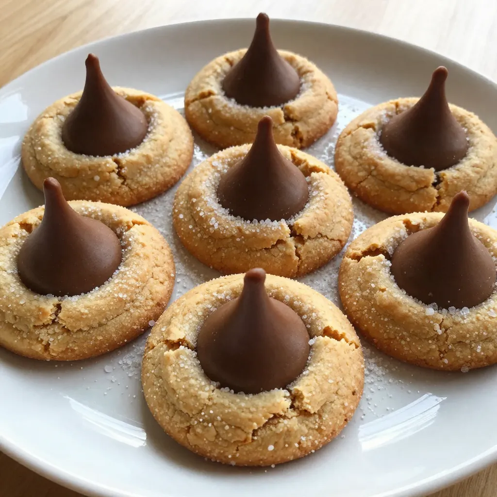 To make yummy Peanut Butter Blossoms, you need a few key items. Here’s a simple list: - 1 cup creamy peanut butter - 1 cup granulated sugar - 1 cup brown sugar, packed - 1 large egg - 1 teaspoon vanilla extract - 1 teaspoon baking soda - 1/4 teaspoon salt - 2 cups all-purpose flour - 48 milk chocolate Hershey's Kisses, unwrapped - Granulated sugar for rolling These ingredients work together to create that classic taste. The creamy peanut butter gives the cookie its rich flavor. The mix of granulated and brown sugar adds sweetness and depth. The egg helps bind everything together, while the flour gives the cookie its shape. You can change the recipe to suit your taste. Here are some fun ideas: - Chopped Nuts: Add 1/2 cup of chopped peanuts for extra crunch. - Chocolate Chips: Mix in 1 cup of chocolate chips for a double chocolate treat. - Sprinkles: Roll the dough balls in colorful sprinkles instead of sugar for a festive look. These add-ins can make your cookies even more special. You can try them based on the season or your mood. Choosing good chocolate is key for Peanut Butter Blossoms. I always go for Hershey's Kisses. They melt nicely and taste great. Here are some tips: - Milk Chocolate: This is the classic choice. It pairs well with peanut butter. - Dark Chocolate: For a richer flavor, dark chocolate is a great option. - Flavored Kisses: Try caramel or almond Kisses for a twist. Each type of chocolate will change the cookie's taste. Don’t be afraid to experiment! {{ingredient_image_1}} Start by preheating your oven to 350°F (175°C). Line a baking sheet with parchment paper. In a large bowl, mix 1 cup of creamy peanut butter, 1 cup of granulated sugar, and 1 cup of packed brown sugar. Stir until smooth and creamy. Next, add in 1 large egg and 1 teaspoon of vanilla extract. Mix these until they blend well. In another bowl, whisk together 1 teaspoon of baking soda, 1/4 teaspoon of salt, and 2 cups of all-purpose flour. Gradually add this dry mix into the peanut butter blend. Stir until a dough forms. Now, shape the dough into 1-inch balls. Roll each ball in granulated sugar until coated evenly. This adds sweetness and a nice crunch! Place the sugar-coated balls on the baking sheet. Make sure to space them about 2 inches apart. This gives the cookies room to spread while baking. Bake them in the preheated oven for 10 to 12 minutes. Look for tops that are lightly crackled but not overcooked. Once done, take the baking sheet out of the oven. Immediately press a Hershey's Kiss into the center of each cookie. The heat will melt the chocolate slightly, making it extra gooey. After this, let the cookies cool on a wire rack. Cooling helps them set properly and keeps them soft. Enjoy your delicious Peanut Butter Blossoms! To get soft cookies, mix your dough just right. Overmixing will make them tough. After you bake, let them cool on the tray for a few minutes. This lets them set and stay soft. Press the Hershey's Kisses in gently right after baking. The heat will help them melt a bit, giving a nice touch. If you want extra softness, try adding a little more peanut butter. One common mistake is not measuring ingredients properly. Use measuring cups and spoons for accuracy. Another issue is baking too long. The cookies should be slightly soft when you take them out. If you wait too long, they will become hard. Lastly, don’t skip the rolling in sugar. This adds a nice crunch and sweetness. Serve your Peanut Butter Blossoms on a pretty plate. You can add some extra granulated sugar around them for a nice look. A sprinkle of cocoa powder or a few chocolate chips can also make them pop. For a fun twist, wrap each cookie in colored cellophane tied with a ribbon. This makes them great for gifts or parties. Pro Tips Use Room Temperature Ingredients: Ensure that your egg and peanut butter are at room temperature for better mixing and a smoother dough. Don’t Overbake: Keep an eye on your cookies as they bake; they should be lightly crackled on top. Overbaking can lead to dry cookies. Chill the Dough: If you find the dough is too sticky, chill it for about 30 minutes before rolling into balls to make handling easier. Experiment with Flavors: Try adding a pinch of cinnamon or a splash of maple syrup to the dough for an extra layer of flavor. {{image_2}} You can make gluten-free Peanut Butter Blossoms by swapping regular flour for a gluten-free blend. Look for a blend that works well in cookies. This keeps the texture chewy and delicious. Follow the same steps in the recipe. The taste remains rich and peanut buttery, just like the original. If you need a nut-free cookie, try sun butter instead of peanut butter. Sun butter comes from sunflower seeds and has a similar creamy feel. Use it in the same amount as peanut butter. This way, you can enjoy the cookies without any nut worries. The cookies will still have that sweet, rich flavor. You can change the flavor by using different chocolates. Instead of milk chocolate Kisses, try dark chocolate or white chocolate. Each type of chocolate brings a new twist. For a fun mix, use mini chocolate chips in the dough. This adds even more chocolate goodness to every bite! To keep your Peanut Butter Blossoms fresh, store them in an airtight container. This helps keep the cookies soft and chewy. Place parchment paper between layers to avoid sticking. If you have extra cookies, you can separate them with wax paper. This way, they stay nice and neat. If you want to save some cookies for later, freezing works great. Allow the cookies to cool completely first. Then, place them in a single layer on a baking sheet. Freeze for about an hour. Once frozen, transfer them to a freezer bag. Make sure to remove as much air as possible. You can freeze these for up to three months. When you want to eat one, let it thaw at room temperature. Baked Peanut Butter Blossoms last about a week at room temperature. Keep them in an airtight container to maintain their texture. If you store them in the fridge, they may last up to two weeks. Just remember, the colder they get, the firmer they will become. Always check for freshness before eating. Yes, you can use natural peanut butter. It gives a nice flavor. However, it may change the cookie's texture. Natural peanut butter is runnier than creamy peanut butter. This could make your dough too wet. If you use it, you might need to add a little more flour. Always check the dough consistency before baking. You can tell the cookies are done when they look crackled. They should be lightly golden, not dark. Bake them for 10 to 12 minutes. If the edges are firm, they are ready. If you touch the tops gently, they should spring back. Don’t wait until they look brown; this can make them hard. If you don’t have Hershey's Kisses, use chocolate chips. You can also try peanut butter cups. For a fun twist, use caramel candies or white chocolate. Just make sure they fit in the center of the cookie. The key is to add a sweet bite on top. In this blog post, we covered the key ingredients for Peanut Butter Blossoms, including chocolate choices and variations. I shared step-by-step instructions for preparing the dough and baking the cookies. You learned tips for soft cookies and common mistakes to avoid. We explored fun variations for dietary needs and flavor. Finally, I offered advice on storage and answered your FAQs. Remember, baking is fun and creative! Experiment and make these cookies your own. Enjoy every bite!