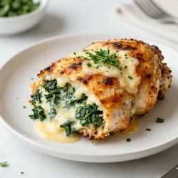To make Cheesy Spinach Stuffed Chicken, gather these ingredients: - 4 boneless, skinless chicken breasts - 2 cups fresh spinach, chopped - 1 cup cream cheese, softened - 1 cup shredded mozzarella cheese - 1/2 cup grated Parmesan cheese - 2 cloves garlic, minced - 1 teaspoon onion powder - Salt and pepper to taste - 2 tablespoons olive oil You can add these for more taste: - 1/2 teaspoon red pepper flakes for heat - Fresh herbs like parsley or basil for garnish If you're out of an ingredient, try these swaps: - Use ricotta cheese instead of cream cheese for a lighter option. - Swap mozzarella with cheddar for a sharper flavor. - Frozen spinach can replace fresh, just thaw and drain it first. These options let you customize your dish while keeping it delicious! {{ingredient_image_1}} To make Cheesy Spinach Stuffed Chicken, start by gathering your ingredients. You will need chicken breasts, fresh spinach, cream cheese, mozzarella, Parmesan, garlic, onion powder, and olive oil. This dish is easy and fun to make. You’ll enjoy putting it together! 1. Preheat the oven to 375°F (190°C). This step is key for even cooking. 2. Mix the filling in a medium bowl. Combine chopped spinach, cream cheese, mozzarella, Parmesan, garlic, onion powder, and spices. Stir until everything is well mixed. 3. Butterfly the chicken breasts. Place each chicken breast on a cutting board. Slice it horizontally to create a pocket. Be careful not to cut all the way through. 4. Stuff the chicken. Take the cheesy spinach mixture and fill each chicken breast. Use toothpicks or kitchen twine to hold the filling inside. 5. Season the chicken. Sprinkle salt, pepper, and a little olive oil on the outside of each breast. This adds great flavor. 6. Sear the chicken. Heat olive oil in an oven-safe skillet over medium-high heat. Cook the stuffed chicken for about 3-4 minutes on each side until golden brown. 7. Bake the chicken. Move the skillet to the preheated oven. Bake for 20-25 minutes until the chicken reaches 165°F (75°C). 8. Rest and garnish. After baking, let the chicken rest for a few minutes. Then, remove the toothpicks or twine. Garnish with fresh herbs before serving. - Make sure the filling is not too loose. It should hold together well. - Do not overstuff the chicken. If it’s too full, the filling might spill out. - Use a sharp knife for butterflying the chicken to make the process easier. - If you have extra filling, bake it in a small dish alongside the chicken for a tasty side! To cook the Cheesy Spinach Stuffed Chicken perfectly, follow these steps: - Preheat your oven to 375°F (190°C). This sets the right heat for cooking. - Sear the chicken in an oven-safe skillet. This adds a nice brown color. - Use a meat thermometer to check the chicken. It should reach 165°F (75°C) inside. These techniques will make your chicken juicy and full of flavor. You can change the flavors to suit your taste. Here are some fun ideas: - Add different cheeses like feta or goat cheese for a tangy twist. - Mix in sun-dried tomatoes or olives for extra depth. - Try fresh herbs like dill or thyme to brighten the dish. Experimenting with flavors can make this dish your own! Cooking chicken safely is very important. Keep these tips in mind: - Always wash your hands before handling raw chicken. This helps prevent germs. - Use separate cutting boards for chicken and veggies. This avoids cross-contamination. - Cook chicken until it is no longer pink. This means it is ready to eat. By following these safety tips, you can enjoy your meal with peace of mind. Pro Tips Ensure Even Cooking: Make sure to pound the chicken breasts to an even thickness before stuffing to promote uniform cooking. Experiment with Cheese: Feel free to mix different cheeses like feta or cheddar for a unique flavor twist in the filling. Don’t Skip the Resting Time: Allow the chicken to rest after baking to help keep the juices locked in for a moist result. Use Fresh Spinach: Fresh spinach provides a vibrant flavor and texture; avoid frozen spinach as it can make the filling watery. {{image_2}} You can change the cream cheese flavor to make your dish special. Try spinach and herb cream cheese for a fresh twist. Garlic and herb cream cheese adds a nice kick. You can also use jalapeño cream cheese for some heat. Each flavor brings a new taste to your cheesy spinach stuffed chicken. Mozzarella is great, but you can mix other cheeses too. Try cheddar for a sharper taste. Gouda adds a creamy texture and smoky flavor. Feta cheese gives a tangy bite and pairs well with spinach. Use what you love to make the dish your own. Adding more veggies can boost the health factor. Try bell peppers or mushrooms for extra flavor. Zucchini or carrots can add crunch and color. You can also add artichokes for a unique taste. These veggie add-ins make your cheesy spinach stuffed chicken more nutritious and fun. Store your Cheesy Spinach Stuffed Chicken in an airtight container. Keep it in the fridge for up to three days. Make sure the chicken is cooled before sealing it. This keeps it fresh and tasty for later meals. To reheat, place the chicken in the oven. Set it to 350°F (175°C) and heat for about 15-20 minutes. This warms the chicken evenly. You can also use a microwave, but the oven keeps the chicken crispy. Heat it on medium power for about 2-3 minutes. For longer storage, you can freeze the stuffed chicken. Wrap each piece tightly in plastic wrap, then place it in a freezer bag. Label it with the date. It can last up to three months in the freezer. To cook from frozen, thaw it in the fridge overnight before reheating. You can serve many tasty sides with Cheesy Spinach Stuffed Chicken. I love pairing it with roasted vegetables. Carrots, broccoli, or green beans work great. Mashed potatoes or rice also make a nice addition. A fresh salad adds crunch and color. Try a simple Caesar salad or a garden mix. These sides balance the creamy chicken well. To check if the chicken is cooked, use a meat thermometer. Insert it into the thickest part of the chicken. The internal temperature should reach 165°F (75°C). If you don’t have a thermometer, cut into the chicken. The juices should run clear, not pink. Proper cooking keeps the chicken safe to eat and juicy. Yes, you can use frozen spinach! Just thaw it first. Squeeze out extra water to avoid a soggy filling. Frozen spinach is a great time-saver. It’s easy to store and lasts longer. This makes it simple to enjoy cheesy spinach stuffed chicken any day. This blog post covers all you need to make Cheesy Spinach Stuffed Chicken. You learned about key ingredients, tasty options, and helpful tips for cooking. I also shared how to store leftovers and answered common questions. As you try these tips, remember that customizing flavors can make each dish unique. Enjoy your cooking journey, and don’t hesitate to experiment! This dish can delight your family and impress your guests.
