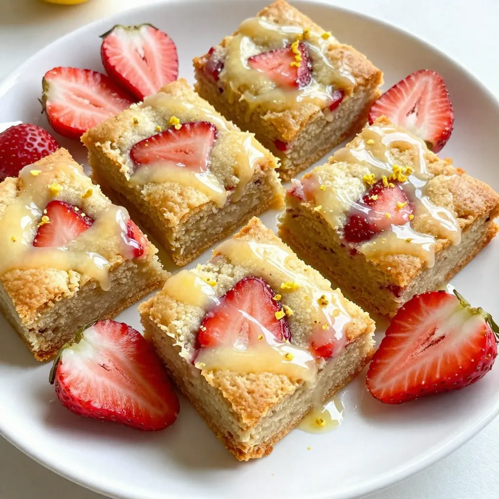For these blondies, you need some key ingredients: - 1 cup unsalted butter, melted - 1 cup light brown sugar, packed - 1 cup granulated sugar - 2 large eggs - 2 teaspoons vanilla extract These ingredients create a rich and sweet base for your blondies. The butter adds moisture and flavor, while the sugars give a nice sweetness. The eggs help bind everything together, and vanilla adds a nice aroma. You will also need these dry ingredients: - 2 cups all-purpose flour - 1 teaspoon baking powder - ½ teaspoon salt - Zest of 2 lemons These ingredients form the structure of your blondies. Flour gives them body, while baking powder helps them rise. Salt enhances the flavors, and lemon zest adds a bright, citrusy touch. Don’t forget the fresh ingredients: - 1 cup fresh strawberries, hulled and diced - ½ cup freshly squeezed lemon juice - ½ cup powdered sugar (for glaze) - 2 tablespoons lemon juice (for glaze) Fresh strawberries give these blondies a fruity burst. The lemon juice adds tanginess, while the powdered sugar creates a sweet glaze that ties it all together. The combination of flavors makes these blondies so special. {{ingredient_image_1}} 1. First, preheat your oven to 350°F (175°C). This makes your oven hot and ready. 2. Next, grease a 9x13 inch baking pan or line it with parchment paper. This helps with easy removal later. 3. In a large mixing bowl, mix the melted butter, light brown sugar, and granulated sugar. Blend until smooth. 4. Add the eggs one by one. Mix well after each egg. Then, stir in the vanilla extract. 1. In another bowl, whisk together the flour, baking powder, salt, and lemon zest. This helps to mix the dry ingredients well. 2. Gradually add the dry mixture to the wet ingredients. Stir until just combined. Don’t overmix! 3. Gently fold in the diced strawberries and lemon juice until they are evenly mixed. This adds flavor and texture to your blondies. 1. Pour the batter into your prepared baking pan. Smooth the top with a spatula for an even bake. 2. Bake in the preheated oven for 25-30 minutes. Check with a toothpick. It should come out clean when done. 3. Let the blondies cool in the pan for about 15 minutes. Then, move them to a wire rack to cool completely. 4. For the glaze, mix powdered sugar and lemon juice in a small bowl. Stir until smooth. 5. Once the blondies are cool, drizzle the glaze over the top. Let it set before cutting into squares. To get the right consistency for your strawberry lemon blondies, watch the batter closely. It should be thick but pourable. If it's too dry, add a touch more lemon juice. If it's too wet, sprinkle in a little flour. To check for doneness, insert a toothpick into the center of the blondies. If it comes out clean or with a few crumbs, they are ready. Avoid overbaking to keep them chewy and soft. When cutting the blondies, use a sharp knife to make neat squares. Wipe the knife with a damp cloth between cuts for clean edges. For a lovely touch, garnish each square with fresh strawberry slices and a sprinkle of lemon zest. Serve the blondies on a colorful platter. They look great next to a scoop of vanilla ice cream or a dollop of whipped cream. For baking these blondies, you need a few essential tools: - 9x13 inch baking pan - Mixing bowls (at least two) - Whisk for dry ingredients - Spatula for folding in strawberries - Toothpick for testing doneness Using quality tools helps you achieve the best results and makes baking more fun! Pro Tips Use Room Temperature Ingredients: Allow your eggs and butter to come to room temperature for better emulsification, leading to a smoother batter and a more uniform texture. Fresh Strawberries Matter: Opt for ripe, fresh strawberries for the best flavor. Frozen strawberries can be used but may result in a soggier texture. Check for Doneness: To prevent overbaking, check the blondies a few minutes before the recommended time. They should be set around the edges but slightly soft in the center. Glaze Consistency: Adjust the glaze consistency by adding more powdered sugar for a thicker glaze or more lemon juice for a thinner drizzle, depending on your preference. {{image_2}} You can change up the flavors in your blondies with other fruits. Blueberries or raspberries work well. They add a nice burst of color and taste. You can also mix in nuts. Walnuts or almonds add crunch and depth. Each bite becomes a fun surprise. If you need gluten-free options, use almond flour or coconut flour. They work great in this recipe. For a vegan twist, replace eggs with flaxseed meal or applesauce. Choose a plant-based butter to keep it dairy-free. These swaps offer tasty alternatives for everyone. Pair these blondies with ice cream or whipped cream for a treat. Vanilla ice cream complements the fruity flavors nicely. If you love chocolate, try drizzling melted chocolate on top. It adds richness and makes them even more special. To keep your strawberry lemon blondies fresh, use an airtight container. Place a piece of wax paper between layers to avoid sticking. Store them at room temperature for up to three days. If you want to keep them longer, consider refrigerating them. A glass or plastic container works best for storage. You can freeze blondies for later enjoyment. First, let them cool completely. Then, wrap each piece in plastic wrap. Place the wrapped blondies in a freezer bag. They can last for up to three months in the freezer. When you're ready to eat them, thaw in the fridge overnight or at room temperature for a few hours. To enjoy leftover blondies, try warming them slightly in the microwave. This brings back their gooey texture. Heat them for about 10-15 seconds for best results. You can also enjoy them cold. Drizzle with extra glaze or top with fresh strawberries for added flavor. How long do strawberry lemon blondies last? These blondies can last up to five days when stored properly. Keep them in an airtight container at room temperature. If you want them to stay fresh longer, place them in the fridge. Can I make these blondies ahead of time? Yes, you can make them ahead of time! Bake the blondies and let them cool completely. Store them in an airtight container for up to three days. You can even freeze them for up to a month. Why are my blondies too dry or too gooey? If your blondies are too dry, you may have overbaked them. Always check them a few minutes earlier than the time given. If they are too gooey, they likely need more time in the oven. What to do if I don’t have fresh strawberries? If fresh strawberries are not available, you can use frozen strawberries. Just make sure to thaw and drain them first. You can also try using other fruits like blueberries or raspberries. Can I substitute lemon juice with something else? Yes, you can use lime juice or orange juice as a substitute. Each will give a different flavor but will still taste great in the blondies. What are the nutritional facts for strawberry lemon blondies? A typical serving of these blondies has about 200 calories. They also contain sugar, butter, and eggs, making them rich in flavor but high in calories. For a detailed breakdown, consider using a nutritional calculator. You now have all the steps to make delicious Strawberry Lemon Blondies. You learned the must-have ingredients, both wet and dry. I guided you on mixing, baking, and even glazing to get the perfect treat. Don't forget the tips for presentation and storage. These blondies are easy to make and fun to share. Enjoy trying variations or dietary swaps to fit your taste. Now, get baking and enjoy every bite with family and friends!