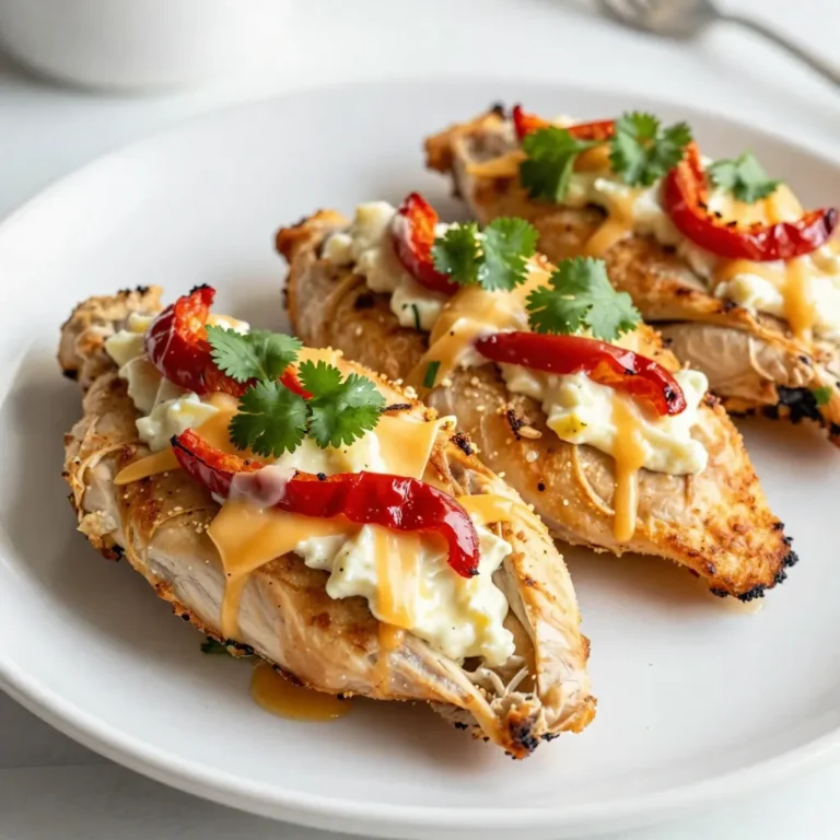 To make Pepper Jack Stuffed Chicken, gather these key ingredients. Each one adds flavor and texture to your dish. - 4 boneless, skinless chicken breasts - 1 cup pepper jack cheese, shredded - 1/2 cup cream cheese, softened - 1/2 cup roasted red peppers, chopped - 2 cloves garlic, minced - 1 teaspoon smoked paprika - Salt and pepper to taste - 2 tablespoons olive oil - Fresh cilantro for garnish (optional) These ingredients are easy to find and combine well. The pepper jack cheese brings a nice kick. Cream cheese adds creaminess, and roasted red peppers give a sweet touch. Garlic and smoked paprika deepen the flavor. You can adjust salt and pepper to your taste. Olive oil is perfect for searing the chicken. Don't forget fresh cilantro for a pop of color. Grab these items, and you are ready to create a savory meal! {{ingredient_image_1}} - Preheat Oven and Prepare Ingredients Start by preheating your oven to 375°F (190°C). This ensures the chicken cooks evenly. Gather all your ingredients. You will need boneless, skinless chicken breasts, pepper jack cheese, cream cheese, roasted red peppers, garlic, smoked paprika, salt, and pepper. - Make the Stuffing Mixture In a mixing bowl, combine the shredded pepper jack cheese, softened cream cheese, chopped roasted red peppers, minced garlic, smoked paprika, salt, and pepper. Mix everything well until you have a creamy filling. This mixture gives the chicken a rich and spicy flavor. - Prepare Chicken Breasts for Stuffing Take each chicken breast and slice a pocket into it. Be careful not to cut all the way through. You want enough space to hold the stuffing. Spoon the cheese mixture into each pocket. Make sure to fill them well. If the openings are too wide, use toothpicks to keep the stuffing inside. - Sear Stuffed Chicken in Skillet Heat two tablespoons of olive oil in an oven-safe skillet over medium heat. Once hot, add the stuffed chicken breasts. Sear them for about 4-5 minutes on each side. This step gives the chicken a nice golden color and enhances the flavor. - Bake Chicken in Oven After searing, transfer the skillet to the preheated oven. Bake the chicken for 20-25 minutes. Cook until the chicken is no longer pink and juices run clear. Use a meat thermometer if you want to be sure. The internal temperature should reach 165°F (75°C). - Resting and Serving Tips Once baked, remove the skillet from the oven. Let the chicken rest for 5 minutes. This helps the juices settle. After resting, remove any toothpicks. Slice the stuffed chicken and serve it hot. If you like, add fresh cilantro on top for a burst of color and flavor. Enjoy this savory dish! Ensuring Even Cooking To cook your chicken evenly, choose breasts of similar size. If some pieces are thick, use a meat mallet to pound them thinner. This helps them cook at the same rate. Always check the internal temperature. It should reach 165°F (75°C) for safe eating. Achieving the Perfect Sear For a great sear, heat your skillet before adding oil. Add the olive oil and let it shimmer. Place the chicken in the skillet gently, and do not move it for at least 4-5 minutes. This creates a nice crust. Flip it carefully to avoid losing the stuffing. Suggested Add-ins for the Stuffing You can make the stuffing even tastier by adding some extras. Try chopped spinach for color and nutrition. Sun-dried tomatoes add a sweet, tangy flavor. You can also mix in some cooked bacon bits for a smoky taste that pairs well with the cheeses. Adjusting Spiciness Level If you want more heat, add a pinch of cayenne pepper to the stuffing. For less spice, use mild cheese or skip the pepper jack. You can also serve the chicken with a cool dip, like sour cream or yogurt, to balance the flavors. Pro Tips Choose the Right Cheese: For an extra kick, try adding a bit of cheddar or Monterey Jack cheese to the filling along with the pepper jack. Don’t Overstuff: Make sure to fill the chicken pockets generously but avoid overstuffing, as this can cause the filling to leak out during cooking. Perfect Sear: Ensure your skillet is hot enough before adding the chicken to achieve that beautiful golden-brown crust. Rest the Chicken: Always let the chicken rest for a few minutes after baking; this helps the juices redistribute for a juicier bite. {{image_2}} You can use many cheeses for this dish. If you want a milder flavor, try mozzarella. For a creamier texture, go with ricotta. If you crave a stronger taste, use sharp cheddar. Each cheese brings its own charm to the dish. Mixing cheeses can also create fun flavor profiles. Just make sure the cheese melts well. Adding veggies is a great way to enhance the stuffing. Spinach adds color and nutrients. Mushrooms bring an earthy taste. Even diced tomatoes can add freshness. You can also mix in corn for a bit of sweetness. Just chop them small so they fit well in the chicken pockets. Spice up your stuffing to match your taste. If you love heat, add jalapeños or cayenne pepper. For a smoky flavor, include some chipotle powder. Mix in herbs like oregano or basil for a fresh twist. Experimenting with spices can make each meal unique and exciting. Refrigeration Tips After you enjoy your Pepper Jack stuffed chicken, store leftovers in an airtight container. Make sure to place it in the fridge within two hours of cooking. The chicken will stay fresh for up to three days. For best taste, try to eat it sooner rather than later. Freezing Instructions If you want to save some for later, freezing is a great option. Wrap the stuffed chicken tightly in plastic wrap or foil. Then, place it in a freezer-safe bag. This way, it can last for up to three months. Just remember to label the bag with the date for easy tracking. Best Methods for Reheating To reheat your stuffed chicken, the oven works best. Preheat it to 350°F (175°C). Place the chicken in a baking dish and cover it with foil. Heat for about 20-25 minutes, or until it's warmed through. You can also use a microwave, but it may lose some of its crispiness. If using the microwave, heat it for 2-3 minutes, checking often to avoid overcooking. Enjoy your flavorful meal! You can serve Pepper Jack Stuffed Chicken with many sides. Some great options include: - Steamed broccoli - Mashed potatoes - Rice pilaf - Fresh salad - Roasted vegetables These sides add color and flavor to your meal. They complement the cheese and spices well. You can mix and match based on your taste. Yes, you can prepare this dish ahead of time. You can make the stuffing and fill the chicken breasts. Store them in the fridge for up to 24 hours. Just remember to cover them well. When ready to cook, sear and bake as usual. This saves time on busy days. Yes! You can use other meats. Turkey breasts work well for this recipe. Pork tenderloin is another tasty option. Just adjust cooking times based on the meat. Ensure it is cooked through for food safety. This way, you can enjoy different flavors while still savoring the delicious stuffing. This blog discussed key ingredients for making Pepper Jack stuffed chicken. You learned how to prepare, cook, and store the dish. I shared cooking tips to ensure great flavor and texture. You saw options for variations to fit your taste. I hope this guide inspires you to try new recipes and enjoy cooking. Each step is simple, making it easy to create a great meal. Dive in and let your kitchen creativity shine!