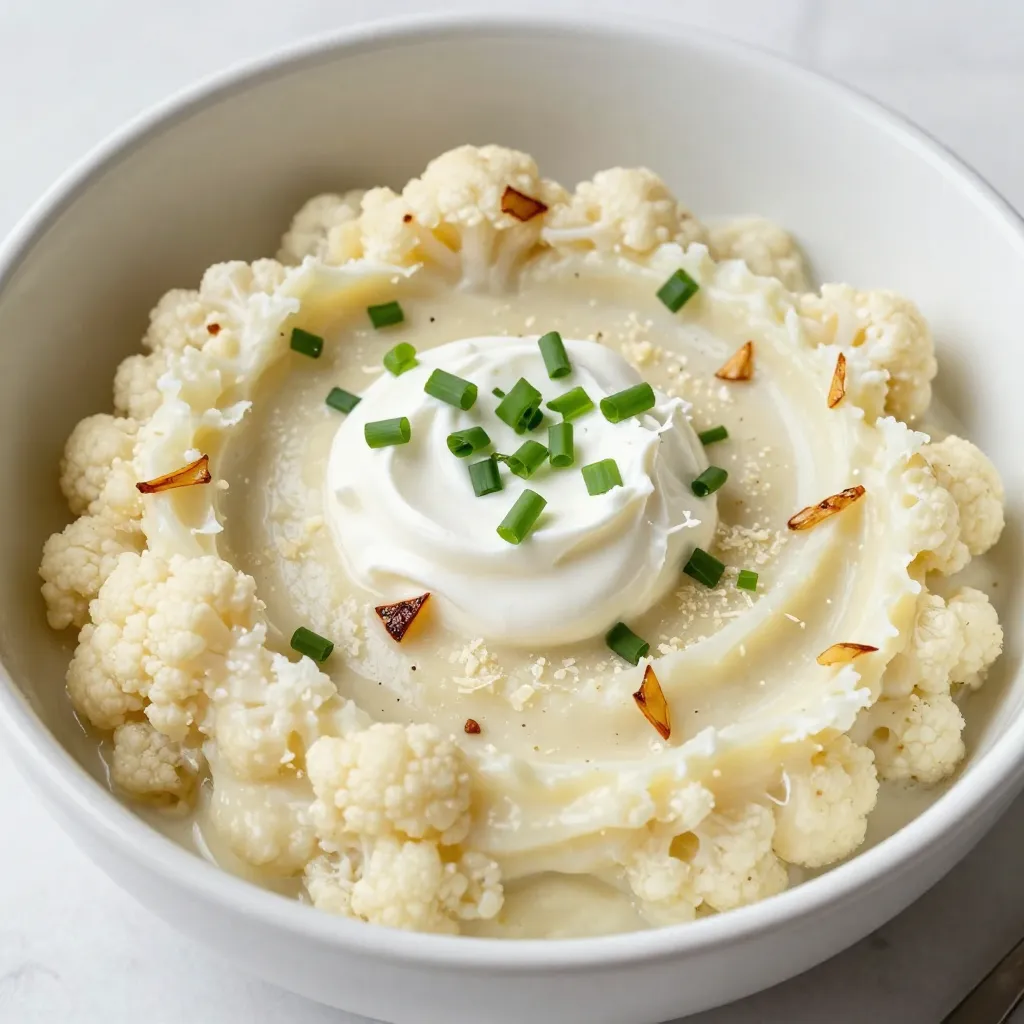- 1 large head of cauliflower - 4 cloves of garlic - 1/4 cup cream cheese - 1/4 cup sour cream - 2 tablespoons unsalted butter - Salt and pepper - 1/4 cup grated Parmesan cheese (optional) - Fresh chives I love using fresh cauliflower for this dish. It gives a great texture. Start with one large head, cut into florets. This helps it cook evenly. Next, you need four cloves of garlic. Make sure they are peeled. Garlic adds a lovely aroma and flavor. For creaminess, use a 1/4 cup of cream cheese. It makes the mash rich and smooth. Then add 1/4 cup of sour cream. Sour cream brings a nice tang. You will also need two tablespoons of unsalted butter. It enriches the flavor. Don’t forget salt and pepper for seasoning. They enhance the taste. If you want to level up your dish, use 1/4 cup of grated Parmesan cheese. It adds a savory kick. For a fresh touch at the end, chop some fresh chives. They make a beautiful garnish and add a mild onion flavor. This combination of ingredients creates a creamy garlic mashed cauliflower that everyone will love. {{ingredient_image_1}} Start by boiling your cauliflower and garlic. In a large pot, add salted water and bring it to a boil. Once boiling, add the cauliflower florets and the peeled garlic. Cook for about 10-12 minutes. You want the cauliflower to be tender enough to pierce with a fork. This step is key for a smooth mash. After cooking, carefully drain the cauliflower and garlic in a colander. Return them to the pot. Let them sit for about a minute. This helps evaporate any excess moisture. Removing extra water makes your mash creamy, not watery. For mashing, you can use a potato masher or an immersion blender. If you want a chunky texture, the potato masher works well. If you prefer a smooth finish, use the immersion blender. Blend until you reach your desired consistency. This step sets the base for your creamy garlic mashed cauliflower. Now it’s time to add the creamy ingredients. Mix in 1/4 cup of softened cream cheese, 1/4 cup of sour cream, and 2 tablespoons of unsalted butter. Blend these into the cauliflower until everything is smooth. This is where the magic happens, giving your dish its rich flavor. Next, add salt and pepper to taste. If you like, stir in 1/4 cup of grated Parmesan cheese for extra flavor. Taste your mash as you go. Adjust the seasoning until it’s just right for you. This personal touch makes a big difference. Finally, transfer your creamy garlic mashed cauliflower to a serving bowl. Top it with freshly chopped chives for a pop of color and flavor. This simple garnish makes your dish look appealing and adds a fresh taste. Enjoy your delightful side dish! To achieve an even creamier texture, consider adding a splash of milk or heavy cream. You can also try using Greek yogurt as a substitute for sour cream. If you want it extra rich, add more cream cheese or butter. Adjust the consistency by adding more liquid or mashing longer for a smoother finish. Herbs and spices elevate this dish. Try adding fresh thyme, rosemary, or even a pinch of nutmeg. For a twist, mix in smoked paprika for a subtle smokiness. You can also experiment with cheese options like goat cheese or feta. Each brings a unique flavor that can change the dish entirely. Using the right tools makes a big difference. A potato masher works well, but an immersion blender gives the smoothest results. For speed, consider a food processor. To save time, chop the cauliflower and garlic ahead of time. This way, you can whip up this dish in no time! Pro Tips Choose the Right Cauliflower: For the best texture, select a cauliflower that is firm and heavy for its size with tightly packed florets. Enhance Flavor: Consider roasting the garlic before adding it to the cauliflower for a deeper, sweeter flavor. Control Consistency: Adjust the amount of cream cheese and sour cream to achieve your desired creaminess; you can always add more but can't take it out! Garnishing: For a fresh touch, use not only chives but also parsley or a sprinkle of paprika for added color and flavor. {{image_2}} For a vegan version of creamy garlic mashed cauliflower, swap out cream cheese and sour cream. Use cashew cream or silken tofu instead. Both options blend well and add creaminess. For a rich taste, try coconut cream. Instead of regular butter, use plant-based butter. This keeps the dish vegan while adding that lovely buttery flavor. You can add other veggies to your mashed cauliflower. Spinach is a great choice. It adds color and nutrients. Just sauté the spinach until wilted before mixing it in. Broccoli also works well. Steam it lightly and blend it with the cauliflower. The flavors mix nicely, creating a delightful dish. Mixing in fresh herbs like parsley or basil can enhance the taste. Use what you love and be creative! If you want to change up the cheese, try using feta or goat cheese instead of Parmesan. Feta gives a tangy flavor, while goat cheese adds creaminess. Each cheese has its unique taste. Experiment to see which one you like best. You can also skip cheese for a lighter option, and it will still taste great! To store leftovers, let the mashed cauliflower cool down first. Then, place it in an airtight container. This keeps it fresh and tasty. It will last in the fridge for about three to five days. Make sure to check for any off smells before eating. To freeze mashed cauliflower, scoop it into a freezer-safe container. Leave some space at the top for expansion. It can stay frozen for up to three months. For thawing, move it to the fridge the night before you want to eat it. This way, it thaws slowly and keeps its flavor. When you're ready to eat, you can reheat it in a few ways. The microwave is quick, but it may make it watery. To avoid this, stir it every minute. The stovetop method is better. Just add a little cream or butter, and heat it on low. Stir often to keep it smooth and creamy. Mashed cauliflower has a smooth and creamy texture. It feels light and airy, unlike mashed potatoes, which can be thicker and denser. When made right, mashed cauliflower can mimic the creaminess of potatoes, making it a great alternative. The key is to blend it well and add enough creamy ingredients. Yes, you can prepare mashed cauliflower ahead of time. Cook and mash it, then store it in the fridge. Use an airtight container to keep it fresh. Reheat it gently on the stove or in the microwave. If it seems dry, add a bit of cream or butter while warming it up. To spice up your mashed cauliflower, add red pepper flakes or hot sauce. You can also mix in sautéed onions or garlic for extra flavor. Fresh herbs like rosemary or thyme can add depth. Experiment with different spices to find your favorite blend. Cauliflower is low in calories and high in fiber. It is packed with vitamins C and K. This veggie also has antioxidants that help fight inflammation. Plus, it is a great source of folate, which supports brain health. Incorporating cauliflower into your diet can boost overall health. Yes, frozen cauliflower works well for this recipe. It is often pre-cut and saves time. Just make sure to thaw and drain it fully before cooking. This helps achieve the right texture. Follow the same cooking steps, and you will get delicious mashed cauliflower. Mashed cauliflower is a tasty and healthy alternative to traditional mashed potatoes. We covered essential ingredients and step-by-step instructions to make it creamy and flavorful. You can also explore variations, like vegan options or adding different veggies. Storing and reheating tips ensure your leftovers stay delicious. Whether you aim to impress guests or enjoy a simple meal, this dish fits any occasion. Now, grab a head of cauliflower and get cooking!