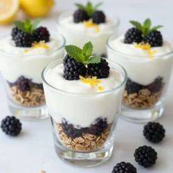 - 2 cups Greek yogurt (plain or vanilla) - 1 cup fresh blackberries (plus extra for garnish) - 1/4 cup honey or maple syrup - 1 cup granola (your choice) - Fresh mint leaves for garnish (optional) - Zest of 1 lemon - Juice of 1/2 lemon In this recipe, the main players are Greek yogurt, fresh blackberries, and a sweetener like honey or maple syrup. Greek yogurt gives our parfait a creamy texture and rich taste. It’s packed with protein, making it a healthy base. Fresh blackberries add a burst of flavor and color. They also provide vitamins and antioxidants. For sweetness, honey or maple syrup makes each spoonful a delight. You can elevate your parfait with optional ingredients. Granola adds a nice crunch and fills you up. Fresh mint leaves can bring a refreshing twist. Adding lemon zest and juice brightens the flavor. It adds a zesty kick that pairs well with the blackberries. Each ingredient works together to make a tasty and healthy treat. {{ingredient_image_1}} To start, grab a medium bowl. Add 2 cups of Greek yogurt to the bowl. Next, pour in 1/4 cup of honey or maple syrup. This adds sweetness. Then, add the zest of 1 lemon. Don't skip this step, as it brings bright flavor. Finally, squeeze in the juice of 1/2 lemon. This adds tang. Mix all the ingredients well until the mixture is smooth and creamy. You want a consistency that is easy to spoon out. Now it’s time to layer your parfait. Take your serving glasses or bowls. Start by adding a generous spoonful of your lemon yogurt mixture at the bottom. This will be the first layer. Next, sprinkle a layer of granola on top of the yogurt. This gives a nice crunch. After that, add a layer of fresh blackberries. Use about 1 cup of fresh blackberries for this. Repeat the layers until you fill the glasses. Always end with a layer of the lemon yogurt on top. This looks great and keeps everything in place. To make your parfaits look special, it’s time for garnishing. Add extra blackberries on top of each parfait. This makes them pop with color. If you like, add a sprig of fresh mint for a lovely touch. Mint adds a fresh aroma. Serve the parfaits right away for the best taste. You can also refrigerate them for up to an hour. This helps the flavors blend nicely. To mix yogurt smoothly, start with a medium bowl. Use a whisk or fork to blend. Combine the Greek yogurt, honey or maple syrup, lemon zest, and lemon juice. Mix until you have a creamy texture. This step is key to a tasty parfait. If you find lumps, keep mixing. The smoother the yogurt, the better your parfait will taste. You can boost flavors with fun additions. Try adding a pinch of cinnamon or vanilla extract. For a fruity twist, mix in some mashed bananas or chopped strawberries. You could also use flavored yogurt instead of plain. Each addition brings a new taste to your parfait. Get creative and find what you love. Use clear glasses or jars to show off your layers. Tall glasses work well for a pretty view. Keep servings small for a fun treat. Add extra blackberries on top for color. A sprig of fresh mint adds a nice touch. These simple garnishes make your parfait look special. Enjoy the beauty and taste of your creation! Pro Tips Choose Your Yogurt Wisely: Opt for full-fat or Greek yogurt for a creamier texture and richer flavor in your parfait. Layering Technique: For the best presentation, use clear glasses to showcase the beautiful layers of yogurt, granola, and blackberries. Freshness is Key: Always use fresh blackberries for the best taste and texture; frozen berries can become mushy when thawed. Make Ahead Option: Prepare the yogurt mixture and granola ahead of time, but layer just before serving to keep the granola crunchy. {{image_2}} You can switch blackberries for many other fruits. Try strawberries, blueberries, or raspberries. Seasonal fruits like peaches or mangoes work great too. Each fruit brings its own taste and charm. Mix and match to find your favorite flavors. If you want, use dairy-free yogurt made from almond or coconut. These options taste great and are good for those who avoid dairy. You can also try flavored yogurts. Vanilla or lemon yogurts add a nice twist to the parfaits. You can use store-bought granola for a quick option. Look for brands that have less sugar. If you want, make your own granola at home. Mix oats, nuts, and honey, then bake until golden. Homemade granola lets you control the flavors and crunch. Store your parfaits in an airtight container. This keeps them fresh and safe. If you have leftovers, cover them well. They can stay in the fridge for up to two days. However, the granola may get soggy. To avoid this, keep granola separate. Add it right before serving. You can freeze parfaits, but it changes the texture. The yogurt may become icy when thawed. If you still want to freeze them, use an airtight container. Just remember to eat them within a month for best taste. For the best taste and texture, eat your parfaits fresh. Enjoy within a few hours of making them. If you must refrigerate, consume within two days. This way, you will savor the bright flavors of lemon and blackberries. Yes, you can make these parfaits ahead of time. I recommend preparing the yogurt layer and granola separately. Store the yogurt in the fridge and the granola in an airtight container. Layer them right before serving. This keeps the granola crunchy and the yogurt fresh. To make the yogurt mixture less tart, you can add more honey or maple syrup. Start with a bit more sweetener and taste it. Adjust until it suits your taste. You might also use vanilla yogurt instead of plain. This will add sweetness and flavor. Yes, you can use frozen blackberries. But keep in mind they may release more juice than fresh ones. Thaw them first and drain excess liquid. This will help keep your parfait from becoming too soggy. You can also use them directly if you like a softer texture. You should eat these parfaits within one day if stored in the fridge. The granola can get soft if left too long. If you want them to last longer, keep yogurt and granola separate. Combine them only when ready to eat. If you want a different taste, you can use regular yogurt. You could also try dairy-free yogurt made from almond or coconut. Just make sure it has a creamy texture to get the best results. Absolutely! You can add any fruit you love. Strawberries, blueberries, or peaches work great. Just chop them into small pieces to layer easily. This adds flavor and color to your parfait as well. You can swap granola for nuts or seeds if you want. This adds healthy fats and protein. You might also cut back on the sweetener if you prefer less sugar. This keeps it light but still tasty. Yes, these parfaits make a great party dessert! You can prepare them in clear cups for a nice look. Guests will love the layers of color and flavor. Plus, they are easy to grab and eat. This blog post shared how to create delicious Blackberry Lemon Yogurt Parfaits. You learned about key ingredients like Greek yogurt and sweeteners, plus options like granola and mint. The step-by-step guide showed you how to mix, layer, and present your parfaits. I included tips for texture and flavor, along with storage advice. You can vary this recipe to keep it fresh. Enjoy making your parfaits, and don’t forget to experiment with flavors. Dive into this tasty treat and share it with those you love!