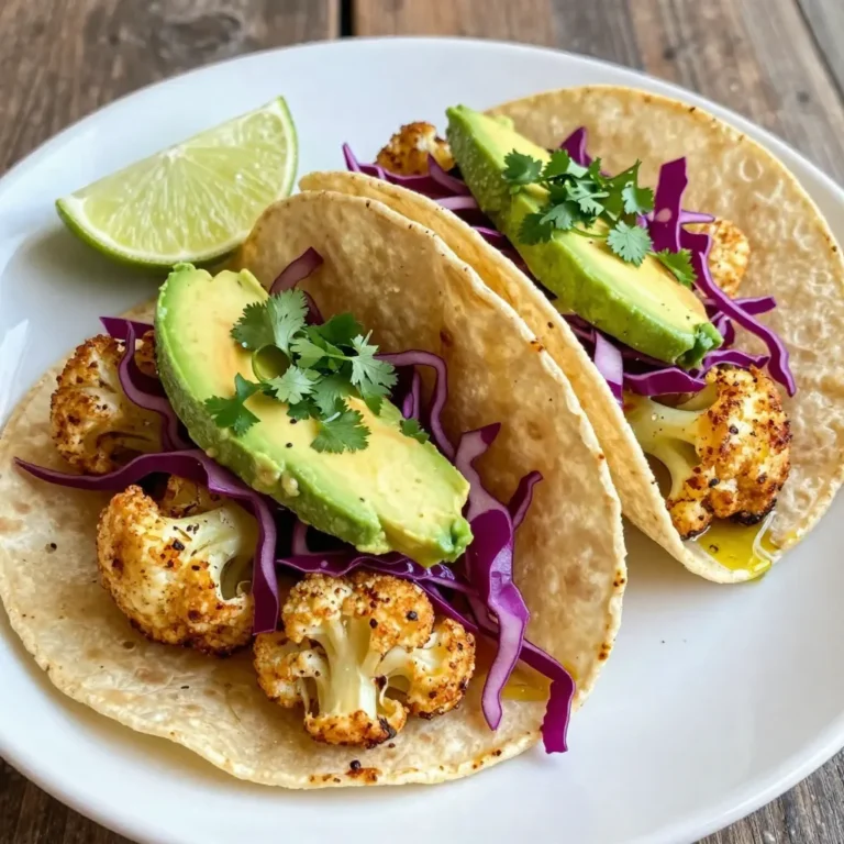 For roasted cauliflower tacos, you need fresh ingredients. Here’s what to gather: - 1 medium head of cauliflower, cut into florets - 2 tablespoons olive oil - 8 small corn tortillas - 1 avocado, sliced - 1 cup red cabbage, shredded - 1/4 cup fresh cilantro, chopped These ingredients create a tasty base for your tacos. The cauliflower gives a nice texture, while the tortillas hold it all together. Seasoning brings flavor to the roasted cauliflower. Use these spices: - 1 teaspoon smoked paprika - 1 teaspoon cumin - 1/2 teaspoon garlic powder - 1/2 teaspoon onion powder - Salt and pepper to taste These spices add warmth and depth. Smoked paprika gives a hint of smoke, while cumin provides earthiness. Adjust the salt and pepper to your liking. Toppings make your tacos special. Consider adding: - Lime wedges for serving - Hot sauce for a spicy kick The lime adds brightness. If you like heat, hot sauce gives a nice kick. These toppings enhance the flavors and make each bite exciting. {{ingredient_image_1}} Start by preheating your oven to 425°F (220°C). This step is key for crispy cauliflower. Take a medium head of cauliflower and cut it into small florets. Make sure they are even in size. This helps them cook evenly. In a large bowl, mix the florets with 2 tablespoons of olive oil. Then, add 1 teaspoon of smoked paprika, 1 teaspoon of cumin, 1/2 teaspoon of garlic powder, and 1/2 teaspoon of onion powder. Don’t forget to sprinkle in salt and pepper to taste. Toss everything well. You want each piece to be coated in oil and spices. Now, spread the seasoned cauliflower on a baking sheet. Make sure to lay them in a single layer. This ensures they roast instead of steam. Place the sheet in the oven and roast for 25-30 minutes. Halfway through, give them a toss. This helps them brown nicely. You’ll know they are done when they are golden brown and tender. While the cauliflower roasts, it’s time to prepare the tortillas. Heat 8 small corn tortillas in a dry skillet over medium heat. Warm each side for about 30 seconds. This makes them soft and easy to fold. Once the cauliflower is done, let it cool for a few minutes. To assemble, place a generous amount of roasted cauliflower on each tortilla. Top them with sliced avocado, shredded red cabbage, and chopped cilantro. Finally, serve with lime wedges on the side. If you like a spicy kick, add some hot sauce. Enjoy your fresh and flavorful meal! To make the best roasted cauliflower, choose a fresh head. Cut it into even florets. This helps them cook evenly. Toss the florets with olive oil and spices. Use smoked paprika and cumin for great flavor. Spread them out on a baking sheet. Leave space between each floret. This allows them to crisp up. Roast at 425°F for 25-30 minutes. Toss them halfway through cooking for even browning. Serve your roasted cauliflower in warm corn tortillas. Layer on sliced avocado and shredded red cabbage. These add creaminess and crunch. Sprinkle fresh cilantro on top for a burst of flavor. Don’t forget lime wedges! Squeeze some lime juice on your tacos. This adds a fresh taste. If you like heat, drizzle some hot sauce on top. Pair your tacos with a simple salad. A mixed greens salad works well. You can also serve black beans or rice on the side. These dishes add more texture and nutrition. For a fun touch, add some corn on the cob. It complements the tacos nicely. Enjoy your meal with friends or family! Pro Tips Choose Fresh Cauliflower: Select a head of cauliflower that is firm and has tightly packed florets for the best texture and flavor. Customize Your Spices: Feel free to experiment with different spices like chili powder or coriander to create a flavor profile that suits your taste. Keep Tortillas Warm: Wrap warm tortillas in a clean kitchen towel to keep them soft and pliable while you assemble the tacos. Serve Immediately: For the best taste and texture, serve the tacos right after assembling to enjoy the crispy cauliflower and fresh toppings. {{image_2}} Roasted cauliflower tacos are perfect for everyone. They are naturally vegetarian and vegan. You can keep the recipe as is, using only plant-based ingredients. The cauliflower gives a hearty texture. You can also add beans for more protein. Black beans or pinto beans work well. Just mash them lightly and mix with the roasted cauliflower. This recipe is easy to make gluten-free. Corn tortillas are a great choice since they are gluten-free. Ensure you check the package to avoid any gluten. You can also use lettuce wraps instead of tortillas. They add crunch and freshness. These options keep your meal light and tasty. You can change the flavors in your tacos easily. If you want a spicy kick, add chili powder or cayenne pepper. You can also switch the spices. Try adding curry powder for a different taste. If you love herbs, mix in fresh oregano or thyme. For a tangy twist, add some lime juice to the cauliflower before roasting. You can store leftover tacos in the fridge. Place them in a sealed container for best results. They will stay fresh for up to three days. If you have extra roasted cauliflower, store it separately. This keeps the tortillas from getting soggy. To reheat your tacos, use a skillet. Heat it over medium heat. Place the tacos in the skillet for about two minutes on each side. This warms them up while keeping them crispy. You can also microwave them. Heat for 30 seconds, then check. Add more time if needed, but be careful not to overheat. You can freeze the roasted cauliflower. Allow it to cool first. Place it in a freezer bag, removing as much air as possible. The cauliflower will last up to three months in the freezer. When you're ready to use it, thaw it in the fridge overnight. Reheat in the oven for the best texture. Yes, you can use frozen cauliflower. Just thaw it first. Drain any excess water. This helps the cauliflower roast well. The texture may differ slightly. Fresh cauliflower gives a better crunch. If you want to replace corn tortillas, try flour tortillas. Lettuce wraps work great too. You can even use whole grain wraps. Each option brings its own flavor. To add heat, sprinkle cayenne pepper on the cauliflower. You can also use a spicy sauce. Try adding jalapeños or serrano peppers. They will bring a nice kick to your tacos! Roasted cauliflower tacos are fun and easy to make. We covered the key ingredients, step-by-step instructions, and tips for perfect roasting. You learned about different flavor variations and how to store your leftovers. Remember, these tacos support various diets and preferences, so get creative! Try new toppings or spices to match your taste. Enjoy making these delicious tacos and share them with friends and family!
