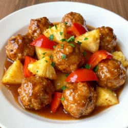 To make sweet and sour chicken meatballs, you need these key ingredients: - 1 lb ground chicken - 1/2 cup breadcrumbs - 1/4 cup grated Parmesan cheese - 1/4 cup chopped fresh parsley - 1 egg - 2 cloves garlic, minced - 1 teaspoon ginger, grated - Salt and pepper to taste These ingredients create a tasty meatball base. The ground chicken gives a light flavor. Breadcrumbs help bind the meatballs together. Parmesan adds a nice, savory touch. Fresh parsley brings a hint of color and freshness. Garlic and ginger add depth and warmth. Adjust the salt and pepper to suit your taste. Now for the sauce, gather these items: - 1 cup pineapple chunks (fresh or canned) - 1 bell pepper (red or yellow), diced - 1/2 cup sugar - 1/2 cup ketchup - 1/4 cup apple cider vinegar - 1 tablespoon soy sauce (or coconut aminos for a lighter flavor) - 1 tablespoon cornstarch (mixed with 2 tablespoons water for thickening) The pineapple gives a sweet burst, while the bell pepper adds crunch. Sugar balances the tang from the vinegar and ketchup. Soy sauce deepens the flavor, making it rich. Cornstarch thickens the sauce, making it cling to the meatballs. Feel free to customize your meatballs and sauce! You can add: - Chopped green onions for a fresh kick - Red pepper flakes for heat - Zucchini or carrots for extra veggies You can swap ground chicken for turkey or pork. For a vegan option, use tofu or lentils. The key is to keep the flavors balanced. Enjoy experimenting to make this dish your own! {{ingredient_image_1}} To start, preheat your oven to 400°F (200°C). Grab a large mixing bowl. In the bowl, mix together 1 pound of ground chicken, ½ cup of breadcrumbs, and ¼ cup of grated Parmesan cheese. Next, add ¼ cup of chopped fresh parsley, 1 egg, 2 minced garlic cloves, and 1 teaspoon of grated ginger. Season with salt and pepper to taste. Mix everything well until it is all combined. Use your hands for the best results. Then, shape the mixture into small meatballs, about 1 inch wide. Place them on a baking sheet lined with parchment paper. Once your meatballs are ready, slide them into the oven. Bake them for about 20 minutes. You want them to be cooked through and golden brown. Keep an eye on them to avoid burning. This step makes the meatballs juicy and tasty. While the meatballs bake, it's time to make the sauce. In a medium saucepan, combine 1 cup of pineapple chunks, 1 diced bell pepper, ½ cup of sugar, and ½ cup of ketchup. Also add ¼ cup of apple cider vinegar and 1 tablespoon of soy sauce. Heat this mixture over medium heat. Stir it gently until it starts to simmer. After about 5 minutes, stir in 1 tablespoon of cornstarch mixed with 2 tablespoons of water. This will help thicken your sauce. Cook for another 2-3 minutes until the sauce is nice and thick. When the meatballs finish baking, take them out of the oven. Add them to the saucepan with your sweet and sour sauce. Gently toss the meatballs until they are well coated in the sauce. Make sure every meatball gets a good amount of sauce. Now your sweet and sour chicken meatballs are ready to serve! Enjoy them over rice or noodles, with extra sauce if you like. To keep your meatballs moist, use ground chicken with some fat. The fat adds flavor and moisture. Mix in breadcrumbs to soak up juices. You can also add an egg for binding and moisture. Don't overmix the meatball mixture; this can make them tough. Shape them gently into balls, about one inch wide. This size cooks well and stays tender. For a thick sauce, use cornstarch mixed with water. Add this mix to your sauce as it simmers. Stir well to avoid lumps. If the sauce is too thick, add a bit of water or extra vinegar. You want a nice balance between sweet and sour. Taste as you go, adjusting sugar or vinegar to suit your preference. Serve your sweet and sour chicken meatballs over rice or noodles. The sauce pairs well with both. You can also add steamed vegetables for extra color and nutrition. Garnish with fresh parsley for a pop of green. If you like, serve with extra sauce on the side for dipping. Pro Tips Use Fresh Ingredients: Fresh pineapple and bell peppers enhance the flavor and texture of the dish, giving it a vibrant taste. Adjust the Sweetness: Feel free to modify the sugar amount based on your preference for sweetness in the sauce. Experiment with Meat: Ground turkey or pork can be used as alternatives to ground chicken for a different flavor profile. Serve with Garnishes: Top the meatballs with sesame seeds or chopped green onions for an added crunch and flavor. {{image_2}} You can swap out ground chicken for other proteins. Ground turkey works well for a leaner option. If you prefer beef, use ground beef for a richer flavor. Pork also adds a nice twist to the meatballs. Each protein gives a unique taste and texture. To make this dish vegetarian, use plant-based ground meat. Brands like Beyond Meat or Impossible Burger can replicate the texture of chicken. For a vegan option, combine cooked lentils and mushrooms. Add breadcrumbs and spices to create a hearty meatball. You can change the flavor by adding spices. For a spicy kick, mix in red pepper flakes or sriracha into the sauce. If you like herbs, add fresh basil or cilantro to the meatball mixture. Experimenting with different flavors makes this dish exciting and fun. You can keep leftover sweet and sour chicken meatballs in the fridge. Place them in an airtight container. They stay fresh for up to three days. Make sure to cool them down before storing. This helps keep the flavors intact. If you want to store the meatballs for longer, freezing is a great option. Arrange the meatballs in a single layer on a baking sheet. Freeze them for about one hour. Once they are firm, transfer them to freezer bags. They can last up to three months in the freezer. Don't forget to label them with the date! To reheat, you can use the oven or a microwave. For the oven, preheat it to 350°F (175°C). Place the meatballs on a baking sheet and heat for 10-15 minutes. If using a microwave, place them on a microwave-safe plate. Heat for about 1-2 minutes, checking if they are warm enough. You can also add a splash of sauce to keep them moist while reheating. Enjoy your delicious meal! Sweet and sour chicken meatballs last about 3 to 4 days in the fridge. Store them in an airtight container. Make sure they cool before sealing. This helps keep them fresh. If you want to keep them longer, consider freezing. Yes, you can make meatballs ahead of time. Prepare them and bake as usual. After baking, let them cool completely. Once cooled, store them in the fridge for a day or two. You can also freeze them for up to three months. You can serve sweet and sour chicken meatballs with rice or noodles. Steamed veggies also make a great side. For a fun twist, try them in a wrap or sandwich. A simple salad can add some freshness, too. Absolutely! You can use other vegetables in the sauce. Try adding carrots, snap peas, or broccoli. Just chop them small so they cook quickly. This adds extra flavor and nutrition to the dish. Get creative with your favorite veggies! We covered all the steps to make sweet and sour chicken meatballs. You learned about key ingredients, cooking methods, and tasty variations. Don't forget the tips to keep your meatballs moist and sauce perfect. Whether you choose ground chicken or a plant-based option, this dish can please everyone. Store leftovers correctly so you can enjoy them later. With these steps, you’ll create a delicious meal each time. Enjoy cooking and share your results!