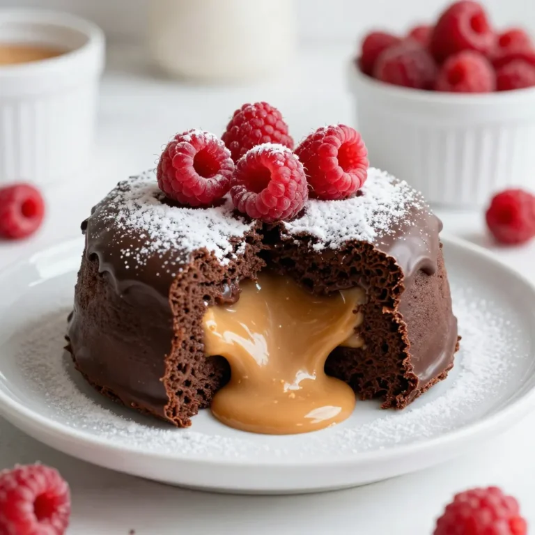 To make a rich Chocolate Peanut Butter Lava Cake, gather these key ingredients: - ½ cup unsalted butter - 1 cup semi-sweet chocolate chips - 2 large eggs - 2 large egg yolks - ½ cup granulated sugar - ½ cup all-purpose flour - ½ teaspoon vanilla extract - ¼ teaspoon salt - ½ cup creamy peanut butter - Optional: powdered sugar and fresh raspberries for garnish Each ingredient plays a vital role. The unsalted butter and chocolate chips create a smooth, decadent base. The eggs and egg yolks provide structure, while the sugar adds sweetness. Flour gives the cake body, but we keep it light to allow that gooey center. Vanilla adds depth, and salt enhances all the flavors. The creamy peanut butter is the star that makes this cake truly special. If you want to add a touch of elegance, consider garnishing with powdered sugar and fresh raspberries. These add color, flavor, and a lovely contrast to the rich cake. Enjoy every bite! {{ingredient_image_1}} First, preheat your oven to 425°F (220°C). This is key for a great bake. While the oven heats, grab four ramekins. Grease each ramekin with unsalted butter. This step helps the cakes slide out easily. Next, dust the insides with flour. This prevents sticking and makes serving easier. In a medium saucepan, combine ½ cup of unsalted butter and 1 cup of semi-sweet chocolate chips. Melt them together over low heat. Stir often until the mixture is smooth. Once melted, remove the pan from heat. Let it cool for a few minutes. Cooling is important so it won’t cook the eggs later. In a large bowl, whisk together 2 large eggs, 2 large egg yolks, and ½ cup of granulated sugar. Whisk until the mixture looks pale and fluffy. Next, slowly add the cooled chocolate mixture to the egg mix. Stir in ½ teaspoon of vanilla extract and ¼ teaspoon of salt. Mix until combined. Then, gently fold in ½ cup of all-purpose flour. Be careful not to overmix; a few lumps are okay. Now it’s time to fill the ramekins. Divide half of the batter evenly among the prepared ramekins. Make sure to leave space for the peanut butter. Add ½ cup of creamy peanut butter into the center of each ramekin. Then, cover the peanut butter with the remaining batter. This will create that gooey center we all love. Place the filled ramekins on a baking sheet. Bake in your preheated oven for 12-14 minutes. The edges should be set, but the center must stay soft. To check doneness, gently shake the ramekins. If the center jiggles slightly, they are ready. Once baked, remove the ramekins from the oven. Let them cool for 1-2 minutes. This helps the cakes firm up a bit. To serve, carefully invert each ramekin onto a plate. It should come out easily. If you like, dust the tops with powdered sugar. Fresh raspberries make a lovely garnish too. Enjoy your delicious Chocolate Peanut Butter Lava Cake! To get that perfect lava center, watch for a few signs. The edges should be firm, but the center must look soft and jiggly. This means it is not fully cooked. If you overbake, you will lose that gooey center. Aim for 12-14 minutes in the oven. Choosing the right ramekins is key. Use 6-ounce ramekins for the best size. They help the cake cook evenly. For mixing, I prefer a whisk and a rubber spatula. They help create a smooth batter without lumps. Accurate measuring is vital. Use dry measuring cups for flour and sugar. When melting chocolate, do it gently over low heat. Stir constantly to avoid burning. This will keep your chocolate smooth and ready for mixing. Pro Tips Use High-Quality Chocolate: For the best flavor, opt for high-quality semi-sweet chocolate chips. The richness of the chocolate will enhance the overall taste of the lava cake. Don’t Overbake: Keep an eye on the baking time. The cakes should be set around the edges but still soft in the center. Overbaking will result in a less gooey lava effect. Rest Before Serving: Allow the cakes to cool in the ramekins for a minute or two before inverting. This helps them hold their shape and makes for an impressive presentation. Garnish Creatively: Fresh raspberries not only add a pop of color but also a tart contrast to the rich chocolate and peanut butter. Consider adding a sprig of mint for an extra touch. {{image_2}} You can have fun with different fillings in your lava cake. Instead of creamy peanut butter, try almond butter for a nutty twist. You can even mix in flavors like mint chocolate. This change adds a fresh taste to the dessert. Get creative and find what you love! If you need a gluten-free option, swap all-purpose flour with a gluten-free blend. This keeps the cake just as tasty. For a vegan alternative, use aquafaba instead of eggs and a plant-based butter. You can find many vegan chocolate chips that work great, too. These adjustments let everyone enjoy this treat. When it comes to plating, think about using a nice white plate. This makes the rich chocolate stand out. You can also dust your cake with powdered sugar for a pretty touch. Pair your lava cake with a scoop of vanilla ice cream or a drizzle of chocolate sauce. This contrast of warm cake and cold ice cream is simply delightful. To keep your chocolate peanut butter lava cake fresh, store it properly. You can keep it at room temperature for a day. If you want to save it longer, put it in the fridge. Use airtight containers to avoid drying out. - Room Temperature: One day maximum. - Refrigeration: Up to three days. - Best Containers: Airtight containers or plastic wrap. Reheating your lava cake is easy. You want to keep that gooey center. The best way is to use the oven or microwave. - Microwave: Heat for 10-15 seconds. Check often to avoid overheating. - Oven: Preheat to 350°F (175°C). Heat for about 5-7 minutes. Freezing is a great option for later treats. Follow these steps: 1. Let the lava cakes cool completely. 2. Wrap each one tightly in plastic wrap. 3. Place wrapped cakes in a freezer bag. To thaw, move the cakes to the fridge overnight. Reheat using the microwave or oven as mentioned above. Enjoy your yummy treat whenever you want! You can check if the lava cake is done by looking at the edges. They should be set and firm. The center will still look soft and a bit jiggly. If you see this, it is ready to come out. Baking time is usually between 12-14 minutes. Yes, you can prepare the batter ahead. Just mix it and place it in the ramekins. Cover them and chill in the fridge. When you want to bake, take them out and let them sit at room temperature for about 30 minutes. Then, bake as directed. If you want a different flavor, try almond butter or sunflower seed butter. Both can work well in this recipe. You can also try Nutella for a chocolate-hazelnut twist. To stop the cakes from sticking, grease the ramekins well with butter. Then, dust them with flour. This creates a barrier between the cake and the dish. When you invert them, they should come out easily. This lava cake pairs well with vanilla ice cream or whipped cream. Fresh raspberries add a nice touch too. You can also drizzle some chocolate sauce for extra richness. You now have all you need to make delicious Chocolate Peanut Butter Lava Cakes. We covered ingredients, step-by-step instructions, storage tips, and common mistakes. Remember to check for that gooey center while baking. Feel free to try different fillings or make dietary changes. Enjoy sharing these cakes with others or savoring them solo. With practice, you will master this dessert and impress everyone around you. Dive in and start baking!