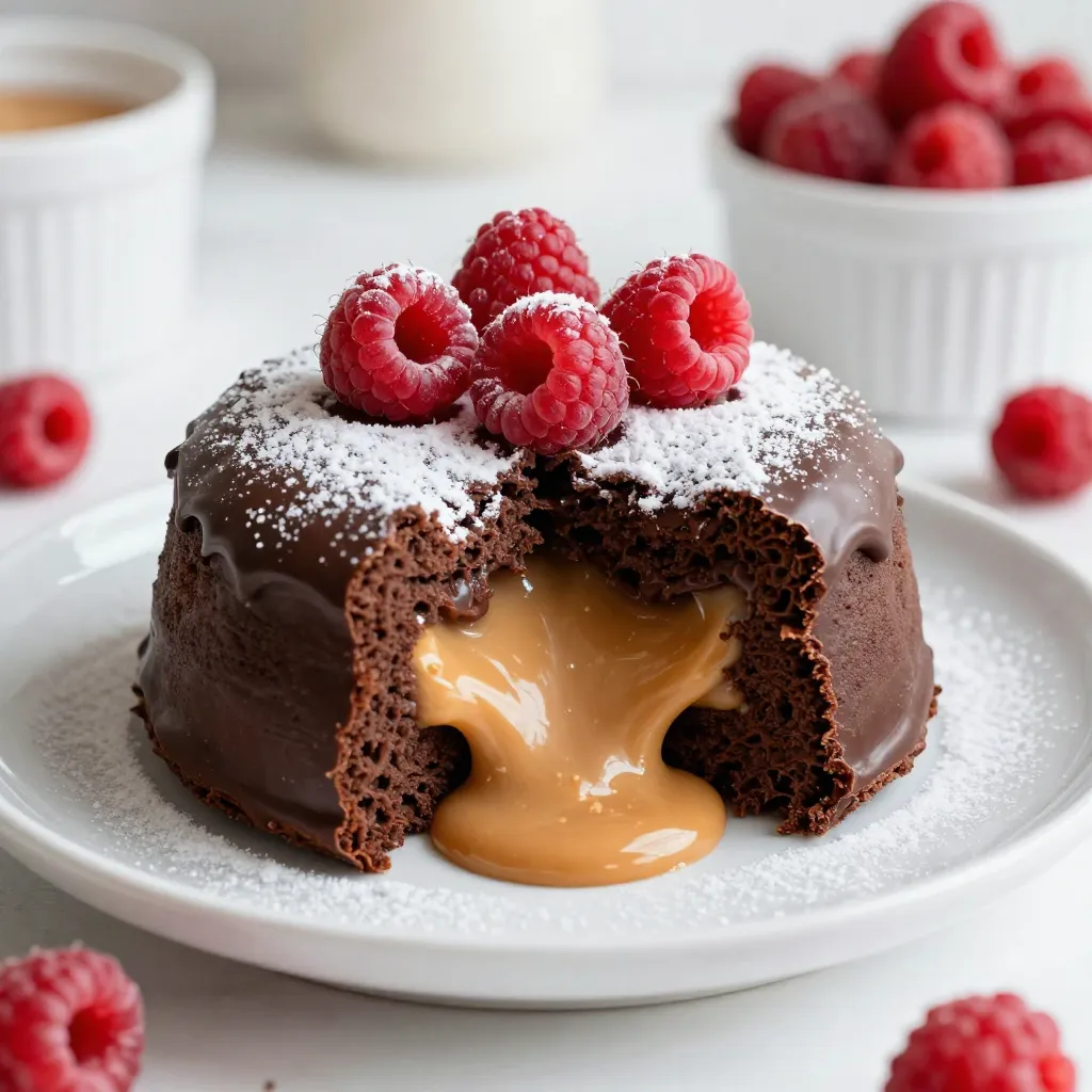 To make a rich Chocolate Peanut Butter Lava Cake, gather these key ingredients: - ½ cup unsalted butter - 1 cup semi-sweet chocolate chips - 2 large eggs - 2 large egg yolks - ½ cup granulated sugar - ½ cup all-purpose flour - ½ teaspoon vanilla extract - ¼ teaspoon salt - ½ cup creamy peanut butter - Optional: powdered sugar and fresh raspberries for garnish Each ingredient plays a vital role. The unsalted butter and chocolate chips create a smooth, decadent base. The eggs and egg yolks provide structure, while the sugar adds sweetness. Flour gives the cake body, but we keep it light to allow that gooey center. Vanilla adds depth, and salt enhances all the flavors. The creamy peanut butter is the star that makes this cake truly special. If you want to add a touch of elegance, consider garnishing with powdered sugar and fresh raspberries. These add color, flavor, and a lovely contrast to the rich cake. Enjoy every bite! {{ingredient_image_1}} First, preheat your oven to 425°F (220°C). This is key for a great bake. While the oven heats, grab four ramekins. Grease each ramekin with unsalted butter. This step helps the cakes slide out easily. Next, dust the insides with flour. This prevents sticking and makes serving easier. In a medium saucepan, combine ½ cup of unsalted butter and 1 cup of semi-sweet chocolate chips. Melt them together over low heat. Stir often until the mixture is smooth. Once melted, remove the pan from heat. Let it cool for a few minutes. Cooling is important so it won’t cook the eggs later. In a large bowl, whisk together 2 large eggs, 2 large egg yolks, and ½ cup of granulated sugar. Whisk until the mixture looks pale and fluffy. Next, slowly add the cooled chocolate mixture to the egg mix. Stir in ½ teaspoon of vanilla extract and ¼ teaspoon of salt. Mix until combined. Then, gently fold in ½ cup of all-purpose flour. Be careful not to overmix; a few lumps are okay. Now it’s time to fill the ramekins. Divide half of the batter evenly among the prepared ramekins. Make sure to leave space for the peanut butter. Add ½ cup of creamy peanut butter into the center of each ramekin. Then, cover the peanut butter with the remaining batter. This will create that gooey center we all love. Place the filled ramekins on a baking sheet. Bake in your preheated oven for 12-14 minutes. The edges should be set, but the center must stay soft. To check doneness, gently shake the ramekins. If the center jiggles slightly, they are ready. Once baked, remove the ramekins from the oven. Let them cool for 1-2 minutes. This helps the cakes firm up a bit. To serve, carefully invert each ramekin onto a plate. It should come out easily. If you like, dust the tops with powdered sugar. Fresh raspberries make a lovely garnish too. Enjoy your delicious Chocolate Peanut Butter Lava Cake! To get that perfect lava center, watch for a few signs. The edges should be firm, but the center must look soft and jiggly. This means it is not fully cooked. If you overbake, you will lose that gooey center. Aim for 12-14 minutes in the oven. Choosing the right ramekins is key. Use 6-ounce ramekins for the best size. They help the cake cook evenly. For mixing, I prefer a whisk and a rubber spatula. They help create a smooth batter without lumps. Accurate measuring is vital. Use dry measuring cups for flour and sugar. When melting chocolate, do it gently over low heat. Stir constantly to avoid burning. This will keep your chocolate smooth and ready for mixing. Pro Tips Use High-Quality Chocolate: For the best flavor, opt for high-quality semi-sweet chocolate chips. The richness of the chocolate will enhance the overall taste of the lava cake. Don’t Overbake: Keep an eye on the baking time. The cakes should be set around the edges but still soft in the center. Overbaking will result in a less gooey lava effect. Rest Before Serving: Allow the cakes to cool in the ramekins for a minute or two before inverting. This helps them hold their shape and makes for an impressive presentation. Garnish Creatively: Fresh raspberries not only add a pop of color but also a tart contrast to the rich chocolate and peanut butter. Consider adding a sprig of mint for an extra touch. {{image_2}} You can have fun with different fillings in your lava cake. Instead of creamy peanut butter, try almond butter for a nutty twist. You can even mix in flavors like mint chocolate. This change adds a fresh taste to the dessert. Get creative and find what you love! If you need a gluten-free option, swap all-purpose flour with a gluten-free blend. This keeps the cake just as tasty. For a vegan alternative, use aquafaba instead of eggs and a plant-based butter. You can find many vegan chocolate chips that work great, too. These adjustments let everyone enjoy this treat. When it comes to plating, think about using a nice white plate. This makes the rich chocolate stand out. You can also dust your cake with powdered sugar for a pretty touch. Pair your lava cake with a scoop of vanilla ice cream or a drizzle of chocolate sauce. This contrast of warm cake and cold ice cream is simply delightful. To keep your chocolate peanut butter lava cake fresh, store it properly. You can keep it at room temperature for a day. If you want to save it longer, put it in the fridge. Use airtight containers to avoid drying out. - Room Temperature: One day maximum. - Refrigeration: Up to three days. - Best Containers: Airtight containers or plastic wrap. Reheating your lava cake is easy. You want to keep that gooey center. The best way is to use the oven or microwave. - Microwave: Heat for 10-15 seconds. Check often to avoid overheating. - Oven: Preheat to 350°F (175°C). Heat for about 5-7 minutes. Freezing is a great option for later treats. Follow these steps: 1. Let the lava cakes cool completely. 2. Wrap each one tightly in plastic wrap. 3. Place wrapped cakes in a freezer bag. To thaw, move the cakes to the fridge overnight. Reheat using the microwave or oven as mentioned above. Enjoy your yummy treat whenever you want! You can check if the lava cake is done by looking at the edges. They should be set and firm. The center will still look soft and a bit jiggly. If you see this, it is ready to come out. Baking time is usually between 12-14 minutes. Yes, you can prepare the batter ahead. Just mix it and place it in the ramekins. Cover them and chill in the fridge. When you want to bake, take them out and let them sit at room temperature for about 30 minutes. Then, bake as directed. If you want a different flavor, try almond butter or sunflower seed butter. Both can work well in this recipe. You can also try Nutella for a chocolate-hazelnut twist. To stop the cakes from sticking, grease the ramekins well with butter. Then, dust them with flour. This creates a barrier between the cake and the dish. When you invert them, they should come out easily. This lava cake pairs well with vanilla ice cream or whipped cream. Fresh raspberries add a nice touch too. You can also drizzle some chocolate sauce for extra richness. You now have all you need to make delicious Chocolate Peanut Butter Lava Cakes. We covered ingredients, step-by-step instructions, storage tips, and common mistakes. Remember to check for that gooey center while baking. Feel free to try different fillings or make dietary changes. Enjoy sharing these cakes with others or savoring them solo. With practice, you will master this dessert and impress everyone around you. Dive in and start baking!